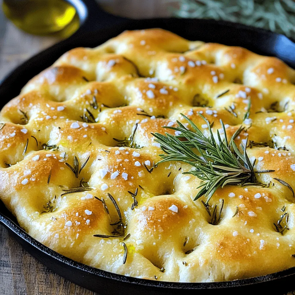 The ingredients for no-knead rosemary focaccia are simple and easy to find. Here’s what you need: - 3 cups all-purpose flour - 2 teaspoons sea salt - 1 teaspoon instant yeast - 1 ½ cups warm water - 2 tablespoons olive oil (plus additional for drizzling) - 2 tablespoons fresh rosemary leaves, finely chopped - Coarse sea salt for topping - Freshly cracked black pepper (optional) Using fresh ingredients makes a big difference in taste. I love using fresh rosemary because it adds a strong, savory flavor. The warm water is also key; it helps activate the yeast quickly. When measuring flour, spoon it into the cup and level it off. This gives you the right amount without packing it down. The olive oil adds richness. You can drizzle more on top before baking for extra flavor. These basic ingredients come together to create a delicious focaccia. Each one plays an important role in making your bread rise and taste great. In a large bowl, combine 3 cups of all-purpose flour, 2 teaspoons of sea salt, and 1 teaspoon of instant yeast. Whisk everything together well. This step mixes the dry ingredients evenly, which helps the dough rise nicely. Next, gradually pour in 1 ½ cups of warm water and 2 tablespoons of olive oil. Mix with a wooden spoon until you see a shaggy, sticky dough. This dough will be wet, which is perfect for no-knead bread. Now, fold in 2 tablespoons of finely chopped rosemary. Make sure it gets mixed in well. Cover the bowl with plastic wrap or a damp towel. Let the dough rise at room temperature for 12 to 18 hours. It should double in size and show bubbles on top. While the dough rises, preheat your oven to 425°F (220°C). Take a baking dish or a cast iron skillet and drizzle olive oil on the bottom. This helps the focaccia come out easily after baking. Once the dough has risen, scrape it onto a floured surface. Gently stretch it to fit the baking dish. Dimple the surface with your fingertips to make small indentations. This lets the olive oil soak in and adds texture. Let the focaccia rest for 20-30 minutes as the oven heats. Bake it for 20-25 minutes until it turns a lovely golden brown. It should sound hollow when tapped on the bottom. After baking, cool the focaccia on a wire rack. To get the best texture for your focaccia, use all-purpose flour. Measure it correctly. Use a kitchen scale if you have one. If you don’t, spoon flour into your measuring cup and level it off. This prevents too much flour, which can make the dough heavy. You can add more flavor to your focaccia. Try using fresh herbs like thyme or basil. You can also add toppings like sliced olives or sun-dried tomatoes. For a twist, sprinkle some cheese on top before baking. These additions can make your focaccia even tastier. One common mistake is over-mixing the dough. Mix just until you see no dry flour. Another mistake is not letting it rise enough. The dough needs to double in size. If it doesn't rise well, your focaccia will be dense and heavy. {{image_4}} You can make your focaccia even better with add-ins. Try adding cheese, olives, or garlic. Cheese like mozzarella or feta gives a nice touch. Olives add saltiness and depth. Garlic brings a wonderful aroma. Just add these ingredients when you mix in the rosemary. It’s that easy! If you need a gluten-free focaccia, you can swap out the flour. Use gluten-free flour blends instead. Look for blends that work for bread. They usually have a mix of different flours. Follow the same steps in the recipe. The dough may be a bit different, but the taste will still be great! You can also change the herbs in your focaccia. Try thyme, oregano, or basil for a new flavor. Fresh herbs pack a punch. If you like spice, add red pepper flakes. Mix these herbs in with the rosemary. This will make your focaccia unique and tasty! To keep your focaccia fresh, wrap it tightly in plastic wrap. You can also place it in a zip-top bag. Store it at room temperature for up to three days. If you want it to last longer, put it in the fridge. Just remember, the fridge can dry it out. To reheat focaccia, use an oven for the best results. Preheat the oven to 350°F (175°C). Place the focaccia directly on the oven rack or on a baking sheet. Heat for about 10-15 minutes. This method helps keep the bread soft and tasty. You can also use a microwave, but it may become chewy. If you choose the microwave, just warm it for 15-20 seconds. To freeze focaccia, first let it cool completely. Wrap it well in plastic wrap, then place it in a freezer bag. Label the bag with the date. Focaccia can be frozen for up to three months. When you’re ready to eat, thaw it in the fridge overnight. After thawing, reheat it in the oven for that fresh-baked taste. You can use active dry yeast instead. Just mix it with warm water first. Let it sit for about 5 to 10 minutes until it bubbles. This shows the yeast is active. You can also use fresh yeast. Use three times the amount of instant yeast. So, if you need 1 teaspoon, use 3 teaspoons of fresh yeast. Yes, you can. You can mix the dough the night before. Let it rise for 12 to 18 hours. This long rise helps build flavor. If you want to bake it later, you can put the dough in the fridge. This slows down the rise. Just take it out a few hours before baking. Allow it to come back to room temperature. Yes, focaccia is vegan! The key ingredients are flour, water, salt, and yeast. All these are plant-based. The olive oil adds flavor and moisture. Just make sure to use a vegan topping if you add cheese. Enjoy this bread fresh and warm, knowing it’s a great vegan treat! This blog post detailed how to make delicious focaccia from scratch. We covered key ingredients, step-by-step instructions, and tips for success. You can add your favorite flavors and avoid common mistakes. Remember to store your focaccia properly to enjoy it later. Experimenting with variations can keep your baking exciting. With these simple steps, you can create mouthwatering bread that impresses everyone. Enjoy your baking journey, and savor every warm, fluffy bite!