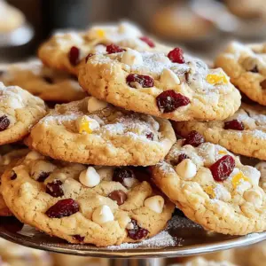 To make these delicious cookies, gather the following ingredients: - 1 cup unsalted butter, softened to room temperature - 1 cup packed brown sugar - 1/2 cup granulated sugar - 2 large eggs - 1 teaspoon pure vanilla extract - 2 1/2 cups all-purpose flour - 1 teaspoon baking soda - 1/2 teaspoon fine salt - 1 cup dried cranberries - 1 cup white chocolate chips For an extra burst of flavor, consider adding: - Zest of 1 orange This zest gives a fresh aroma and flavor to your cookies. If you want to try different options, consider these substitutions: - For dairy-free cookies, use vegan butter instead of regular butter. - You can replace eggs with flaxseed meal mixed with water (1 tablespoon flaxseed meal + 2.5 tablespoons water = 1 egg). - For gluten-free cookies, swap all-purpose flour for a gluten-free flour blend. These options keep the taste delicious while meeting different dietary needs. First, preheat your oven to 350°F (175°C). This helps the cookies bake evenly. Next, line your baking sheets with parchment paper. This keeps the cookies from sticking. In a large bowl, combine 1 cup of softened butter, 1 cup of brown sugar, and 1/2 cup of granulated sugar. Use an electric mixer to beat them together. Mix until the mixture is light and fluffy, which takes about 2-3 minutes. Crack in 2 large eggs, one at a time. Make sure to mix well after each egg. Then, add 1 teaspoon of pure vanilla extract. Mix until everything is combined. In another bowl, whisk together 2 1/2 cups of all-purpose flour, 1 teaspoon of baking soda, and 1/2 teaspoon of fine salt. Slowly add this dry mix to the wet mixture. Stir gently until just combined. Be careful not to overmix. Now, fold in 1 cup of dried cranberries and 1 cup of white chocolate chips. If you like, add the zest of 1 orange to bring an extra flavor. Ensure all mix-ins are evenly spread throughout the dough. Using a tablespoon, scoop out portions of dough. Drop them onto your prepared baking sheets. Leave enough space between each scoop, so the cookies have room to spread. Place the baking sheets in the oven and bake for 10-12 minutes. Look for light golden edges and set centers. Once done, take them out and let them cool on the sheets for about 5 minutes before moving them to wire racks. Enjoy your delightful cookies! To get a soft and chewy cookie, use room temperature butter. Cream it well with sugars until fluffy. This step adds air and lightens the dough. Also, don’t overmix after adding flour. Mixing just until combined keeps the cookies tender. When you mix in eggs, add them one at a time. This ensures they blend in well. Mix the vanilla with the eggs too. When adding dry ingredients, fold them in gently. This keeps your cookies from becoming tough. Let your cookies cool on the baking sheet for 5 minutes. This helps them set. Then, transfer them to a wire rack. Cooling completely allows flavors to deepen. Warm cookies taste great, but cooled ones hold their shape better. To serve your cookies nicely, use a tiered stand. This makes them eye-catching. You can also fill a clear jar with cookies. For a fancy touch, dust them with powdered sugar. It makes the cookies look special and inviting. {{image_4}} You can change the flavors in your cookies with different mix-ins. Try adding nuts like walnuts or pecans for crunch. If you love dark chocolate, swap white chocolate chips for dark ones. You can even mix in some dried cherries or raspberries for a fruity twist. Each option brings a new taste to your cookies. If you need gluten-free cookies, use almond flour or a gluten-free flour blend. This gives a nice texture while keeping the flavor. For nut-free options, just skip the nuts and double the cranberries or chocolate chips. You can also use sunflower seed butter instead of regular butter for a nut-free treat. To make your cookies more festive, add seasonal spices like cinnamon or nutmeg. Around the holidays, you can mix in candy cane pieces or use holiday-themed sprinkles for fun colors. Adding orange zest gives a fresh twist for spring or summer. These small changes can make your cookies fit any season! To keep your cranberry white chocolate cookies fresh, store them in an airtight container. This helps prevent air from making them hard. I like to place a slice of bread in the container. It adds moisture and keeps the cookies soft. Make sure to separate layers of cookies with parchment paper. This way, they won’t stick together. Freezing cookies is simple and effective. First, let them cool completely. Place the cookies in a single layer on a baking sheet. Freeze them for about two hours. Once frozen, transfer them to a freezer-safe bag. Remove as much air as you can. Label the bag with the date and type. Your cookies can stay fresh for up to three months in the freezer. To extend their freshness, avoid placing cookies near heat or sunlight. Store them in a cool, dark place. If you notice any cookies starting to harden, you can revive them. Just pop them in the microwave for a few seconds. For extra flavor, consider adding a piece of fruit peel, like an orange peel, to the container. It can give the cookies a lovely aroma and flavor. You can tell if the cookies are done by looking at the edges. They should be light golden brown. The centers may look a bit soft. A gentle touch will help you check if they feel set. If they spring back slightly, they are ready. I usually bake mine for 10-12 minutes. Remember, they will continue to cook a bit after you take them out. Yes, you can make the dough ahead of time! Just cover it tightly and store it in the fridge. It can stay fresh for up to three days. You can also freeze the dough. Scoop it into balls and freeze them on a baking sheet. Once frozen, transfer them to a bag. This way, you can bake fresh cookies anytime you want! If you have leftover cookies, there are many tasty options. You can store them in an airtight container. They stay fresh for about a week. You can also crumble them over ice cream for a fun dessert. Another idea is to use them in a cookie trifle. Layer the cookies with whipped cream and fruit for a sweet treat. Baking at high altitude can be tricky. You may need to make some changes. First, add a bit more flour to your dough. Start with an extra 2 tablespoons. You might also reduce the sugar slightly to avoid cookies that spread too much. If you notice your cookies are dry, try adding a tablespoon of water or milk. Keep an eye on your baking time, as it may vary. Adjusting these small details can help you bake perfect cookies! In this article, we explored key ingredients, from basic to optional options. I shared step-by-step instructions for baking beautiful cookies. You learned tips for the perfect texture and how to store cookies properly. I also covered fun variations and answers to common questions. Now, you’re ready to create delicious treats. Baking is about fun and experimenting. Enjoy each bite and share your cookies with others!