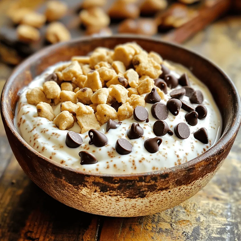 - 2 cups plain Greek yogurt - 1/4 cup almond flour - 1/4 cup brown sugar or coconut sugar - 2 tablespoons maple syrup - 1 teaspoon vanilla extract - 1/4 teaspoon salt - 1/2 cup mini chocolate chips - 1/4 cup walnuts, chopped - Additional mini chocolate chips or small cookie dough pieces for toppings You can switch plain Greek yogurt for any yogurt type you prefer. Use regular flour instead of almond flour if you don't have it. Brown sugar can be replaced with coconut sugar for a healthier option. If you want a sugar-free version, use a sugar substitute. For a nut-free version, omit the walnuts. You can also skip the chocolate chips if you want a lighter treat. To start, gather your ingredients. You will need: - 2 cups plain Greek yogurt - 1/4 cup almond flour - 1/4 cup brown sugar or coconut sugar - 2 tablespoons maple syrup - 1 teaspoon vanilla extract - 1/4 teaspoon salt - 1/2 cup mini chocolate chips - 1/4 cup walnuts, chopped (optional) - Additional mini chocolate chips or small cookie dough pieces for toppings (optional) In a large mixing bowl, combine the Greek yogurt, almond flour, brown sugar, maple syrup, vanilla, and salt. Mix until smooth and creamy. Make sure to break any lumps from the almond flour or sugar. This step is key for a nice texture. Once you have a smooth base, it’s time to fold in the fun stuff! Carefully add the mini chocolate chips and the chopped walnuts if you like them. Gently mix so the chocolate and nuts spread out evenly. Taste the mixture and see if you want it sweeter. If so, add a bit more maple syrup or brown sugar. Spoon the Greek yogurt mix into serving bowls. You can also use one large bowl for sharing. For the best flavor, cover and chill the yogurt in the fridge for at least 30 minutes. This gives the flavors a chance to blend together. When you’re ready to serve, you can sprinkle some extra mini chocolate chips or small cookie dough pieces on top. Serve it cold, and enjoy your tasty treat! To make your Greek yogurt smooth, mix well. Start with a large bowl. Add the Greek yogurt, almond flour, brown sugar, maple syrup, vanilla extract, and salt. Use a whisk to blend until creamy. If you find lumps, keep whisking until you smooth them out. This step ensures every bite feels rich and satisfying. Taste your mixture before serving. If it needs more sweetness, add extra maple syrup or brown sugar. Start with small amounts. Mix well and taste again. This way, you can control how sweet it is. You want it just right for your taste buds. Use clear glass bowls for a lovely look. Layer the yogurt mixture to show off the textures. Before serving, sprinkle more mini chocolate chips or walnuts on top. This adds a nice crunch and makes it look fancy. Cover and chill in the fridge for at least 30 minutes. Chilling helps the flavors blend and makes it cool and refreshing. {{image_4}} You can twist this recipe in fun ways. Try adding peanut butter for a nutty taste. Swapping almond flour with oat flour gives a different texture. You might also mix in some cinnamon for warmth. Want a fruity twist? Add mashed bananas or berries. Each change gives a unique flavor. To make this yogurt healthier, swap brown sugar with honey or stevia. You can lower calories by using low-fat Greek yogurt. Want more protein? Add a scoop of protein powder to the mix. Using unsweetened cocoa can make a chocolate version too. These swaps keep it yummy and nutritious. You can enjoy this recipe without dairy. Use coconut yogurt instead of Greek yogurt. For sweetening, maple syrup works great. Almond flour is already vegan-friendly, and you can add dark chocolate chips. This way, you still get that cookie dough flavor without any animal products. To keep your Chocolate Chip Cookie Dough Greek Yogurt fresh, store it in an airtight container. This will help prevent any odors from the fridge from seeping in. Always scoop out what you need with a clean spoon. This keeps bacteria from growing in the yogurt. If you want to enjoy it later, make sure to seal it well. When stored properly, this yogurt treat can last about 3 to 5 days in the fridge. The flavors may change a bit over time, so I recommend eating it within the first few days. If you notice any strange smells or changes in texture, it’s best to toss it. Yes, you can freeze this yogurt! Scoop it into ice cube trays or small containers. This makes it easy to grab a portion later. Just remember that freezing may change its texture. When you're ready to eat it, let it thaw in the fridge overnight. It might not be as creamy, but it will still taste great! Chocolate Chip Cookie Dough Greek Yogurt is a creamy, sweet treat. It combines Greek yogurt with cookie dough flavors. You get a rich mix of almond flour, brown sugar, and chocolate chips. This yogurt is fun and easy to make. It tastes like dessert but packs a protein punch. To make your yogurt creamier, try these tips: - Use full-fat Greek yogurt for a richer texture. - Whisk the mixture well to break down lumps. - Chill the yogurt longer in the fridge before serving. These steps help create a smooth, velvety consistency you will love. You can find Chocolate Chip Cookie Dough Greek Yogurt at many grocery stores. Check the dairy aisle for Greek yogurt brands. Some stores may have it in specialty sections too. If you can’t find it, making it at home is simple and fun! Yes, you can use substitutes if needed. Look for plain yogurt or dairy-free options like coconut yogurt. Just make sure they have a similar thickness. This way, you still get a tasty treat without losing the creamy goodness. This recipe offers many great health benefits: - High in protein from Greek yogurt - Healthy fats from almond flour and walnuts - Natural sweetness from maple syrup and brown sugar - A source of fiber if you include walnuts Enjoy this delicious yogurt as a nutritious snack or dessert! This blog post covered the key ingredients, step-by-step instructions, and helpful tips for making Chocolate Chip Cookie Dough Greek Yogurt. You learned about ingredient options, variations, and smart storage methods. Remember to make it your own with flavors and adjustments. Enjoy your creamy dessert and share it with others. You can make this tasty treat easy, fun, and healthy. Now, go ahead and whip up your cookie dough yogurt masterpiece!