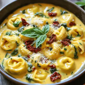 - 12 oz cheese tortellini (fresh or frozen) - 1 cup sun-dried tomatoes, chopped - 1 cup heavy cream - 1/2 cup chicken or vegetable broth - 3 cloves garlic, minced - 1 cup baby spinach - 1/2 teaspoon Italian seasoning - 1/4 cup freshly grated Parmesan cheese - Salt and freshly ground black pepper - 2 tablespoons extra virgin olive oil - Fresh basil leaves for garnish (optional) The key to this dish is the cheese tortellini. You can choose fresh or frozen, whichever you prefer. I love using sun-dried tomatoes because they add a rich, tangy flavor. Make sure they are not packed in oil for the best taste. Cream and broth create a smooth sauce that coats the tortellini perfectly. Garlic gives the dish a warm and inviting aroma. Spinach adds color and a touch of healthiness to the meal. Don’t forget the Italian seasoning; it ties all the flavors together. Finally, the Parmesan cheese adds a salty, nutty taste that makes everything come alive. I also recommend using high-quality olive oil. It enhances the flavors and keeps the dish fresh. Fresh basil is optional, but it adds a lovely touch when you serve the dish. Each ingredient plays a vital role, creating a hearty and satisfying meal. Start by filling a large pot with water. Add a good amount of salt. Bring the water to a rolling boil. Once boiling, add the cheese tortellini. Cook them according to the package instructions. You’ll know they are ready when they float to the top. Drain the tortellini and set them aside. Next, grab a large skillet and heat some extra virgin olive oil over medium heat. Once the oil is hot, add 3 cloves of minced garlic. Sauté for about 1 minute. Watch the garlic closely to avoid burning it. Burnt garlic can spoil the taste of your sauce. Now, pour in 1/2 cup of chicken or vegetable broth into the skillet. Follow this with 1 cup of heavy cream. Stir the mixture well to combine. Bring the sauce to a gentle simmer, keeping the heat on medium. This will help blend all the flavors together. Once your sauce is simmering, add 1 cup of chopped sun-dried tomatoes. Sprinkle in 1/2 teaspoon of Italian seasoning. Stir everything together. Let it simmer for about 5 minutes. This allows the flavors to mix and deepen. After simmering, toss in 1 cup of baby spinach. Cook until the spinach wilts, which should take about 2-3 minutes. Stir in 1/4 cup of freshly grated Parmesan cheese until it melts. This creates a rich, creamy sauce. Finally, gently fold the cooked tortellini into the sauce. Make sure every piece gets coated well. Adjust the taste with salt and freshly ground black pepper. To get the right sauce, you want it smooth and rich. Start by mixing the heavy cream with the broth. This mix gives a nice base. Heat it gently, so it simmers but does not boil. If it gets too thick, add more broth. If it’s too thin, let it cook longer. For flavor balance, add salt and pepper little by little. Taste as you go. This helps you find the perfect mix for your dish. When serving, use shallow pasta bowls. This makes the dish look fancy. Top with fresh basil leaves. A sprinkle of more Parmesan cheese adds flavor and style. You can pair this tortellini with a side salad or garlic bread. A crisp salad freshens up the meal. Garlic bread is great for soaking up the creamy sauce. Choosing the right tortellini matters. Fresh tortellini cooks quickly and tastes great. Frozen tortellini is handy and can be just as good. For sun-dried tomatoes, go for the ones not packed in oil. This keeps the flavor strong and prevents extra oil from making the sauce greasy. If you can, use fresh tomatoes for a brighter taste. {{image_4}} You can make this dish even greener! Swap in fresh veggies like zucchini or bell peppers. They add crunch and color. You can also use plant-based cream for a vegan option. This keeps the dish creamy without dairy. Want to boost the protein? Try adding cooked chicken or shrimp for extra flavor. Both pair well with the creamy sauce. If you prefer plant-based options, add chickpeas or tofu. They soak up the sauce nicely and keep you full. Fresh herbs can really brighten this dish. Try adding basil or parsley for a fresh twist. You can also mix in other cheeses, like goat cheese or mozzarella. Each cheese brings its own unique taste and creaminess. Enjoy experimenting! To store leftovers, place them in an airtight container. Make sure the dish cools first. This helps keep it fresh and tasty. In the refrigerator, it lasts about 3 to 4 days. When you reheat, check that it is hot all the way through. You can freeze this dish if you want to keep it longer. First, let the tortellini cool completely. Then, transfer it to a freezer-safe container. Be sure to leave some space for expansion. It can last up to 3 months in the freezer. When you want to eat it, thaw it in the fridge overnight. Reheat it gently on the stove or in the microwave. Add a splash of cream if it seems dry. Enjoy your creamy sun-dried tomato tortellini just like fresh! Preparing Creamy Sun-Dried Tomato Tortellini is quick and easy. - Prep Time: 10 minutes - Cooking Time: 15 minutes This means you can have a delicious meal ready in just 25 minutes! Yes, you can use store-bought tortellini. It saves time and is very convenient. Fresh or frozen tortellini works well. Look for cheese-filled varieties for the best taste. This dish pairs well with several sides. Here are some great options: - Garlic Bread: Perfect for soaking up the creamy sauce. - Side Salad: A fresh green salad adds a nice crunch. - Roasted Vegetables: They bring extra flavor and nutrition to your meal. These sides enhance your dining experience and make it even more enjoyable! Creamy Sun-Dried Tomato Tortellini brings together rich flavors and simple steps. The dish starts with cooking tortellini and sautéing garlic, then blends cream and broth for a rich sauce. Adding sun-dried tomatoes and spinach elevates the dish. Remember to try variations, from other veggies to proteins. Store leftovers properly for future meals. You'll impress guests with this comforting dish. It’s easy to make and fun to share. Dive into this recipe and enjoy the flavors!