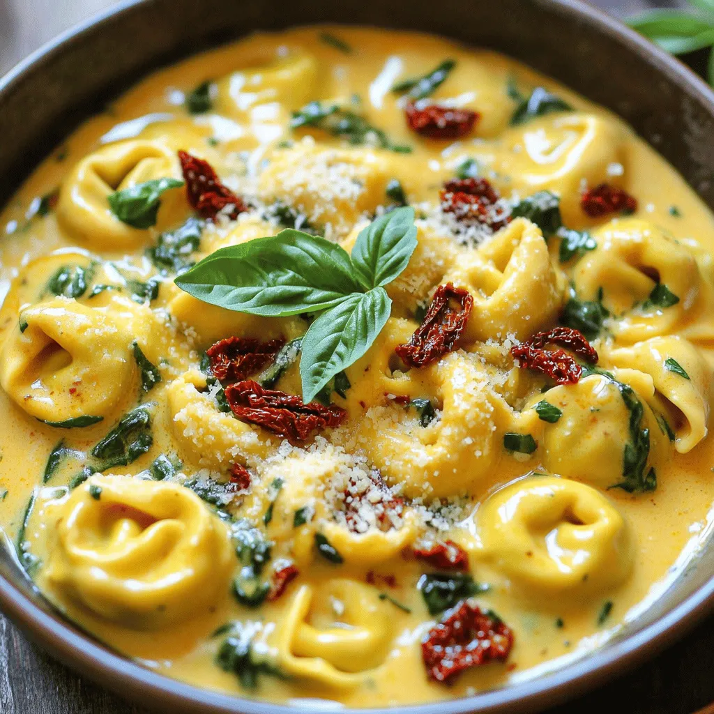 - 12 oz cheese tortellini (fresh or frozen) - 1 cup sun-dried tomatoes, chopped - 1 cup heavy cream - 1/2 cup chicken or vegetable broth - 3 cloves garlic, minced - 1 cup baby spinach - 1/2 teaspoon Italian seasoning - 1/4 cup freshly grated Parmesan cheese - Salt and freshly ground black pepper - 2 tablespoons extra virgin olive oil - Fresh basil leaves for garnish (optional) The key to this dish is the cheese tortellini. You can choose fresh or frozen, whichever you prefer. I love using sun-dried tomatoes because they add a rich, tangy flavor. Make sure they are not packed in oil for the best taste. Cream and broth create a smooth sauce that coats the tortellini perfectly. Garlic gives the dish a warm and inviting aroma. Spinach adds color and a touch of healthiness to the meal. Don’t forget the Italian seasoning; it ties all the flavors together. Finally, the Parmesan cheese adds a salty, nutty taste that makes everything come alive. I also recommend using high-quality olive oil. It enhances the flavors and keeps the dish fresh. Fresh basil is optional, but it adds a lovely touch when you serve the dish. Each ingredient plays a vital role, creating a hearty and satisfying meal. Start by filling a large pot with water. Add a good amount of salt. Bring the water to a rolling boil. Once boiling, add the cheese tortellini. Cook them according to the package instructions. You’ll know they are ready when they float to the top. Drain the tortellini and set them aside. Next, grab a large skillet and heat some extra virgin olive oil over medium heat. Once the oil is hot, add 3 cloves of minced garlic. Sauté for about 1 minute. Watch the garlic closely to avoid burning it. Burnt garlic can spoil the taste of your sauce. Now, pour in 1/2 cup of chicken or vegetable broth into the skillet. Follow this with 1 cup of heavy cream. Stir the mixture well to combine. Bring the sauce to a gentle simmer, keeping the heat on medium. This will help blend all the flavors together. Once your sauce is simmering, add 1 cup of chopped sun-dried tomatoes. Sprinkle in 1/2 teaspoon of Italian seasoning. Stir everything together. Let it simmer for about 5 minutes. This allows the flavors to mix and deepen. After simmering, toss in 1 cup of baby spinach. Cook until the spinach wilts, which should take about 2-3 minutes. Stir in 1/4 cup of freshly grated Parmesan cheese until it melts. This creates a rich, creamy sauce. Finally, gently fold the cooked tortellini into the sauce. Make sure every piece gets coated well. Adjust the taste with salt and freshly ground black pepper. To get the right sauce, you want it smooth and rich. Start by mixing the heavy cream with the broth. This mix gives a nice base. Heat it gently, so it simmers but does not boil. If it gets too thick, add more broth. If it’s too thin, let it cook longer. For flavor balance, add salt and pepper little by little. Taste as you go. This helps you find the perfect mix for your dish. When serving, use shallow pasta bowls. This makes the dish look fancy. Top with fresh basil leaves. A sprinkle of more Parmesan cheese adds flavor and style. You can pair this tortellini with a side salad or garlic bread. A crisp salad freshens up the meal. Garlic bread is great for soaking up the creamy sauce. Choosing the right tortellini matters. Fresh tortellini cooks quickly and tastes great. Frozen tortellini is handy and can be just as good. For sun-dried tomatoes, go for the ones not packed in oil. This keeps the flavor strong and prevents extra oil from making the sauce greasy. If you can, use fresh tomatoes for a brighter taste. {{image_4}} You can make this dish even greener! Swap in fresh veggies like zucchini or bell peppers. They add crunch and color. You can also use plant-based cream for a vegan option. This keeps the dish creamy without dairy. Want to boost the protein? Try adding cooked chicken or shrimp for extra flavor. Both pair well with the creamy sauce. If you prefer plant-based options, add chickpeas or tofu. They soak up the sauce nicely and keep you full. Fresh herbs can really brighten this dish. Try adding basil or parsley for a fresh twist. You can also mix in other cheeses, like goat cheese or mozzarella. Each cheese brings its own unique taste and creaminess. Enjoy experimenting! To store leftovers, place them in an airtight container. Make sure the dish cools first. This helps keep it fresh and tasty. In the refrigerator, it lasts about 3 to 4 days. When you reheat, check that it is hot all the way through. You can freeze this dish if you want to keep it longer. First, let the tortellini cool completely. Then, transfer it to a freezer-safe container. Be sure to leave some space for expansion. It can last up to 3 months in the freezer. When you want to eat it, thaw it in the fridge overnight. Reheat it gently on the stove or in the microwave. Add a splash of cream if it seems dry. Enjoy your creamy sun-dried tomato tortellini just like fresh! Preparing Creamy Sun-Dried Tomato Tortellini is quick and easy. - Prep Time: 10 minutes - Cooking Time: 15 minutes This means you can have a delicious meal ready in just 25 minutes! Yes, you can use store-bought tortellini. It saves time and is very convenient. Fresh or frozen tortellini works well. Look for cheese-filled varieties for the best taste. This dish pairs well with several sides. Here are some great options: - Garlic Bread: Perfect for soaking up the creamy sauce. - Side Salad: A fresh green salad adds a nice crunch. - Roasted Vegetables: They bring extra flavor and nutrition to your meal. These sides enhance your dining experience and make it even more enjoyable! Creamy Sun-Dried Tomato Tortellini brings together rich flavors and simple steps. The dish starts with cooking tortellini and sautéing garlic, then blends cream and broth for a rich sauce. Adding sun-dried tomatoes and spinach elevates the dish. Remember to try variations, from other veggies to proteins. Store leftovers properly for future meals. You'll impress guests with this comforting dish. It’s easy to make and fun to share. Dive into this recipe and enjoy the flavors!