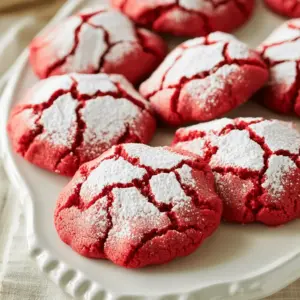 To make the best bakery-style red velvet crinkle cookies, gather these key ingredients: - 1 and 1/2 cups all-purpose flour - 1/2 cup unsweetened cocoa powder - 1 teaspoon baking powder - 1/2 teaspoon baking soda - 1/4 teaspoon salt - 1/2 cup unsalted butter, softened - 1 cup granulated sugar - 1 large egg - 1 tablespoon red gel food coloring - 1 teaspoon vanilla extract - 1/2 cup powdered sugar, for rolling Each ingredient plays a vital role. The flour gives structure to the cookie. Cocoa powder adds rich chocolate flavor. Baking powder and baking soda help the cookies rise. Salt enhances the sweetness. Softened butter creates a creamy texture. Sugar sweetens and helps with the crinkle look. The egg binds the mixture together. Red gel food coloring gives the cookie its signature hue. Vanilla extract adds depth to the flavor. The powdered sugar is key for that beautiful, crinkled finish. It coats the dough balls and creates a lovely contrast against the red. Now that you have your ingredients ready, you're one step closer to making these delightful cookies! To make red velvet crinkle cookies, start by gathering your ingredients. You need flour, cocoa powder, and sugar. Don’t forget the egg and red food coloring too. This recipe takes about an hour from start to finish. First, preheat your oven to 350°F (175°C). This ensures your cookies bake evenly. Line a baking sheet with parchment paper. In a bowl, mix the dry ingredients. Whisk together flour, cocoa powder, baking powder, baking soda, and salt. Set this bowl aside. In a separate bowl, beat the softened butter and granulated sugar. Use a mixer on medium speed until it’s fluffy. This takes about 2-3 minutes. Next, add the egg, red food coloring, and vanilla extract. Mix until everything is smooth. Then, slowly add the dry mix to the wet mix. Stir gently until blended. The dough should feel thick and sticky. Now, wrap the dough in plastic wrap. Chill it in the fridge for about 30 minutes. This step helps the cookies keep their shape when baking. After chilling, scoop out tablespoon-sized portions of dough. Roll each piece into a ball in your hands. Next, roll the dough balls in powdered sugar. Make sure they are fully coated. This sugar gives the cookies their signature crinkle look. Finally, place the dough balls on the baking sheet. Space them about 2 inches apart to allow them to spread. Now your dough is ready for the oven! To get those beautiful crinkles, coat your dough balls in powdered sugar. Make sure each ball is fully covered. This sugar will create a lovely contrast with the red color. Bake them at 350°F for 10-12 minutes. Watch for the tops to crack and look soft. This tells you they are done! Store your cookies in an airtight container. This keeps them soft and fresh. Place parchment paper between layers to prevent sticking. If you need to keep them longer, freeze them. Just make sure they are in a safe, sealed bag. One common mistake is overmixing the dough. This can lead to tough cookies. Mix just until the dry and wet ingredients combine. Another error is skipping the chilling step. Chilling helps the cookies hold their shape. Make sure to chill the dough for at least 30 minutes. {{image_4}} You can change the red velvet flavor to chocolate or vanilla. For chocolate, use more cocoa powder. Replace some flour with cocoa powder to keep the texture right. For vanilla, skip the cocoa and add more vanilla extract. You can also add a bit of almond extract for a twist. Each flavor keeps the soft texture and crinkle look, but offers a new taste. Add-ins can make these cookies even better. You can toss in chocolate chips for extra sweetness. Dark chocolate pairs well with the red velvet flavor. Nuts like walnuts or pecans add a nice crunch. You can also use white chocolate chips for a fun contrast. Just mix them in when you're adding the dry ingredients. You can make these cookies festive for the holidays. For Valentine’s Day, shape the dough into hearts. Use pink or white food coloring for a sweet touch. During Christmas, add peppermint extract or crushed candy canes. For Halloween, use orange food coloring and add some spooky sprinkles. These fun ideas make your cookies special for any occasion. To keep your cookies fresh, store them in an airtight container. This helps keep moisture in and air out. Place parchment paper between layers to prevent sticking. If you use a cookie jar, make sure it has a tight seal. Keep them at room temperature, away from heat and light. They’ll stay fresh for about a week. Freezing cookies is easy! To freeze your red velvet crinkle cookies, let them cool completely first. Then, arrange them in a single layer on a baking sheet. Freeze for about an hour until firm. Once firm, place them in a freezer bag. Remove as much air as possible before sealing. They can last up to three months in the freezer. To enjoy your frozen cookies, let them thaw at room temperature for about 30 minutes. If you prefer them warm, preheat your oven to 350°F (175°C). Place the cookies on a baking sheet and heat for 5-7 minutes. This will give you that fresh-baked taste again! Enjoy them with milk or your favorite drink. You will know the cookies are done when the edges are firm. They should look slightly soft in the middle. The tops will have that beautiful crinkle effect. If you touch the edges, they should feel set. Bake for about 10 to 12 minutes at 350°F. Yes, you can use liquid food coloring, but gel is better. Gel gives a richer color. It also requires less liquid, so your dough stays thick. If you use liquid, add a little more flour to keep the right texture. These cookies pair great with a glass of milk or hot chocolate. You can also serve them on a bright platter. A light dusting of powdered sugar adds a nice touch. They look festive and inviting! Absolutely! You can make the dough in advance. After mixing, wrap it in plastic. Chill it in the fridge for up to 3 days. When you’re ready, just scoop, roll, and bake. It’s that easy! We covered how to make delicious cookies from scratch. We talked about key ingredients, step-by-step instructions, and helpful tips. You can explore fun variations to fit every taste. Storing cookies properly helps keep them fresh for longer. Remember, baking can be fun and creative. With practice, you’ll master these recipes. Enjoy sharing your tasty treats with friends and family. Baking brings joy, and these cookies will surely impress.
