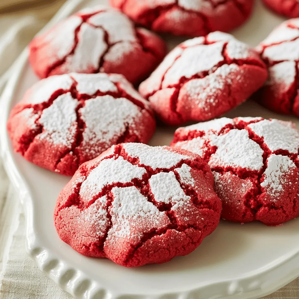 To make the best bakery-style red velvet crinkle cookies, gather these key ingredients: - 1 and 1/2 cups all-purpose flour - 1/2 cup unsweetened cocoa powder - 1 teaspoon baking powder - 1/2 teaspoon baking soda - 1/4 teaspoon salt - 1/2 cup unsalted butter, softened - 1 cup granulated sugar - 1 large egg - 1 tablespoon red gel food coloring - 1 teaspoon vanilla extract - 1/2 cup powdered sugar, for rolling Each ingredient plays a vital role. The flour gives structure to the cookie. Cocoa powder adds rich chocolate flavor. Baking powder and baking soda help the cookies rise. Salt enhances the sweetness. Softened butter creates a creamy texture. Sugar sweetens and helps with the crinkle look. The egg binds the mixture together. Red gel food coloring gives the cookie its signature hue. Vanilla extract adds depth to the flavor. The powdered sugar is key for that beautiful, crinkled finish. It coats the dough balls and creates a lovely contrast against the red. Now that you have your ingredients ready, you're one step closer to making these delightful cookies! To make red velvet crinkle cookies, start by gathering your ingredients. You need flour, cocoa powder, and sugar. Don’t forget the egg and red food coloring too. This recipe takes about an hour from start to finish. First, preheat your oven to 350°F (175°C). This ensures your cookies bake evenly. Line a baking sheet with parchment paper. In a bowl, mix the dry ingredients. Whisk together flour, cocoa powder, baking powder, baking soda, and salt. Set this bowl aside. In a separate bowl, beat the softened butter and granulated sugar. Use a mixer on medium speed until it’s fluffy. This takes about 2-3 minutes. Next, add the egg, red food coloring, and vanilla extract. Mix until everything is smooth. Then, slowly add the dry mix to the wet mix. Stir gently until blended. The dough should feel thick and sticky. Now, wrap the dough in plastic wrap. Chill it in the fridge for about 30 minutes. This step helps the cookies keep their shape when baking. After chilling, scoop out tablespoon-sized portions of dough. Roll each piece into a ball in your hands. Next, roll the dough balls in powdered sugar. Make sure they are fully coated. This sugar gives the cookies their signature crinkle look. Finally, place the dough balls on the baking sheet. Space them about 2 inches apart to allow them to spread. Now your dough is ready for the oven! To get those beautiful crinkles, coat your dough balls in powdered sugar. Make sure each ball is fully covered. This sugar will create a lovely contrast with the red color. Bake them at 350°F for 10-12 minutes. Watch for the tops to crack and look soft. This tells you they are done! Store your cookies in an airtight container. This keeps them soft and fresh. Place parchment paper between layers to prevent sticking. If you need to keep them longer, freeze them. Just make sure they are in a safe, sealed bag. One common mistake is overmixing the dough. This can lead to tough cookies. Mix just until the dry and wet ingredients combine. Another error is skipping the chilling step. Chilling helps the cookies hold their shape. Make sure to chill the dough for at least 30 minutes. {{image_4}} You can change the red velvet flavor to chocolate or vanilla. For chocolate, use more cocoa powder. Replace some flour with cocoa powder to keep the texture right. For vanilla, skip the cocoa and add more vanilla extract. You can also add a bit of almond extract for a twist. Each flavor keeps the soft texture and crinkle look, but offers a new taste. Add-ins can make these cookies even better. You can toss in chocolate chips for extra sweetness. Dark chocolate pairs well with the red velvet flavor. Nuts like walnuts or pecans add a nice crunch. You can also use white chocolate chips for a fun contrast. Just mix them in when you're adding the dry ingredients. You can make these cookies festive for the holidays. For Valentine’s Day, shape the dough into hearts. Use pink or white food coloring for a sweet touch. During Christmas, add peppermint extract or crushed candy canes. For Halloween, use orange food coloring and add some spooky sprinkles. These fun ideas make your cookies special for any occasion. To keep your cookies fresh, store them in an airtight container. This helps keep moisture in and air out. Place parchment paper between layers to prevent sticking. If you use a cookie jar, make sure it has a tight seal. Keep them at room temperature, away from heat and light. They’ll stay fresh for about a week. Freezing cookies is easy! To freeze your red velvet crinkle cookies, let them cool completely first. Then, arrange them in a single layer on a baking sheet. Freeze for about an hour until firm. Once firm, place them in a freezer bag. Remove as much air as possible before sealing. They can last up to three months in the freezer. To enjoy your frozen cookies, let them thaw at room temperature for about 30 minutes. If you prefer them warm, preheat your oven to 350°F (175°C). Place the cookies on a baking sheet and heat for 5-7 minutes. This will give you that fresh-baked taste again! Enjoy them with milk or your favorite drink. You will know the cookies are done when the edges are firm. They should look slightly soft in the middle. The tops will have that beautiful crinkle effect. If you touch the edges, they should feel set. Bake for about 10 to 12 minutes at 350°F. Yes, you can use liquid food coloring, but gel is better. Gel gives a richer color. It also requires less liquid, so your dough stays thick. If you use liquid, add a little more flour to keep the right texture. These cookies pair great with a glass of milk or hot chocolate. You can also serve them on a bright platter. A light dusting of powdered sugar adds a nice touch. They look festive and inviting! Absolutely! You can make the dough in advance. After mixing, wrap it in plastic. Chill it in the fridge for up to 3 days. When you’re ready, just scoop, roll, and bake. It’s that easy! We covered how to make delicious cookies from scratch. We talked about key ingredients, step-by-step instructions, and helpful tips. You can explore fun variations to fit every taste. Storing cookies properly helps keep them fresh for longer. Remember, baking can be fun and creative. With practice, you’ll master these recipes. Enjoy sharing your tasty treats with friends and family. Baking brings joy, and these cookies will surely impress.