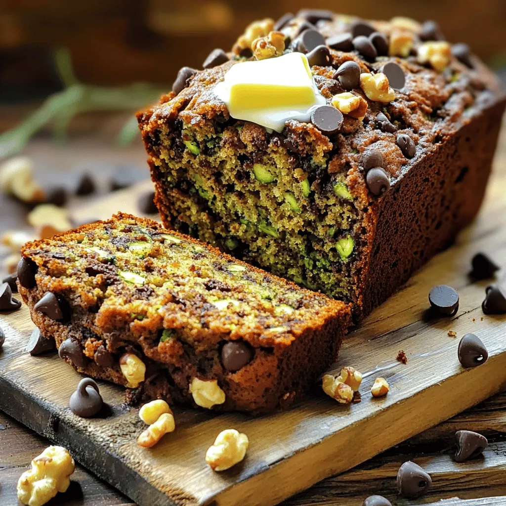 - 1 medium zucchini, finely grated - 1 cup all-purpose flour - 1/2 cup whole wheat flour Zucchini adds moisture and nutrition. Use fresh zucchini for the best taste. The mix of all-purpose and whole wheat flour gives the bread a nice texture. - 1/2 cup granulated sugar - 1/2 cup packed brown sugar - 1/2 cup vegetable oil Granulated sugar gives sweetness. Brown sugar adds a hint of caramel flavor. Vegetable oil keeps the bread moist and tender. - 1 teaspoon baking powder - 1/2 teaspoon baking soda - 1/2 teaspoon salt - 1 teaspoon ground cinnamon Baking powder and baking soda help the bread rise. Salt enhances flavors, while cinnamon adds warmth and spice. This blend creates a rich, inviting taste. First, preheat your oven to 350°F (175°C). This step is key for even baking. Next, take a 9x5 inch loaf pan. Lightly grease it or line it with parchment paper. This makes it easy to remove the bread later. In a large bowl, combine the finely grated zucchini with both sugars. Stir them together well. Let this mixture sit for about 10 minutes. This helps the zucchini release moisture. It makes your bread moist and tasty. In a separate bowl, whisk together the all-purpose flour, whole wheat flour, baking powder, baking soda, salt, and ground cinnamon. Mix these dry ingredients until they are evenly combined. This ensures that your bread rises properly and has great flavor. Now, add the vegetable oil, eggs, and vanilla extract to the zucchini mixture. Mix gently until everything is smooth. Gradually add the dry ingredients to the wet mixture. Fold them together carefully. Avoid overmixing; this keeps your bread light and fluffy. Finally, fold in the semi-sweet chocolate chips and walnuts if you want. This adds a nice crunch and rich flavor. Pour the batter into your prepared loaf pan. Smooth the top with a spatula to make it even. Place it in the preheated oven and bake for 50-60 minutes. Check for doneness by inserting a toothpick into the center. If it comes out clean, your bread is ready! Once the bread is baked, take the pan out of the oven. Let it cool in the pan for about 10 minutes. This helps it set. After that, carefully transfer the loaf to a wire rack. Allow it to cool completely. This final step makes sure your bread is perfect to slice and serve. To get the right texture in your chocolate chip zucchini bread, avoid overmixing the batter. Mix just until the dry and wet ingredients are combined. If you mix too much, the bread can turn out dense and tough. Also, it is key to measure the zucchini properly. Use a medium zucchini and grate it finely. This helps it blend well into the batter and keeps your bread moist. Think about adding spices or extracts to boost the flavor. A pinch of nutmeg or a splash of almond extract can make your bread sing. Adjusting the sweetness is also easy. If you prefer a less sweet bread, cut back on the sugar. To serve, slice the warm bread and add a smear of butter or cream cheese. This adds a nice touch and makes it even more delicious. For a beautiful display, arrange the slices on a rustic wooden board. Garnish with extra chocolate chips and a sprinkle of chopped walnuts. This not only looks great but also makes each slice a treat. {{image_4}} If you want a gluten-free version, you can easily substitute the all-purpose flour. Use a gluten-free flour blend instead. Make sure the blend has a good mix of starches and proteins for the best texture. This choice keeps the bread moist and delicious. For a vegan take, replace the eggs with flax eggs. To make a flax egg, mix 1 tablespoon of flaxseed meal with 2.5 tablespoons of water. Let it sit for five minutes until it thickens. You can also use applesauce or mashed bananas as substitutes. Swap the vegetable oil for coconut oil or any plant-based oil you like. You can add extra fun to your zucchini bread. Try mixing in chopped nuts like walnuts or pecans. You could also add dried fruits like raisins or cranberries for a sweet twist. If you love spices, consider adding nutmeg or ginger for more warmth. These additions make each bite even more exciting! To store your chocolate chip zucchini bread for short term use, let it cool completely. After cooling, wrap the bread in plastic wrap or aluminum foil. This keeps it fresh and moist. You can also place it in an airtight container. Stored this way, it stays good for about 2 to 3 days at room temperature. For longer-term storage, refrigerate the bread. Wrap it well in plastic wrap, then in aluminum foil. This prevents it from drying out. It can last up to a week in the fridge. If you want to freeze it, slice the bread first. Wrap each slice in plastic, then place them in a freezer bag. This makes it easy to grab a slice when you want one. The bread can stay in the freezer for about 3 months. When you’re ready to eat, thaw the slices in the fridge overnight or at room temp for a few hours. The best containers to keep your bread fresh are airtight ones. Glass or plastic containers work well. If you don’t have those, a resealable plastic bag is a good choice, too. Just make sure to squeeze out all the air before sealing. This helps keep your chocolate chip zucchini bread moist and delicious. Yes, you can use frozen zucchini. Just be sure to thaw it first. To thaw, place the zucchini in the fridge overnight. If you're short on time, you can use the microwave. Place it in a bowl and heat it in small bursts. Once thawed, squeeze out excess water using a clean towel. This helps keep your bread from getting too wet. The best way to check if the bread is fully baked is to use a toothpick. Insert the toothpick into the center of the loaf. If it comes out clean, your bread is done. If it has batter on it, bake for a few more minutes. Remember, every oven is a little different. So, keep an eye on your bread as it bakes. You can serve this bread with butter or cream cheese. They add a nice creaminess that pairs well with the sweetness. You can also enjoy it with a cup of tea or coffee. For a fun twist, try adding some fresh fruit, like berries, on the side. They add freshness and color to your plate. Chocolate chip zucchini bread can last for about 3 to 4 days at room temperature. Store it in an airtight container to keep it fresh. If you want to keep it longer, you can refrigerate it. In the fridge, it can last up to a week. You can also freeze it for about 2 to 3 months. Just wrap it tightly in plastic wrap, then foil. This way, you can enjoy it later! In this blog post, we covered how to make delicious chocolate chip zucchini bread. We discussed key ingredients like zucchini, flours, and various sweeteners. I provided clear, step-by-step instructions for mixing, baking, and cooling. You also learned tips for perfect texture, flavor enhancements, and creative variations, including gluten-free and vegan options. Finally, we reviewed storage methods to keep your bread fresh. Baking is fun and rewarding! Enjoy sharing this tasty treat with family and friends.