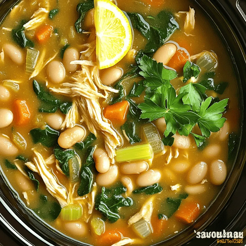 - 1 pound boneless, skinless chicken thighs - 2 cups vegetable broth - 1 can (15 oz) white beans (cannellini or great northern), rinsed and drained - 1 cup carrots, sliced - 1 cup celery, diced - 1 cup onion, chopped - 2 cups fresh spinach, roughly chopped - 3 cloves garlic, minced - 1 teaspoon dried thyme - 1 teaspoon dried oregano - 1 teaspoon smoked paprika - Salt and pepper to taste - 2 tablespoons olive oil - Juice of 1 fresh lemon - Fresh parsley, finely chopped, for garnish When making Slow Cooker Tuscan White Bean Chicken Stew, gather all your ingredients first. Each item plays a key role in the stew's flavor. Start with boneless, skinless chicken thighs. They keep the stew moist and tender. Next, grab two cups of vegetable broth for a rich base. You will need one can of white beans. Cannellini or great northern work well. They add creaminess and protein. Fresh vegetables enhance taste and nutrition. Have one cup each of sliced carrots, diced celery, and chopped onion ready. Don't forget fresh spinach! You will need two cups, roughly chopped. It adds color and nutrients. For flavor, use three cloves of minced garlic, dried thyme, and oregano. They bring a Tuscan vibe to your dish. Add one teaspoon of smoked paprika for a hint of warmth. Season with salt and pepper to suit your taste. Olive oil and lemon juice add richness and brightness. Lastly, fresh parsley makes a lovely garnish. This stew will be a crowd-pleaser! First, season the chicken thighs well. Use salt, pepper, and smoked paprika. Drizzle a teaspoon of olive oil on them. Heat a skillet over medium-high heat. Once hot, add the chicken. Sear for about 3-4 minutes on each side. Aim for a golden-brown color. This adds great flavor to your stew. After searing, transfer the chicken to your slow cooker. In the same skillet, add a splash of olive oil if needed. Next, add the chopped onions, sliced carrots, and diced celery. Sauté for 5-7 minutes. Stir occasionally until they soften. Then, add minced garlic, dried thyme, and oregano. Stir for another minute, letting the aroma fill your kitchen. Avoid burning the garlic; it can taste bitter. Now, add the sautéed vegetables to the slow cooker. Include the rinsed white beans and vegetable broth. Gently stir all the ingredients together. Make sure everything is mixed well and evenly distributed. Cover the slow cooker with its lid. Set it to cook on low for 6-8 hours. If you’re short on time, use the high setting for 3-4 hours. Cook until the chicken is tender and cooked through. About 15-20 minutes before serving, add the chopped spinach. Squeeze in the juice of one fresh lemon. Stir to combine. Re-cover the slow cooker and let the spinach wilt. This adds color and nutrition to the stew. Once cooking is done, carefully remove the chicken thighs. Use two forks to shred the chicken into bite-sized pieces. Return the shredded chicken back to the pot. Taste the stew and adjust the seasoning with salt and pepper if needed. Ladle the hearty stew into bowls. Finish with a sprinkle of freshly chopped parsley for a vibrant touch. Serve with crusty bread on the side for dipping. Consider drizzling a bit of extra olive oil on top for added richness. Searing the chicken is key. This step locks in juices and adds rich flavor. Use a hot skillet and olive oil to brown the chicken thighs. Season them well with salt, pepper, and smoked paprika before searing. This simple step makes a big difference. For herbs and spices, I love using thyme, oregano, and smoked paprika. These add depth and warmth. Feel free to mix in some fresh herbs, like basil or rosemary, for extra aroma. The right blend of spices really elevates the stew’s taste. Adjusting the cooking time is important for great texture. If you want it fast, set the slow cooker to high for about three hours. For a more tender stew, cook on low for up to eight hours. Just watch the chicken; it should shred easily when done. To avoid mushy vegetables, add them at the right time. Carrots and celery should go in at the start. Spinach is best added near the end, about 15-20 minutes before serving. This keeps it fresh and vibrant. You can pump up the stew's nutrition by adding more veggies. Try adding bell peppers, zucchini, or kale. These add color and texture. You can also use legumes like lentils for extra protein. For broth, choose low-sodium options. This way, you control the salt level. Homemade broth is a great choice if you have it. It adds a rich flavor without extra sodium. {{image_4}} You can switch the beans in this stew. Use black beans or kidney beans. Each type adds a new taste. If you want to swap the chicken thighs, use boneless chicken breasts. They will cook well, but may be a bit drier. For gluten-free options, check the broth label. Most are gluten-free, but some contain gluten. To make this stew vegetarian or vegan, just leave out the chicken. Add more beans or some tofu for protein. You can also add more veggies for texture. If you like heat, add red pepper flakes. Start with a pinch and taste as you go. You can also use fresh herbs instead of dried ones. Basil or rosemary adds a fresh twist. Mixing in different herbs keeps the stew exciting. Store your Tuscan White Bean Chicken Stew in airtight containers. This keeps it fresh. Use glass or plastic containers that seal well. Make sure to let it cool before sealing. This helps prevent condensation. You can keep it in the fridge for up to four days. For longer storage, freeze the stew. Divide it into smaller portions for easy reheating later. To reheat, use the stovetop or microwave. For the stovetop, warm it in a pot over low heat. Stir often to avoid burning. If you choose the microwave, heat in short bursts. Stir in between to distribute heat evenly. This way, you keep the flavor intact. Add a splash of broth if it seems thick. In the fridge, your stew lasts about four days. If frozen, it can stay good for up to three months. Always check for signs of spoilage. Look for off smells, changes in color, or mold. If you notice any of these, discard the stew right away. Yes, you can use dried beans. First, soak them overnight in water. This step softens the beans. After soaking, drain and rinse them. Cook dried beans in a pot of water for about an hour or until tender. Then, you can add them to the stew instead of canned beans. To add spice, try these options: - Add red pepper flakes for heat. - Use a spicy sausage instead of chicken. - Mix in diced jalapeños for a fresh kick. Start small, then taste as you go to find your perfect spice level. Yes, this stew is quite healthy. It has lean protein from chicken. The white beans provide fiber and plant protein. Fresh vegetables like carrots and spinach are full of vitamins. Using olive oil adds healthy fats. Overall, it’s a balanced meal that supports good health. Absolutely! You can make this stew on the stovetop. Use a large pot instead. Sear the chicken as before, then add vegetables and broth. Cook on medium heat for about 30-40 minutes. Alternatively, use an Instant Pot for quicker cooking. Set it to pressure cook for about 15 minutes. This blog post covers how to create a hearty chicken stew. We discussed key ingredients like chicken thighs, vegetables, and beans. You learned step-by-step how to prepare, cook, and serve this dish. Tips on enhancing flavors and variations for dietary needs also help you personalize the recipe. In conclusion, this stew is easy to make and full of flavor. Enjoy your cooking journey and make it your own!