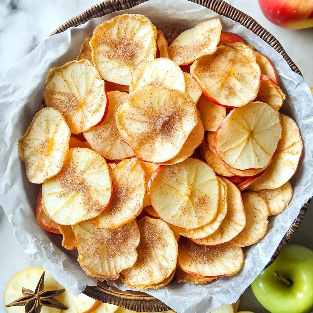 - 2 large apples (Fuji or Honeycrisp recommended) - 1 tablespoon granulated sugar - 1 teaspoon ground cinnamon - 1/4 teaspoon salt - Cooking spray or coconut oil To make Air Fryer Cinnamon Sugar Apple Chips, you need a few simple items. Start with two large apples. I love using Fuji or Honeycrisp apples. They bring great sweetness and crunch to the chips. Next, grab a tablespoon of granulated sugar. This will help sweeten the chips. You will also need one teaspoon of ground cinnamon for that warm, cozy flavor. A pinch of salt, about 1/4 teaspoon, adds depth to the taste. Lastly, have some cooking spray or a little coconut oil on hand. This will help your apple slices crisp up nicely in the air fryer. With these ingredients ready, you’re all set to create a delicious snack that everyone will enjoy. First, wash the apples under running water. This step is key to clean fruit. Next, core the apples. You can use a core remover or a knife. Then, slice the apples thinly. Aim for 1/8 inch thick slices. Thinner slices will give you a crunchier chip. In a small bowl, combine the sugar, cinnamon, and salt. Mix these ingredients well. You want a nice blend of sweet and spice. This blend will coat the apple slices beautifully. Take your sliced apples and place them in a large bowl. Lightly coat them with cooking spray or a drizzle of coconut oil. This helps the cinnamon sugar stick. Next, sprinkle the cinnamon sugar mixture over the apple slices. Toss gently to coat each slice. Make sure every piece gets that sweet spice. Now, it's time to preheat your air fryer. Set it to 320°F (160°C). This temperature is ideal for crisping without burning. Carefully lay the apple slices in a single layer in the basket. Do not overlap them; this ensures even cooking. Cook the apple slices for 10-15 minutes. Remember to shake the basket halfway through. This helps them crisp up nicely. Keep an eye on them, as cooking times can vary. You want them golden brown, not burnt. Once done, remove the chips and let them cool on a wire rack. They will get crunchier as they cool. To get that perfect crunch in your apple chips, slice the apples thinly. Aim for about 1/8 inch. The thinner the slices, the crispier they will be. I love using a mandoline slicer for this. It makes the task quick and easy. When cooking, monitor the time closely. Air fryers can vary in temperature. Start with 10 minutes and check. If they aren’t golden brown yet, add a few more minutes. Remember to shake the basket halfway. This helps them cook evenly. Want to add more flavor? You can sprinkle in some nutmeg or ginger for a warm twist. A drizzle of caramel after cooking can make them even more special. Try adding a pinch of cayenne for a spicy kick. Get creative; the options are endless! Serving your apple chips well makes them even more appealing. Use a decorative bowl lined with parchment paper. This adds a nice touch and keeps things tidy. Dust them lightly with extra cinnamon for flair. Add a few whole apple slices beside the chips for color. It makes a great snack or dessert display! {{image_4}} You can easily change the flavor of your apple chips. Try adding nutmeg or ginger to the cinnamon sugar mix. These spices bring warmth and depth. A pinch of either can make a big difference. Another fun idea is to drizzle your chips with caramel or chocolate. This gives a sweet twist to each bite. Just make sure to do it after the chips cool. This way, the toppings stick better. If you want to make the apple chips healthier, cut back on the sugar. You can use just half a tablespoon. The apple's natural sweetness shines through. For a vegan option, skip the sugar and use maple syrup instead. It adds a lovely flavor and keeps it plant-based. You can also use coconut oil for a great coating. This keeps your chips tasty and healthy. To keep your apple chips crisp, follow these tips: - Cool Completely: Let your apple chips cool fully before storing them. This step helps prevent moisture buildup. - Airtight Containers: Store the chips in airtight containers. Glass jars or plastic bins work well. This keeps air out and maintains crunch. - Avoid Humidity: Keep your containers in a cool, dry place. Humidity can make your chips soft and chewy. Homemade apple chips can last: - 1-2 Weeks: If stored properly in an airtight container, they stay fresh for about one to two weeks. - Longer Storage: For longer shelf life, consider freezing them. Just place them in a freezer bag. They can last up to six months in the freezer. Air-fried apple chips can last up to two weeks if stored correctly. Keep them in an airtight container at room temperature. This helps keep them crunchy and fresh. If you notice them getting soft, they may need a quick re-crisp in the air fryer. Yes, you can use many types of apples. Fuji and Honeycrisp are my favorites for their sweetness and crunch. Other good options include Granny Smith, Gala, or Pink Lady. Each apple type gives a different taste and texture. If your apple chips are not crispy, they might be too thick. Make sure to slice them thinly, about 1/8 inch. Also, check your air fryer settings. You may need to cook them a bit longer. Keep an eye on them to avoid burning. Yes, you can reheat leftover apple chips to restore their crunch. Simply place them back in the air fryer at 320°F (160°C) for a few minutes. This quick method makes them crispy again without losing flavor. This blog post covered how to make delicious air-fried apple chips. You learned about the ingredients, preparation steps, and tips for a perfect crunch. I shared flavor variations and how to store your chips for freshness. Now, it’s time to enjoy your homemade snacks. Experiment with spices and toppings to find your favorite twist. Making these apple chips is fun and rewarding. You can enjoy a tasty treat that is also healthy!
