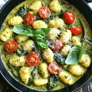 - 1 package (16 oz) gnocchi - 2 tablespoons olive oil - 1 cup heavy cream The gnocchi is the star of the dish. It adds a soft, pillowy texture. Use fresh or frozen gnocchi for the best results. The olive oil helps sauté the gnocchi. This gives them a nice, crispy edge. Heavy cream makes the sauce rich and smooth. It combines beautifully with the pesto to create a creamy delight. - 1 cup cherry tomatoes, halved - 1 cup fresh spinach, roughly chopped - Fresh basil leaves for garnish Cherry tomatoes bring sweetness to the dish. Halving them helps release their juices, enhancing flavor. Fresh spinach adds nutrition and color. It wilts quickly in the pan, making it easy to include. Don’t forget the fresh basil for garnish! It adds a pop of color and fresh aroma. - 1/2 cup basil pesto - 1/4 cup grated Parmesan cheese - Salt and pepper to taste Basil pesto is key for flavor. It adds a vibrant taste that pairs well with cream. Parmesan cheese brings a sharp, salty note. It melts beautifully, thickening the sauce. Adjust salt and pepper to your liking. This will elevate the overall taste of your creamy pesto gnocchi. - Heat 2 tablespoons of olive oil in a large skillet over medium heat. - Once the oil shimmers, add 1 package (16 oz) of gnocchi. - Sauté the gnocchi for 3 to 5 minutes. Stir occasionally until they are golden brown. - This step gives your dish a delightful crispy texture. - Add 1 cup of halved cherry tomatoes into the skillet. - Stir well and cook for 2 to 3 minutes. This softens the tomatoes and boosts flavor. - Now, mix in 1 cup of roughly chopped spinach. - Stir for about 1 minute until the spinach wilts down. This adds color and nutrition. - Pour in 1 cup of heavy cream and 1/2 cup of basil pesto. - Stir vigorously to combine all ingredients. This mixture should come to a gentle simmer. - Next, sprinkle in 1/4 cup of grated Parmesan cheese. - Mix thoroughly until the cheese melts into the sauce. - Allow the gnocchi to simmer in the rich sauce for 2 to 3 minutes. - This ensures the gnocchi heat through and soak up that creamy pesto flavor. - Taste your sauce and add salt and pepper to your liking. - Once ready, remove the skillet from heat and let it cool for a minute before serving. - Tips for cooking time: Cook the gnocchi for 3-5 minutes until golden. This gives a nice crisp. - Avoiding mushiness: Do not overcook the gnocchi. Keep an eye on them in the skillet. - Suggestions for pasta water: Use some reserved pasta water to thin the sauce if needed. It adds flavor. - Recommended cheese alternatives: You can try using Pecorino Romano or nutritional yeast for a twist. Both work well. - Presentation tips: Serve the gnocchi straight from the skillet. Garnish with fresh basil and extra cheese. - Pairing with sides: A crusty piece of bread pairs great. It helps soak up the creamy sauce. {{image_4}} You can add protein to your creamy pesto gnocchi. Chicken or shrimp work well. - Chicken: Cook bite-sized pieces in the skillet before adding gnocchi. This makes it hearty and filling. - Shrimp: Add shrimp after sautéing the gnocchi. Cook until they turn pink and tender. If you want vegan options, try chickpeas or lentils. They add protein and flavor without meat. Variations can make this dish your own. You can add different vegetables. - Bell Peppers: Add chopped bell peppers for sweetness and crunch. - Zucchini: Sauté sliced zucchini for a mild flavor and texture. For dairy-free substitutes, use coconut cream instead of heavy cream. Nutritional yeast can replace Parmesan cheese for a cheesy taste. You can add your own spin to this dish. Adding spices or herbs can change the taste. - Garlic Powder: Sprinkle garlic powder for extra flavor. - Red Pepper Flakes: Add a pinch for some heat. Using different pestos can also give new flavors. Try sun-dried tomato pesto or arugula pesto for a fresh twist. Each will bring its own unique taste to the creamy sauce. To store your creamy pesto gnocchi, let it cool first. Place it in an airtight container. This keeps the flavors fresh. The dish lasts about 3 to 5 days in the fridge. When you reheat it, add a splash of cream or water. This revives the creamy texture. You can freeze this dish if you want to save some for later. Portion it into freezer-safe containers. Make sure to leave some space for expansion. The gnocchi can last up to 3 months in the freezer. To reheat, let it thaw overnight in the fridge. Warm it in a skillet over low heat, adding a little cream for creaminess. For the best results, use glass or BPA-free plastic containers. These help keep your food safe and fresh. Always label your containers with the date. This way, you’ll know how long they’ve been in storage. Freshness matters, so check your leftovers before eating! Yes, you can use store-bought gnocchi. Store-bought gnocchi saves time and effort. It cooks quickly and works well in this recipe. Fresh gnocchi offers a softer texture and can taste better. However, both options shine in this meal. Choose what fits your schedule best. To make this dish dairy-free, swap the heavy cream for coconut cream or almond milk. You can use nutritional yeast in place of Parmesan cheese for a cheesy flavor. These substitutes keep the dish creamy while being dairy-free. Adjust the amount to match your taste. If the sauce is too thick, simply add a splash of pasta water or vegetable broth. Stir it in slowly until you reach your desired consistency. This keeps the sauce creamy without losing flavor. You can also add extra cream for more richness. Yes, this recipe is great for meal prep. Make a big batch and store it in airtight containers. It lasts for about three days in the fridge. Reheat it gently on the stove or in the microwave. You can also freeze portions for later meals. This blog post covered the key ingredients and steps to create a creamy gnocchi dish. We explored cooking techniques, helpful tips, and variations to customize your meal. Whether you want to add protein or make it vegetarian, there are many choices. Store your leftovers properly for future enjoyment. Remember, using good ingredients and techniques makes a great meal. Experiment with flavors, and enjoy your cooking journey!