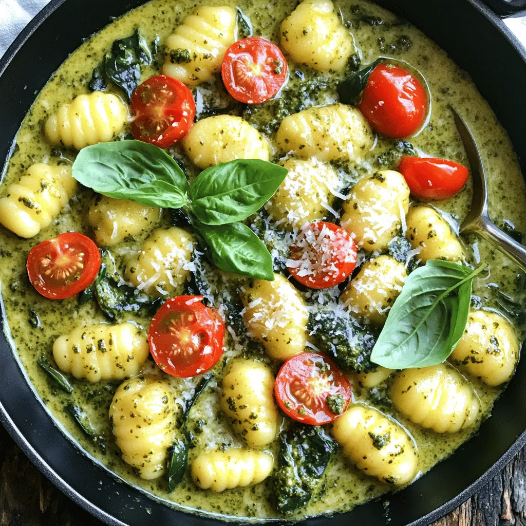 - 1 package (16 oz) gnocchi - 2 tablespoons olive oil - 1 cup heavy cream The gnocchi is the star of the dish. It adds a soft, pillowy texture. Use fresh or frozen gnocchi for the best results. The olive oil helps sauté the gnocchi. This gives them a nice, crispy edge. Heavy cream makes the sauce rich and smooth. It combines beautifully with the pesto to create a creamy delight. - 1 cup cherry tomatoes, halved - 1 cup fresh spinach, roughly chopped - Fresh basil leaves for garnish Cherry tomatoes bring sweetness to the dish. Halving them helps release their juices, enhancing flavor. Fresh spinach adds nutrition and color. It wilts quickly in the pan, making it easy to include. Don’t forget the fresh basil for garnish! It adds a pop of color and fresh aroma. - 1/2 cup basil pesto - 1/4 cup grated Parmesan cheese - Salt and pepper to taste Basil pesto is key for flavor. It adds a vibrant taste that pairs well with cream. Parmesan cheese brings a sharp, salty note. It melts beautifully, thickening the sauce. Adjust salt and pepper to your liking. This will elevate the overall taste of your creamy pesto gnocchi. - Heat 2 tablespoons of olive oil in a large skillet over medium heat. - Once the oil shimmers, add 1 package (16 oz) of gnocchi. - Sauté the gnocchi for 3 to 5 minutes. Stir occasionally until they are golden brown. - This step gives your dish a delightful crispy texture. - Add 1 cup of halved cherry tomatoes into the skillet. - Stir well and cook for 2 to 3 minutes. This softens the tomatoes and boosts flavor. - Now, mix in 1 cup of roughly chopped spinach. - Stir for about 1 minute until the spinach wilts down. This adds color and nutrition. - Pour in 1 cup of heavy cream and 1/2 cup of basil pesto. - Stir vigorously to combine all ingredients. This mixture should come to a gentle simmer. - Next, sprinkle in 1/4 cup of grated Parmesan cheese. - Mix thoroughly until the cheese melts into the sauce. - Allow the gnocchi to simmer in the rich sauce for 2 to 3 minutes. - This ensures the gnocchi heat through and soak up that creamy pesto flavor. - Taste your sauce and add salt and pepper to your liking. - Once ready, remove the skillet from heat and let it cool for a minute before serving. - Tips for cooking time: Cook the gnocchi for 3-5 minutes until golden. This gives a nice crisp. - Avoiding mushiness: Do not overcook the gnocchi. Keep an eye on them in the skillet. - Suggestions for pasta water: Use some reserved pasta water to thin the sauce if needed. It adds flavor. - Recommended cheese alternatives: You can try using Pecorino Romano or nutritional yeast for a twist. Both work well. - Presentation tips: Serve the gnocchi straight from the skillet. Garnish with fresh basil and extra cheese. - Pairing with sides: A crusty piece of bread pairs great. It helps soak up the creamy sauce. {{image_4}} You can add protein to your creamy pesto gnocchi. Chicken or shrimp work well. - Chicken: Cook bite-sized pieces in the skillet before adding gnocchi. This makes it hearty and filling. - Shrimp: Add shrimp after sautéing the gnocchi. Cook until they turn pink and tender. If you want vegan options, try chickpeas or lentils. They add protein and flavor without meat. Variations can make this dish your own. You can add different vegetables. - Bell Peppers: Add chopped bell peppers for sweetness and crunch. - Zucchini: Sauté sliced zucchini for a mild flavor and texture. For dairy-free substitutes, use coconut cream instead of heavy cream. Nutritional yeast can replace Parmesan cheese for a cheesy taste. You can add your own spin to this dish. Adding spices or herbs can change the taste. - Garlic Powder: Sprinkle garlic powder for extra flavor. - Red Pepper Flakes: Add a pinch for some heat. Using different pestos can also give new flavors. Try sun-dried tomato pesto or arugula pesto for a fresh twist. Each will bring its own unique taste to the creamy sauce. To store your creamy pesto gnocchi, let it cool first. Place it in an airtight container. This keeps the flavors fresh. The dish lasts about 3 to 5 days in the fridge. When you reheat it, add a splash of cream or water. This revives the creamy texture. You can freeze this dish if you want to save some for later. Portion it into freezer-safe containers. Make sure to leave some space for expansion. The gnocchi can last up to 3 months in the freezer. To reheat, let it thaw overnight in the fridge. Warm it in a skillet over low heat, adding a little cream for creaminess. For the best results, use glass or BPA-free plastic containers. These help keep your food safe and fresh. Always label your containers with the date. This way, you’ll know how long they’ve been in storage. Freshness matters, so check your leftovers before eating! Yes, you can use store-bought gnocchi. Store-bought gnocchi saves time and effort. It cooks quickly and works well in this recipe. Fresh gnocchi offers a softer texture and can taste better. However, both options shine in this meal. Choose what fits your schedule best. To make this dish dairy-free, swap the heavy cream for coconut cream or almond milk. You can use nutritional yeast in place of Parmesan cheese for a cheesy flavor. These substitutes keep the dish creamy while being dairy-free. Adjust the amount to match your taste. If the sauce is too thick, simply add a splash of pasta water or vegetable broth. Stir it in slowly until you reach your desired consistency. This keeps the sauce creamy without losing flavor. You can also add extra cream for more richness. Yes, this recipe is great for meal prep. Make a big batch and store it in airtight containers. It lasts for about three days in the fridge. Reheat it gently on the stove or in the microwave. You can also freeze portions for later meals. This blog post covered the key ingredients and steps to create a creamy gnocchi dish. We explored cooking techniques, helpful tips, and variations to customize your meal. Whether you want to add protein or make it vegetarian, there are many choices. Store your leftovers properly for future enjoyment. Remember, using good ingredients and techniques makes a great meal. Experiment with flavors, and enjoy your cooking journey!