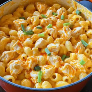 - 2 cups elbow macaroni - 1 lb boneless skinless chicken breast, cut into bite-sized cubes - 1 cup spicy buffalo sauce - 4 cups low-sodium chicken broth To make this dish, start with elbow macaroni. It cooks well and absorbs flavor. Next, use boneless, skinless chicken breast. Cut it into small cubes for quick cooking. Spicy buffalo sauce adds heat and tang. Adjust the amount to your taste. Low-sodium chicken broth keeps the dish moist without too much salt. - 1 cup sharp cheddar cheese, shredded - 1 cup mozzarella cheese, shredded - ½ cup cream cheese, softened Now, let’s talk cheese! Sharp cheddar cheese brings a bold flavor. Mozzarella cheese adds creaminess and stretch. Lastly, cream cheese makes the sauce rich and smooth. Mix these cheeses for a perfect blend. - 1 teaspoon garlic powder - 1 teaspoon onion powder - Salt and black pepper to taste - Chopped green onions for garnish Seasonings are key! Garlic powder and onion powder give depth to the flavors. Use salt and black pepper to enhance everything. For a fresh touch, add chopped green onions on top. They provide color and a mild onion flavor. First, heat the olive oil in a large pot over medium-high heat. Add the chicken cubes. Season them with salt, black pepper, garlic powder, and onion powder. Sauté the chicken for about 5-7 minutes. Look for a nice golden color and make sure it cooks all the way through. The chicken should reach an internal temperature of 165°F (75°C). This step gives your dish great flavor and texture. Once the chicken is cooked, lower the heat to medium. Pour the spicy buffalo sauce into the pot. Stir well to coat the chicken evenly. Let it cook for 2 minutes. This helps blend the flavors and adds that rich, tangy taste that makes this dish special. You can adjust the amount of sauce based on your spice preference. Next, carefully pour in the low-sodium chicken broth. Bring the mixture to a gentle boil. Be careful not to let it boil too hard. Add the elbow macaroni and stir to combine. Lower the heat and cover the pot. Cook for about 8-10 minutes, stirring occasionally. You want the pasta to be tender and absorb a good amount of the broth. When the pasta is cooked, reduce the heat to low. Mix in the softened cream cheese. Stir until it melts and becomes creamy. Gradually add the shredded cheddar and mozzarella cheese. Keep stirring until all the cheese melts into a smooth sauce. This is where the magic happens, turning your dish into a creamy delight. Taste your dish now. You may want to adjust the seasoning. Add more salt, black pepper, or buffalo sauce if needed. Once it tastes just right, it’s ready for serving. Scoop the Buffalo Chicken Mac & Cheese into bowls. For a pop of color, sprinkle chopped green onions on top. Enjoy this warm, cheesy meal! Using a deep pot or Dutch oven is key. It helps heat evenly and prevents spills. I love my Dutch oven for this dish. It holds all the ingredients well and cooks them nicely. Stirring is important too. I recommend stirring gently but often. It keeps the pasta from sticking and ensures even cooking. To boost the flavor, try adding more spices. Smoked paprika adds a nice touch. You can also use cayenne pepper for more heat. It’s all about finding the right balance. If the buffalo sauce is spicy, add cream cheese slowly. It will help tone down the spice and add creaminess. Serving your mac and cheese in fun bowls makes it pop. You can sprinkle extra cheese on top. Broil it for a minute to get a bubbly crust. It looks great and tastes even better! Adding chopped green onions not only adds color, but it also gives a fresh taste. You could even serve with celery sticks on the side for a crunchy contrast. {{image_4}} You can make this dish even more fun by swapping ingredients. Instead of using cubed chicken breast, try shredded rotisserie chicken. It saves time and adds great flavor. You can also mix up the cheese. If you want a sharper taste, use pepper jack cheese. For a creamier feel, go with gouda. Each swap brings a new twist to the dish. If you prefer less heat, look for mild buffalo sauce. You can also use a mix of buffalo sauce and ranch dressing for a creamier touch. For those who love it hot, add a few dashes of your favorite hot sauce. This will give your mac and cheese a nice kick without overpowering the flavors. Need gluten-free options? Choose gluten-free elbow macaroni. There are many good brands available now. If you're avoiding dairy, try dairy-free cheese. There are great cheese substitutes made from nuts or soy that melt well. These swaps make this dish friendly for various diets while keeping it delicious. To keep your Buffalo Chicken Mac & Cheese fresh, use airtight containers. Glass or plastic containers both work well. Make sure the food cools to room temperature before sealing. This helps prevent moisture buildup. Store it in the fridge for up to three days. If stored properly, you can enjoy the flavors for a while. When warming leftovers, I suggest using the stovetop for the best results. Place the mac and cheese in a pot over low heat. Stir in a splash of milk or broth to keep it creamy. Avoid using the microwave, as it can dry out the dish. Heat gently, stirring often, until warmed through and creamy. Yes, you can freeze Buffalo Chicken Mac & Cheese! Portion it into airtight containers before freezing. Be sure to leave some space at the top, as it will expand. It can last for up to three months in the freezer. To thaw, move it to the fridge overnight. Reheat it slowly on the stovetop, adding a little milk or broth for creaminess. You can serve a few tasty sides to balance your meal. Here are some great options: - Celery sticks: They add crunch and freshness. - Carrot sticks: These provide a sweet contrast. - Garden salad: A light salad can balance the creaminess. - Garlic bread: This brings a warm touch to the meal. Yes, you can make this dish ahead of time. Here are some tips: - Cook and cool: Prepare the dish and let it cool completely. - Store properly: Place it in an airtight container in the fridge. - Reheat slowly: When ready to eat, reheat it on low heat. This keeps it creamy. You can easily adjust the heat level. Here’s how: - For more spice: Add extra buffalo sauce or some cayenne pepper. - For less spice: Use a mild buffalo sauce or add cream cheese. This will tone down the heat. Yes, it works great for meal prep. Here are some best practices: - Portion out servings: Divide into single servings for easy access. - Use clear containers: This helps you see what you have ready. - Label with dates: Keep track of how fresh each meal is. Buffalo Chicken Mac & Cheese combines easy steps and tasty ingredients. You start with pasta, chicken, and spicy sauce, then blend in cheese. The end result is creamy and flavorful. Remember to adjust spices to suit your taste and consider alternative ingredients for variety. If you store leftovers right, they stay fresh for lunches later. Meal prep makes this dish even more fun. Enjoy cooking and get creative with your version of this comfort food classic!