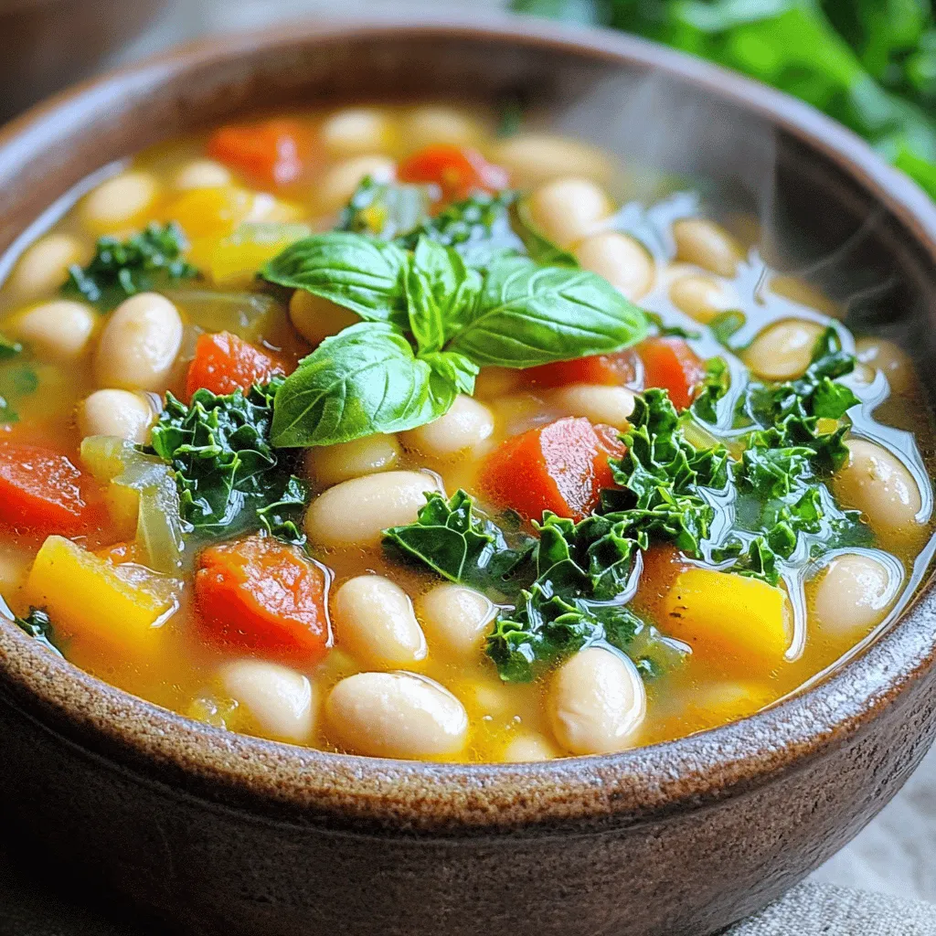 To make the Savory Slow Cooker Tuscan White Bean Soup, gather the following ingredients: - 2 cups dried cannellini beans, rinsed and soaked overnight - 2 tablespoons extra-virgin olive oil - 1 medium onion, diced - 4 cloves garlic, minced - 2 large carrots, diced - 2 celery stalks, diced - 1 can (14.5 oz) diced tomatoes, undrained - 6 cups vegetable broth - 2 teaspoons dried oregano - 1 teaspoon dried thyme - Salt and pepper, to taste - 2 cups kale, chopped (stems removed) - Juice of 1 lemon - Fresh basil leaves for garnish (optional) I love using dried cannellini beans in this soup. They give a rich creaminess that canned beans can't match. Soaking them overnight helps them cook evenly. The vegetables add flavor and texture. Diced onion, garlic, carrots, and celery blend well together. Canned tomatoes bring acidity and sweetness. I always use undrained tomatoes for extra flavor. Vegetable broth serves as the soup's base, making it hearty. Oregano and thyme add depth. You can adjust salt and pepper to your taste. Kale is a must for a pop of color and nutrients. Adding lemon juice at the end brightens the dish. For a finishing touch, sprinkle fresh basil on top. This soup is a warm hug in a bowl, perfect for any day! Soaking Cannellini Beans Start by rinsing your dried cannellini beans. Place them in a bowl and cover them with water. Let them soak overnight. This softens the beans and helps them cook evenly. Dicing and Sautéing Vegetables Next, dice your onion, carrots, and celery. Mince the garlic. If your slow cooker has a sauté mode, heat 2 tablespoons of olive oil in it. If not, use a skillet over medium heat. Add the diced onion and sauté for about 5 minutes until it becomes soft. Then, add the garlic, carrots, and celery. Sauté for another 3-4 minutes until the veggies soften a bit. This step builds the soup's base flavor. Adding Beans, Tomatoes, and Broth In the slow cooker, combine the soaked beans, one can of undrained diced tomatoes, and 6 cups of vegetable broth. Mix everything well to ensure even flavor throughout. Seasoning the Mixture Now, add 2 teaspoons of dried oregano, 1 teaspoon of dried thyme, and season with salt and pepper. Stir again. The herbs will deepen the soup's taste as it cooks. Setting the Slow Cooker Cover the slow cooker. Set it to cook on low for 8 hours. If you are short on time, you can set it to high for 4 hours. This slow cooking makes the beans creamy and tender. Adding Kale Before Serving About 30 minutes before you plan to eat, add 2 cups of chopped kale to the soup. Stir it in gently. This will give a nice color and nutrients to your dish. Just before serving, squeeze the juice of one lemon into the soup for a fresh kick. Taste and adjust the seasoning if needed. Enjoy your warm, hearty soup! Cooking Time Adjustments To get the best texture, follow the cooking times closely. If you want softer beans, cook on low heat for 8 hours. For firmer beans, use high heat for 4 hours. Check the beans near the end of cooking. They should be creamy but not mushy. Importance of Salt and Pepper Salt and pepper are key for flavor. Add salt at the start for better taste. Adjust it before serving. A sprinkle of fresh pepper adds a nice touch. Pairing with Bread This soup pairs well with crusty bread. A slice on the side makes it hearty. You can use sourdough or a baguette. Dip it in the soup for a tasty bite. Presentation Tips Serve the soup in deep bowls. A sprinkle of pepper on top looks nice. Add a few fresh basil leaves for color. It makes the dish feel special. Using Fresh Herbs Fresh herbs can boost the flavor. Try adding parsley or more basil. Add them right before serving for the best taste. They give a bright and fresh note. Substituting Ingredients Feel free to swap ingredients based on what you have. Use different beans if you like. You can also add spinach instead of kale. Just make sure to adjust cooking times as needed. {{image_4}} You can switch up the beans in this soup. Try using navy beans or pinto beans. Both work well and add a nice flavor. If you want more protein, add diced chicken or turkey. This will make the soup heartier and even more filling. Using seasonal vegetables can change the soup each time you make it. In the fall, add pumpkin or butternut squash. In the spring, use fresh peas or asparagus. Adjust the seasoning too. For summer, try adding fresh basil or parsley for a bright taste. In winter, extra thyme or rosemary can warm it up. To keep this soup vegan, check the broth. Make sure it is vegetable broth. This way, you stay true to vegan rules. For gluten-free soup, always read the labels on canned goods. Some might contain gluten. Using fresh ingredients helps ensure a gluten-free meal. To store leftovers, let the soup cool first. Place it in an airtight container. It can stay fresh in your fridge for about 4-5 days. Always label your container with the date. This way, you will know how long it has been stored. For reheating, pour the soup into a pot. Heat it on low to medium heat. Stir it often to avoid sticking. You can also use a microwave-safe bowl. Heat it in short bursts, stirring in between until it’s hot. You can freeze this soup for longer storage. First, let it cool completely. Then, pour it into freezer-safe containers. Leave some space at the top for expansion. It is best to use containers that seal tightly. When you want to eat the soup, take it out of the freezer. For thawing, place it in the fridge overnight. You can also use the microwave on a low setting. Just make sure to stir it often as it thaws. You can make this soup in a regular pot! To do this, follow these steps: - Soak the beans: Rinse and soak the cannellini beans overnight. - Sauté the veggies: In a pot, heat olive oil and sauté the onion, garlic, carrots, and celery. - Add ingredients: Mix in the soaked beans, tomatoes, broth, herbs, salt, and pepper. - Simmer: Bring it to a boil, then reduce heat. Cover and simmer for about 1-1.5 hours. Stir often until the beans are tender. This method gives you a rich flavor too. You just need to watch the time closely. To make your soup creamier, try these tips: - Blend some beans: After cooking, take a cup of the soup and blend it. Return it to the pot. - Add cream: Stir in a splash of heavy cream or coconut milk before serving. - Use a potato masher: Mash some beans in the pot with a potato masher for a thicker texture. These changes will give you a rich and smooth soup that tastes amazing! Reheating this soup is easy! Here’s how: - Stovetop: Pour the soup into a pot. Heat over medium, stirring often until hot. - Microwave: Place the soup in a microwave-safe bowl. Cover it and heat for 2-3 minutes, stirring halfway through. This soup keeps its flavor well. Just be sure to stir it while reheating for even warmth. Enjoy it again! In this blog post, we explored how to make Slow Cooker Tuscan White Bean Soup. We covered ingredients like dried cannellini beans, fresh veggies, and the right herbs. You learned step-by-step instructions for prep and cooking, plus tips for perfect texture and flavor. I shared ways to adapt the recipe for seasons and dietary needs. This soup is hearty and easy to enjoy with family or friends. Try it out and have fun with your own twists!