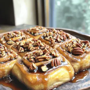 To make Sticky Pecan Cinnamon Buns, gather the following ingredients: - 2 ¼ teaspoons (1 packet) active dry yeast - ½ cup warm milk (at about 110°F) - ¼ cup granulated sugar - 1/3 cup unsalted butter, melted - 1 teaspoon vanilla extract - 1 large egg - 3 ½ cups all-purpose flour - 1 teaspoon salt - 1 teaspoon ground cinnamon - ½ cup packed brown sugar - 1 cup chopped pecans - ½ cup dark corn syrup - ½ cup unsalted butter (for sticky topping) - 1 tablespoon ground cinnamon (for filling) If you have allergies, here are some easy swaps: - Use almond milk instead of regular milk for a dairy-free version. - Replace unsalted butter with coconut oil for a dairy-free option. - For gluten-free buns, choose a 1:1 gluten-free flour blend. - Use maple syrup instead of dark corn syrup for a different taste and to avoid corn. Selecting fresh ingredients is key. Here are some tips: - Check yeast date: Make sure the active dry yeast is fresh and not expired. - Milk temperature: Warm milk should be about 110°F. Too hot will kill the yeast. - Look for smooth, shiny butter: It should feel cool and firm. - Choose firm, unbroken pecans: They should smell nutty and fresh. - Flour should be free of clumps: Look for a fine texture and a fresh smell. Using fresh ingredients makes a big difference in taste and texture. Enjoy your baking! Start by sprinkling the active dry yeast over the warm milk in a small bowl. Let it sit for 5-10 minutes. You want it to become frothy. This froth shows that your yeast is alive and ready to help your dough rise. In a separate bowl, mix the melted unsalted butter, granulated sugar, vanilla extract, and egg. Whisk until smooth. Once your yeast is frothy, fold it into the butter mixture. Stir well. Gradually add the all-purpose flour, salt, and ground cinnamon. Mix until your dough comes together. Transfer it to a floured surface and knead for about 5-7 minutes. The dough should feel smooth and elastic. Shape it into a ball, place it in a greased bowl, and cover it with a damp cloth. Let it rise in a warm spot for 1 hour or until it doubles in size. While the dough rises, prepare the sticky topping. In a saucepan, mix dark corn syrup and ½ cup of unsalted butter. Heat it on low, stirring until the butter melts and combines well. Pour this mixture into a greased 9x13 inch baking dish. Scatter the chopped pecans evenly over the syrup mixture. After your dough has risen, gently punch it down to release air. Roll it out on a floured surface into a rectangle, about ¼ inch thick. Spread softened butter over the dough. Then, sprinkle brown sugar and ground cinnamon on top. Starting from one long side, roll the dough tightly into a log. Cut the log into 12 equal buns. Place the buns into the prepared baking dish on top of the pecans and sticky mixture. Cover the dish and let them rise for another 30 minutes. Preheat your oven to 350°F (175°C) while the buns rise. Bake them for 25-30 minutes. They should turn golden brown and smell amazing. Once baked, let the buns cool for 5 minutes in the dish. Carefully invert the dish onto a serving platter. Watch the sticky pecan topping cascade over the buns. Enjoy this delightful treat warm! To get the best rise for your sticky pecan cinnamon buns, start with warm milk. The milk should be about 110°F, which helps activate the yeast. Mix the yeast with the warm milk and let it sit until it becomes frothy. This step shows that your yeast is alive and ready to work. After mixing in the other ingredients, knead the dough until smooth. Place it in a greased bowl, cover it with a damp cloth, and put it in a warm spot. The dough should double in size in about one hour. Using the right tools can make baking easier and more fun. Here are some tools I recommend: - Mixing bowls: One large for dough and one small for yeast. - Measuring cups and spoons: Accurate measurements are key. - Rolling pin: For rolling out the dough. - Baking dish: A greased 9x13 inch dish works best. - Sharp knife: For cutting the dough into buns. - Dough scraper: This helps to handle sticky dough. To serve your sticky buns, let them cool for just five minutes after baking. Then, invert the dish onto a platter to reveal that beautiful pecan topping. For extra flair, drizzle any sticky mixture left in the dish over the buns. You can also sprinkle more chopped pecans on top. Enjoy these warm, with a side of coffee or tea. They make a great treat for breakfast or brunch. {{image_4}} You can switch up the nuts in your sticky buns. Try using walnuts or hazelnuts instead of pecans. Chopped almonds add a nice crunch too. If you want a fruity twist, add raisins, apples, or cranberries. These fruits will add sweetness and flavor. If you love cakes, turn these cinnamon buns into a sticky bun cake. Instead of rolling the dough, press it into a round cake pan. Layer the sticky topping and nuts on the bottom. Bake until golden. This creates a fun dessert that’s easy to slice and share. For gluten-free buns, use a gluten-free flour blend. Make sure it has xanthan gum for best results. For a dairy-free option, substitute the milk with almond or oat milk. Use vegan butter instead of regular butter. These changes still give you soft, tasty buns everyone can enjoy. To keep your sticky pecan cinnamon buns fresh, store them in an airtight container. This helps prevent them from drying out. Place the container at room temperature for up to two days. If you want to keep them longer, refrigeration is not best. It can make the buns stale faster. Instead, choose freezing for longer storage. If you want to freeze the buns, first let them cool completely. Then, wrap each bun in plastic wrap. After that, place them in a freezer-safe bag or container. They can stay frozen for up to three months. When you want to eat them, remove as many as you need. It’s best to thaw them in the fridge overnight. To reheat your sticky buns, preheat your oven to 350°F. Place the buns on a baking sheet. Cover them with aluminum foil to keep them moist. Heat for about 10-15 minutes. If you want a softer bun, you can microwave them for about 15-20 seconds. Enjoy them warm for the best taste! Yes, you can make the dough a day in advance. Prepare it as usual, then place it in a greased bowl. Cover it well with plastic wrap and refrigerate. The next day, take it out and let it sit at room temperature for 30 minutes. This helps the dough rise better before you shape it into buns. Your buns are done when they turn golden brown on top. You can also check their internal temperature. It should reach about 190°F for perfect doneness. If they smell amazing and look puffy, they are likely ready to come out. Let them cool for a few minutes before serving. Leftover sticky topping can be used in many ways. Drizzle it over pancakes or waffles for an extra treat. You can also mix it into yogurt or oatmeal. It adds a sweet, nutty flavor that brightens up any dish. Just store it in a jar in the fridge for later use. Absolutely! Sticky pecan cinnamon buns make a delightful breakfast. They are sweet, warm, and filling, perfect for starting the day. Pair them with coffee or tea to enhance your morning routine. They can also work as a special treat on weekends or holidays. This blog post covered everything you need for sticky pecan cinnamon buns. We discussed essential ingredients, substitutions for allergies, and tips for selecting fresh items. I provided step-by-step instructions for making and baking your buns. You also learned how to ensure they rise perfectly and about delicious variations you can try. In the end, with proper storage and reheating tips, your buns will stay fresh. Enjoy making these tasty treats, and don’t hesitate to experiment! Your kitchen adventures start here.