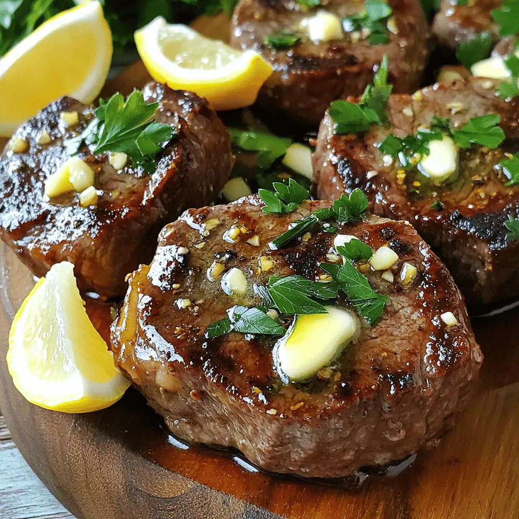 For skillet garlic butter steak bites, gather these key items: - 1 lb sirloin steak, cut into bite-sized pieces - 4 tablespoons unsalted butter - 5 cloves garlic, finely minced These ingredients create a rich and savory flavor. Sirloin steak gives a nice texture. The butter adds creaminess, while garlic brings a strong taste. You will need a few simple seasonings: - Salt and freshly ground black pepper, to taste - 1 teaspoon smoked paprika - 1 tablespoon fresh rosemary, finely chopped - 1 tablespoon fresh parsley, finely chopped - Juice of half a lemon Salt and pepper enhance the natural taste of the steak. Smoked paprika adds warmth. Fresh rosemary and parsley brighten the dish. Lemon juice gives a fresh kick at the end. For a lovely finish, consider these garnishes: - Extra chopped parsley - Lemon wedges Garnishing with parsley makes the dish look vibrant. Lemon wedges add a zesty touch. These simple extras elevate the presentation and flavor profile. First, take your sirloin steak and cut it into bite-sized pieces. This helps with cooking and eating. Next, season the steak. Use salt, black pepper, and smoked paprika. Toss the pieces well so the seasoning coats all sides. This step is key to getting great flavor. Grab a large, heavy skillet and melt 2 tablespoons of unsalted butter over medium-high heat. Wait until the butter is bubbling. Then, add the seasoned steak bites in a single layer. Don’t overcrowd the skillet; cook in batches if needed. Sear the steak for about 2-3 minutes on each side. Look for a golden-brown crust. Once done, transfer the steak to a plate. In the same skillet, lower the heat to medium. Add the remaining 2 tablespoons of butter and let it melt. Once melted, add the minced garlic. Sauté for about 1 minute. Stir frequently until the garlic is fragrant and slightly golden. Be careful not to burn it. Now, return the seared steak bites to the skillet. Toss them in the garlic butter for about a minute. This mixes the flavors well. Next, fold in the chopped rosemary, parsley, and the juice of half a lemon. Mix everything together so the steak bites get coated in all those fresh flavors. Once well mixed, remove the skillet from the heat. Serve the steak bites right away while they are still hot. For a nice look, place them on a wooden board or a white platter. You can add a sprinkle of parsley and some lemon wedges on the side. Enjoy your tasty dish! To get a great sear, use a heavy skillet. Cast iron works best. Heat the skillet on medium-high until hot. Add butter once it's ready. You want the butter to bubble. Avoid overcrowding the pan. Cook in batches if needed. This helps the steak brown well. Watch the time closely. Sear each side for 2-3 minutes. For medium-rare, aim for an internal temp of 130°F. Use a meat thermometer for accuracy. If you prefer it more done, cook a bit longer. Rest the meat for a few minutes after cooking. This keeps it juicy. Add more flavor by using herbs. Fresh rosemary and parsley work great. Feel free to try thyme or oregano too. A splash of balsamic vinegar can add depth. You can also toss in some chili flakes for heat. This makes your steak bites even more tasty! {{image_4}} If you like heat, add chili flakes or cayenne pepper. A teaspoon of either will give your steak bites a nice kick. Mix it in with the other seasonings before cooking. This brings out the flavors in the steak and makes each bite exciting. Herbs can change the taste of your steak bites. Try adding thyme, oregano, or basil for fresh flavors. You can mix these herbs in with the rosemary and parsley. This adds more depth to the dish and makes it smell amazing. You can easily make this dish healthier by adding vegetables. Bell peppers, onions, or mushrooms work great. Just slice them up and toss them in the skillet after you sear the steak. This adds color and nutrition to your meal. Plus, they soak up that rich garlic butter flavor, making everything even tastier. To keep your skillet garlic butter steak bites tasty, store them in an airtight container. Let the steak cool down first. You can keep them in the fridge for up to three days. Make sure to label the container with the date. This helps you keep track of freshness and avoid waste. When you want to enjoy your leftovers, use a skillet for the best results. Heat it on medium-low and add a bit of butter. Place the steak bites in the skillet. Heat for about 5-7 minutes, stirring occasionally. This helps them warm up nicely and keep their flavor. You can also use a microwave, but the skillet gives a better texture. If you want to save your steak bites for later, freezing is a great option. First, let them cool completely. Then, place them in a freezer-safe bag or container. Squeeze out any air to prevent freezer burn. They can last in the freezer for up to three months. When you are ready to eat, thaw them in the fridge overnight before reheating. Yes, you can use other cuts of steak. Ribeye and filet mignon work well, too. Each cut has its own flavor and texture. Ribeye gives a rich taste, while filet mignon is tender. Just remember to adjust cooking time based on thickness. Cut your steak into bite-sized pieces for even cooking. To get your steak bites just right, think about cooking time. For rare steak, sear for 2 minutes on each side. Medium-rare takes about 3 minutes per side. For medium, aim for 4 minutes per side. Use a meat thermometer to check. For rare, it should read 125°F. For medium-rare, look for 135°F, and for medium, 145°F. Several side dishes go well with steak bites. Here are some tasty options: - Garlic mashed potatoes - Creamy coleslaw - Roasted vegetables - Simple green salad - Crispy fries These sides balance the richness of the steak and add variety to your meal. Enjoy experimenting with different pairings! We’ve covered the key steps for making delicious skillet garlic butter steak bites. Start with the right ingredients and seasonings. Remember the cooking process for perfect bites. Use tips for a great sear and to avoid overcooking. Explore variations like spicy or herb-infused options and even add veggies. Store leftovers properly for future enjoyment. With these insights, you can create a meal that delights everyone. Enjoy your cooking journey!
