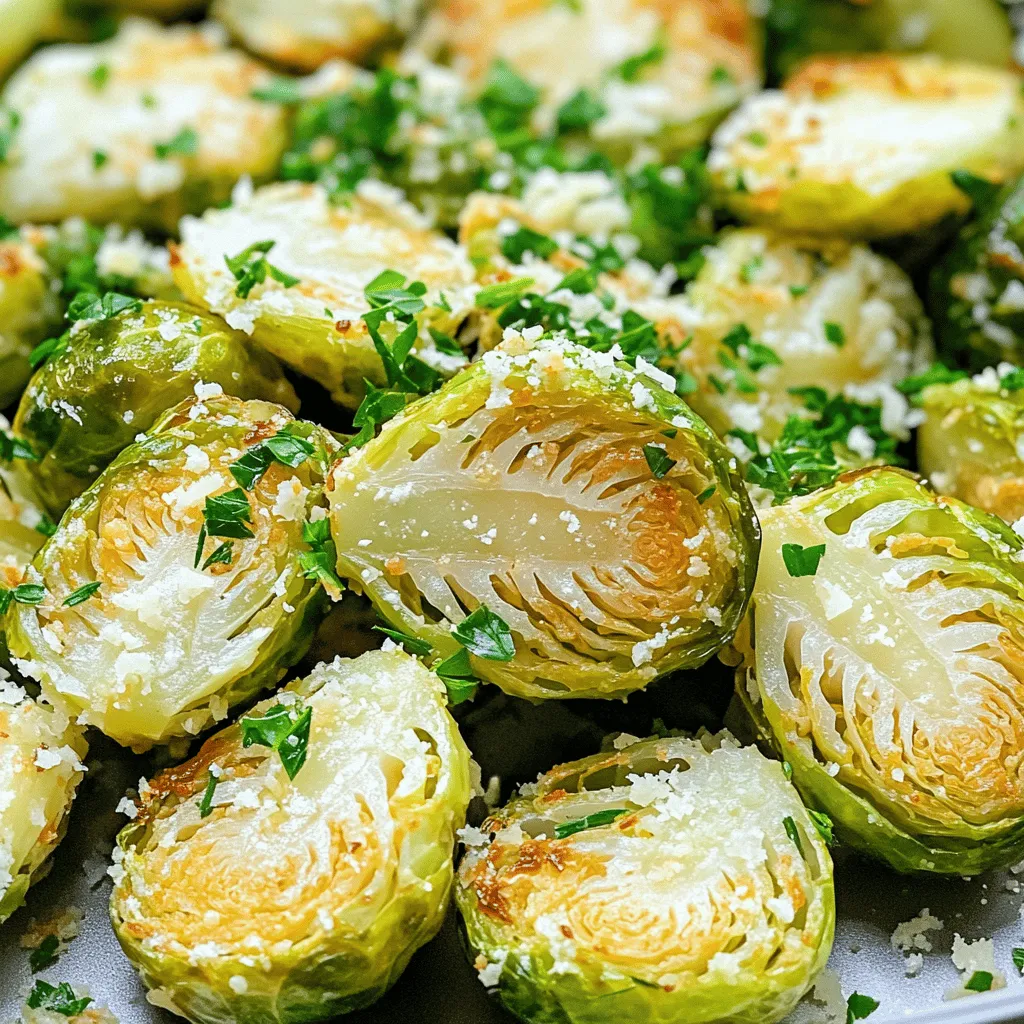 To make Air Fryer Garlic Parmesan Brussels Sprouts, you need a few simple items. These ingredients bring out the best flavors. Here’s what you will need: - 1 lb Brussels sprouts, trimmed and halved - 3 tablespoons olive oil - 4 cloves garlic, minced - 1/2 cup grated Parmesan cheese - 1 teaspoon dried Italian herbs (a blend of oregano, thyme, and basil) - Salt and freshly cracked black pepper to taste - Fresh parsley, finely chopped for garnish (optional) Gather these ingredients before you start cooking. They are essential for creating that crispy, flavorful dish. Each item plays a role in making the Brussels sprouts tasty and enjoyable. The olive oil helps them crisp up nicely, while the garlic adds a punch of flavor. Parmesan cheese gives a rich, salty taste that complements the sprouts perfectly. Feel free to mix in fresh herbs or spices if you want to customize the dish! Each ingredient can help you explore new flavors. Cooking is all about creativity, so have fun with it! Start by preheating your air fryer to 375°F (190°C). This takes about 5 minutes. Preheating helps the Brussels sprouts cook evenly. You want them to be crispy and golden. Take 1 pound of Brussels sprouts. Trim the ends and cut them in half. Place them in a large mixing bowl. Add 3 tablespoons of olive oil. Toss the sprouts gently until they are coated in oil. This step is key for a nice crunch. Next, add 4 cloves of minced garlic to the bowl. Then sprinkle in 1 teaspoon of dried Italian herbs. Add salt and freshly cracked black pepper to taste. Stir well to mix the garlic and herbs with the sprouts. Now, sprinkle 1/2 cup of grated Parmesan cheese over the mixture. Fold gently to coat the sprouts with cheese. This will create a tasty crust when cooked. Carefully arrange the Brussels sprouts in the air fryer basket. Make sure they are in a single layer. This allows hot air to circulate around them. If your air fryer is small, you may need to cook them in two batches. Air fry the Brussels sprouts for 15 to 18 minutes. Shake the basket halfway through cooking. This ensures even cooking and crispiness. You want them to turn a beautiful golden-brown color. Once done, remove the Brussels sprouts from the air fryer. Transfer them to a serving bowl. If you like, sprinkle some fresh chopped parsley on top for color and flavor. You can also drizzle a bit of olive oil and add more Parmesan for extra richness. Enjoy these delightful bites! To get crispy Brussels sprouts, you must not overcrowd the air fryer. Place the sprouts in a single layer. This allows hot air to circulate around each piece. If you have a lot, cook them in batches. Shaking the basket halfway through helps too. This ensures even cooking. Use high-quality olive oil for the best flavor. Extra virgin olive oil works great. It adds a rich taste and helps the sprouts crisp up. Avoid using flavored oils as they may clash with garlic and cheese. If you need a cheese swap, try Pecorino Romano. It has a similar texture and flavor but is saltier. Nutritional yeast is a good vegan option. It gives a cheesy flavor without the dairy. You can prep the Brussels sprouts in advance. Just toss them in olive oil and seasonings, then store in the fridge. Cook them fresh when you’re ready to eat. They stay tasty for up to one day. {{image_4}} You can switch up the cheese for more flavor. Try using pecorino or feta. Both add a nice twist. They bring a different saltiness that pairs well with the sprouts. If you want a creamier texture, consider using mozzarella. It melts beautifully and gives a gooey finish. A mix of cheeses can also work wonders. Brussels sprouts are great, but you can add more veggies for extra taste. Carrots or bell peppers work well. They roast nicely in the air fryer. Simply chop them into bite-sized pieces. Toss them in with the Brussels sprouts. This mix will give you a colorful dish that is fun to eat. If you like heat, add red pepper flakes to the mix. Just a pinch can lift the flavor. This extra kick makes the dish exciting. Adjust the amount based on your spice level. You can also add a splash of hot sauce before serving. This will give your Brussels sprouts a spicy twist that your guests will love. To keep your Air Fryer Garlic Parmesan Brussels sprouts fresh, let them cool first. Once cool, place them in an airtight container. You can store them in the fridge for up to 3 days. Make sure to separate any extra Parmesan cheese for best results. When you reheat the Brussels sprouts, aim for the best texture. I recommend using the air fryer again. Preheat it to 375°F (190°C) and air fry the sprouts for about 5-7 minutes. This method helps restore their crispiness. You can also use a skillet on medium heat. This way, you can get them warm while adding a bit of olive oil if needed. If you want to freeze the Brussels sprouts, it’s best to do this before cooking. First, blanch them in boiling water for 2-3 minutes. Then, quickly place them in ice water. Once cooled, spread them on a baking sheet and freeze. After they are frozen, store them in a freezer-safe bag. They can last up to 3 months. When ready to eat, air fry directly from frozen for a quick, tasty meal! Yes, you can use frozen Brussels sprouts. However, they may not get as crispy. Thaw them first and pat them dry. This helps remove excess moisture. To avoid burning, shake the basket halfway through cooking. This lets the sprouts cook evenly. Also, keep an eye on them during the last few minutes. These sprouts pair well with many dishes. Try them with grilled chicken, steak, or fish. They also work great as a side for pasta or risotto. Yes, this recipe is perfect for vegetarians. It uses only plant-based ingredients, plus cheese. Enjoy it as a side or a main dish. You can boost flavor by adding lemon juice or zest. A splash of balsamic vinegar adds depth. For a spicy kick, toss in some red pepper flakes. In this blog post, we explored how to make Garlic Parmesan Brussels Sprouts using simple ingredients. I shared easy steps for cooking them in an air fryer and offered tips to keep them crispy. You learned about variations and storage ideas, too. These sprouts are a tasty, healthy side dish that fits many meals. Try them with your favorite main course. They can make even the pickiest eaters enjoy veggies! Enjoy cooking and experimenting with this recipe.