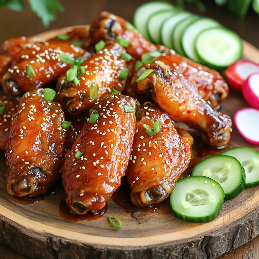 - 2 pounds chicken wings - 1/4 cup gochujang (Korean chili paste) - 2 tablespoons soy sauce - 2 tablespoons honey - 1 tablespoon rice vinegar - 2 cloves garlic, minced - 1 teaspoon fresh ginger, grated - Sesame seeds (for garnish) - Chopped green onions (for garnish) The main components of this dish make it truly special. The chicken wings offer a juicy base, while gochujang adds a spicy kick. Soy sauce brings depth to the flavor. For sweetness, honey works perfectly, balancing the heat. Rice vinegar adds a tangy note that enhances the overall taste. Garlic and ginger give it a fragrant touch, making every bite delicious. Garnishing with sesame seeds and green onions adds a crunch and fresh flavor. The contrast of colors also makes the dish visually appealing. These ingredients combine to create a bold flavor that shines through. - Mixing Ingredients In a large bowl, mix gochujang, soy sauce, honey, and rice vinegar. Add minced garlic, grated ginger, sesame oil, vegetable oil, salt, and black pepper. Whisk until smooth. This marinade gives the wings a bold flavor. - Combining Chicken Wings Add the chicken wings to the marinade. Make sure each wing is well coated. This step is key for deep flavor. - Covering and Refrigerating Cover the bowl with plastic wrap or a lid. Place it in the fridge. This helps the wings soak up the marinade. - Recommended Marination Time Marinate the wings for at least 1 hour. For best results, leave them overnight. Longer marination means more flavor. - Preheating the Oven Preheat your oven to 400°F (200°C). A hot oven ensures crispy wings. - Baking Instructions Line a baking sheet with parchment paper. Place the marinated wings in a single layer. Bake for 25-30 minutes, flipping them halfway through. This helps cook them evenly. - Final Broiling for Crispness Switch the oven to broil for 3-5 minutes. Keep an eye on them. This step makes the wings extra crispy. After baking, let the wings rest for a few minutes. This keeps them juicy and delicious. Top with sesame seeds and green onions before serving for a great look and taste. Importance of Marination Marination is key for great flavor. It lets the chicken soak up all the spices. Aim for at least one hour, but overnight is best. This time allows the wings to become really tasty. Using Quality Ingredients Quality matters in cooking. Use fresh chicken wings for the best taste. Gochujang gives your wings that strong, spicy kick. Choose a good brand for the best results. Fresh garlic and ginger add a nice zing too. Baking vs. Broiling Baking gives a nice cook, but broiling adds crisp. Start by baking the wings at 400°F. After baking, switch to broil for a few minutes. This step makes the skin crunchy and delicious. Tips for Even Cooking Arrange wings in a single layer on the baking sheet. Don’t let them touch. Flipping them halfway through helps them cook evenly. This way, every wing gets crispy and brown. Presentation Tips Use a colorful platter for serving. This makes your wings look more appealing. Drizzle some sauce on top for extra flavor. Add a sprinkle of sesame seeds and green onions for a fresh touch. Recommended Side Dishes Serve your spicy wings with cool sides. Sliced cucumbers or tangy pickled radishes work well. They balance the heat and refresh your palate. These sides make the meal more exciting! {{image_4}} You can make these wings just right for you. Start with mild spice. Use less gochujang (Korean chili paste) to keep it light. If you want medium heat, stick to the recipe. For hot wings, add more gochujang. Mix it with a bit of chili powder for extra kick. You can also swap the marinade. Try adding a splash of hot sauce for more spice. Or mix in some sriracha for a different flavor. Each change can make your wings unique. You can cook these wings in different ways. Oven-baking gives a nice crisp. Preheat to 400°F (200°C) and bake as the recipe shows. Flip them halfway for even cooking. Grilling adds a smoky taste. Marinate the wings and grill over medium heat. Cook them for about 20 minutes. Make sure to turn them often for even browning. If you have an air fryer, use it! Set it to 375°F (190°C). Cook for 25-30 minutes, flipping halfway. The wings will be crispy without much oil. These wings work great as an appetizer or main dish. Serve them with toothpicks for easy snacking. For a main course, pair with rice or noodles. Think about flavors that match. Serve with cooling cucumber slices. Pickled radishes also bring a nice crunch. You can even add a side of kimchi for a true Korean taste. - Storing in the Refrigerator: Place leftover wings in an airtight container. They keep well for up to three days. Make sure they cool down before sealing. - Freezing Instructions: For longer storage, freeze the wings. Wrap them in plastic wrap, then place in a freezer bag. They are good for up to three months. - Best Methods for Reheating: The oven is best for reheating wings. Preheat it to 350°F (175°C). Bake the wings for about 10-15 minutes. This way, they stay tasty. - Maintaining Crispiness: To keep wings crispy, do not cover them while reheating. Leaving them uncovered helps retain their crunch. - Recommended Storage Times: Store cooked wings in the fridge for up to three days. If frozen, enjoy them within three months. - Signs of Spoilage: If the wings smell off or have a strange color, do not eat them. Trust your senses to decide if they are still good. Yes, you can use frozen chicken wings. However, you need to thaw them first. To do this, place the wings in the fridge overnight. If you're short on time, submerge them in cold water for about an hour. Thawing ensures even cooking. Using frozen wings may change the cooking time. Bake them for 5-10 extra minutes. Always check their internal temperature. It should reach 165°F (74°C) for safe eating. If you don't have gochujang, try a mix of red chili paste and a bit of sugar. You can also use sriracha, but it will taste different. Adjust the amount based on your spice preference. For a milder option, consider using sweet chili sauce. This will change the flavor, making it sweeter. Always taste and adjust the other ingredients to balance the new flavors. To make these wings healthier, try baking instead of frying. Baking allows the fat to drip away from the wings. It results in less grease and fewer calories. You can also use lower-calorie ingredients. For example, substitute honey with agave syrup or a sugar substitute. Use less oil in the marinade or skip it entirely. This way, you keep the flavor while cutting calories. In this guide, I shared how to make delicious chicken wings using key ingredients like gochujang and soy sauce. You learned about marinating, cooking techniques, and tips for extra crispiness. Remember that quality ingredients and proper marination are key for great flavor. Explore variations to suit your taste, and don't forget to store leftovers properly. With these tips, your wings will be a hit whether as an appetizer or a main dish. Enjoy your cooking adventure and savor every bite!