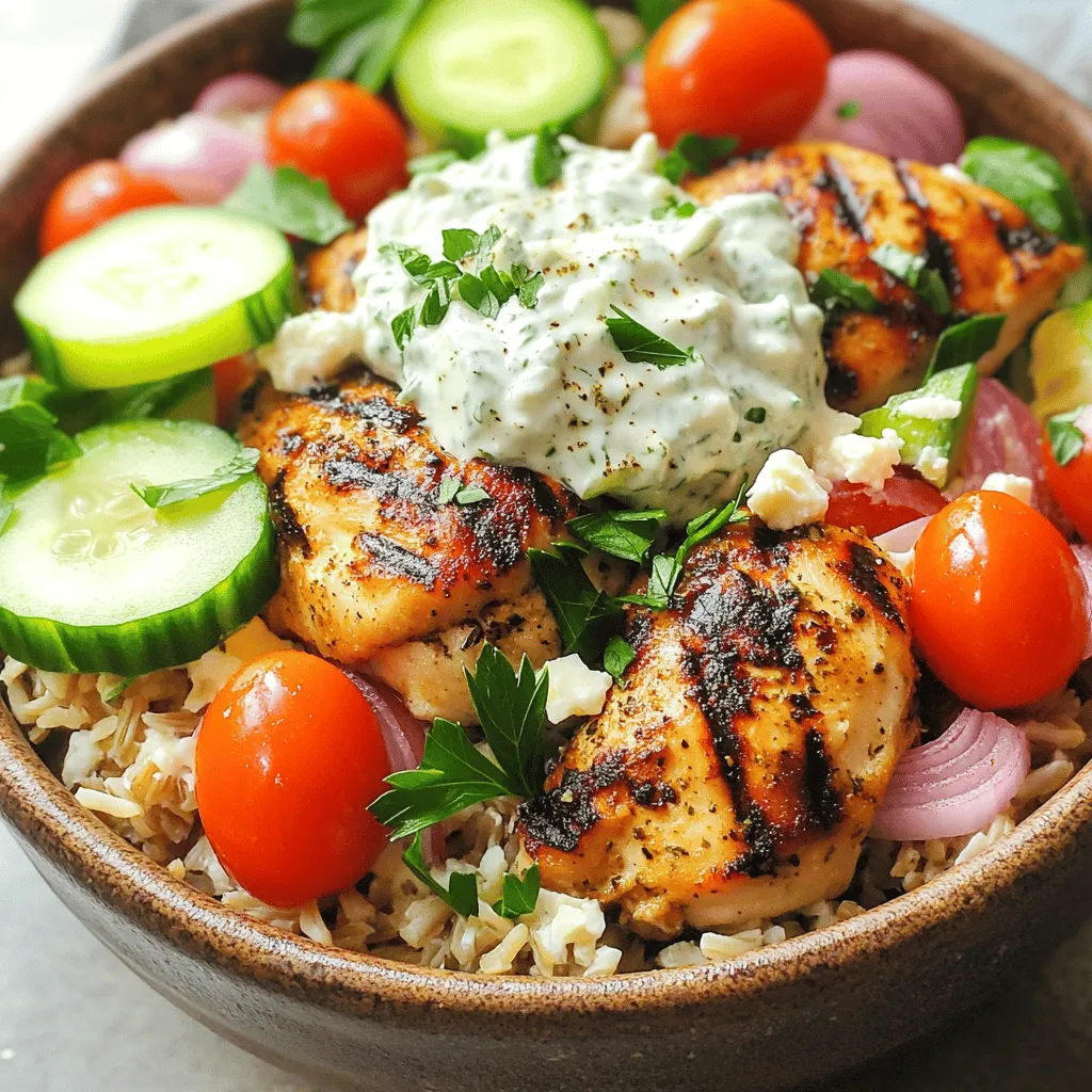 - 1 lb boneless, skinless chicken thighs - 2 tablespoons extra virgin olive oil - 1 cup cooked brown rice or quinoa - 1 cup tzatziki sauce - Fresh parsley and feta cheese (for garnish) - 2 teaspoons dried oregano (preferably Greek) - 1 teaspoon garlic powder - 1 teaspoon onion powder - 1 teaspoon smoked paprika - Salt and black pepper to taste - Juice of 1 large lemon - 1 cup cherry tomatoes, halved - 1 medium cucumber, diced - 1/2 medium red onion, thinly sliced This list of ingredients makes for a vibrant and fresh dish. The chicken thighs bring juicy flavor, while the olive oil adds richness. Using brown rice or quinoa gives the bowl a hearty base. Tzatziki sauce is key here, providing creamy coolness. For seasoning, Greek oregano shines through. Garlic and onion powders add depth. Smoked paprika brings warmth, while lemon juice brightens the mix. Salt and pepper tie it all together. Fresh veggies add crunch. Cherry tomatoes offer sweetness, and cucumbers refresh the palate. Red onions bring a slight bite. Together, they create a colorful and tasty bowl that’s both filling and healthy. - Whisk together 2 tablespoons of olive oil, 2 teaspoons of oregano, 1 teaspoon of garlic powder, 1 teaspoon of onion powder, 1 teaspoon of smoked paprika, the juice of 1 lemon, salt, and pepper. - Coat 1 pound of chicken thighs in the marinade. Cover and refrigerate for at least 30 minutes. For best flavor, marinate for up to 2 hours. - Preheat your grill or skillet over medium-high heat. - Grill the chicken for 5-7 minutes on each side. Look for a golden-brown crust and ensure it is cooked through. - Once done, let the chicken rest for 5 minutes. This helps keep it juicy. Slice the chicken into strips after resting. - Start by distributing 1 cup of cooked brown rice or quinoa into your bowls. - Layer the sliced chicken on top of the rice or quinoa. Add 1 cup of halved cherry tomatoes, 1 diced cucumber, and 1/2 sliced red onion. - Drizzle each bowl with 1 cup of tzatziki sauce. Garnish with fresh parsley and crumbled feta cheese if you like it. Enjoy creating these Greek Chicken Gyro Bowls! They are fresh, flavorful, and fun to make! For great flavor, always use a fresh marinade. I mix olive oil, oregano, garlic powder, onion powder, smoked paprika, lemon juice, salt, and pepper. This blend brings out the best in chicken. Marinate the chicken for at least 30 minutes. For even better results, let it sit for up to 2 hours. This soak gives the chicken a chance to absorb all those tasty spices. Get your grill or skillet hot before cooking. Aim for medium-high heat. This helps to create a nice golden-brown crust on the chicken. Cook the chicken for about 5-7 minutes on each side. You know it’s done when the inside reaches 165°F. I use a meat thermometer to check. After cooking, let the chicken rest for 5 minutes before slicing. This step keeps it juicy and tender. Greek Chicken Gyro Bowls pair well with many sides. Try a simple Greek salad with cucumbers, tomatoes, and olives. You can also serve warm pita bread on the side. Another option is to include roasted vegetables or a light soup. These sides enhance the meal and offer fresh flavors. Enjoy your tasty creation! {{image_4}} If you want a gluten-free option, try quinoa instead of brown rice. Quinoa is light and tasty. You can also use rice that is marked gluten-free. For protein, consider using tofu or chickpeas. Tofu absorbs flavors well and adds a nice texture. Chickpeas provide protein and fiber, making your meal hearty. To change up the flavor, add spices like cumin or coriander. These spices will give your dish a warm kick. You can also try adding fresh herbs like dill or mint for brightness. Seasonal vegetables, such as bell peppers or zucchini, add freshness. They also bring in more color, making your bowl look vibrant. You can turn your bowls into wraps using pita bread. Just place the filling in the pita and roll it up. This makes it easy to eat on the go. For meal prep, assemble your bowls without the sauce. Pack the tzatziki sauce separately to keep everything fresh. This way, you can enjoy tasty Greek Chicken Gyro Bowls whenever you want! To keep Greek Chicken Gyro Bowls fresh, store leftovers in airtight containers. This prevents moisture loss and keeps flavors intact. You can keep them in the fridge for up to three days. Make sure to separate the tzatziki sauce from the other ingredients. This will keep your chicken and veggies crisp. If you want to freeze your Gyro Bowls, use freezer-safe containers. Glass or heavy-duty plastic containers work well. You can freeze them for up to three months. To defrost, place the container in the fridge overnight. When ready to eat, reheat in the microwave or on the stove. The best way to reheat is gently on the stove. Use a skillet over medium heat for even warming. Stir occasionally to maintain texture. For the tzatziki sauce, add a little yogurt or lemon juice. This will refresh its taste and texture. Enjoy your flavorful meal just like the first time! To make tzatziki, you need: - 1 cup Greek yogurt - 1 medium cucumber, grated and drained - 2 cloves garlic, minced - 1 tablespoon olive oil - 1 tablespoon lemon juice - Salt to taste 1. In a bowl, mix the Greek yogurt with the grated cucumber. 2. Add the minced garlic, olive oil, and lemon juice. 3. Stir well and season with salt. 4. Chill for at least 30 minutes before serving. This sauce is cool and creamy. It pairs perfectly with Greek Chicken Gyro Bowls. Yes, you can use other meats. Good options include: - Pork: Cook for about 6-8 minutes per side. - Beef: Cook for about 5-7 minutes per side. - Lamb: Cook for about 7-9 minutes per side. Each meat adds a unique flavor. Adjust the cooking time until the meat is well done. Yes, this recipe works great for meal prep. Here are some tips: - Cook chicken and grains in advance. - Store ingredients separately to keep them fresh. - Assemble bowls the night before. You can enjoy a fresh meal throughout the week. Just reheat the chicken before serving. You can enhance your meal with these sides: - Greek salad with feta and olives. - Roasted vegetables like zucchini and bell peppers. - Pita bread with hummus. These sides add flavor and texture. They make your meal more filling and delicious. You learned how to make Greek Chicken Gyro Bowls with ease. We covered ingredients, cooking tips, and flavor variations. This dish is healthy and customizable, making it perfect for meal prep. Remember, marinating and grilling are key for great flavor. Enjoy your bowls with fresh veggies and creamy tzatziki. This meal not only satisfies but also nourishes. Get creative with leftovers and try different meats or spices. Your kitchen exploration starts here, so dive in and enjoy every bite!
