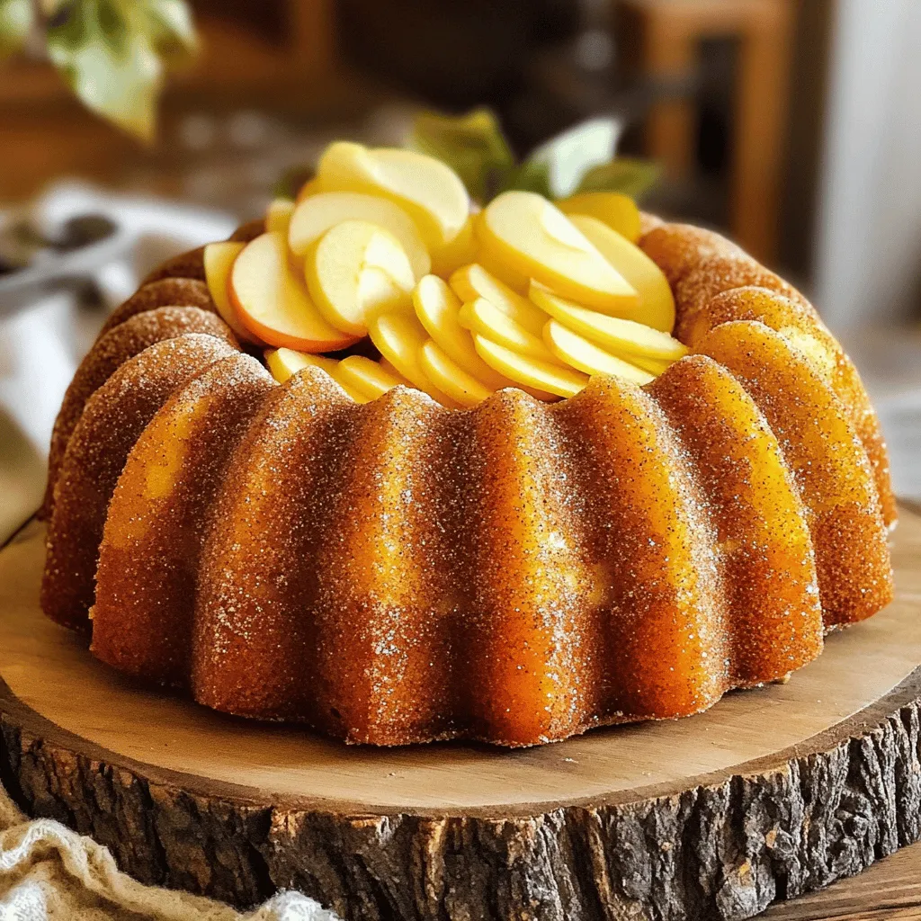 - 2 cups apple cider - 1 ½ cups all-purpose flour - 1 cup granulated sugar - ½ cup packed brown sugar - 2 teaspoons baking powder - 1 teaspoon baking soda - 1 teaspoon ground cinnamon - ½ teaspoon ground nutmeg - ½ teaspoon salt The main ingredients create the heart of this cake. Apple cider gives a rich flavor. All-purpose flour adds structure. Granulated and brown sugar add sweetness and depth. Baking powder and baking soda help the cake rise. Cinnamon and nutmeg bring warm spices. Salt balances all the flavors. - 2 large eggs - ½ cup vegetable oil - 1 teaspoon vanilla extract - ½ cup buttermilk The additional ingredients provide moisture and richness. Eggs bind everything together. Vegetable oil keeps the cake tender. Vanilla extract enhances the flavor. Buttermilk adds a slight tang that makes the cake special. - For a gluten-free cake, use a gluten-free flour blend. - To make a vegan version, replace eggs with flax eggs and use plant-based buttermilk. Substituting ingredients can help everyone enjoy this cake. Gluten-free flour blends work well for those avoiding gluten. For a vegan cake, flax eggs replace the eggs easily. Plant-based milk mixed with vinegar can create a good buttermilk substitute. To start, we need to reduce the apple cider. This step builds a stronger flavor. Pour 2 cups of apple cider into a medium saucepan. Turn the heat to medium-high. When it boils, lower the heat to simmer. Let it cook until it shrinks to about 1 cup. This takes about 15 to 20 minutes. Once done, take it off the heat and let it cool to room temperature. Next, we’ll mix the dry and wet ingredients. In a large bowl, combine 1 ½ cups of all-purpose flour, 1 cup of granulated sugar, ½ cup of packed brown sugar, 2 teaspoons of baking powder, 1 teaspoon of baking soda, 1 teaspoon of ground cinnamon, ½ teaspoon of ground nutmeg, and ½ teaspoon of salt. Whisk these together until they blend well. In another bowl, crack 2 large eggs and whisk them until frothy. Add the cooled cider, ½ cup of vegetable oil, 1 teaspoon of vanilla extract, and ½ cup of buttermilk. Mix this until smooth. Now, pour the wet mix into the dry mix. Fold gently with a spatula. Be careful not to overmix. Stop when you no longer see dry flour. Now, we are ready to bake. First, preheat your oven to 350°F (175°C). Grease a 9-inch bundt pan or cake pan well with non-stick spray or butter. Carefully pour the batter into the pan. Smooth the top with your spatula. Place the pan in the preheated oven. Bake for 35 to 40 minutes. Check if it's done by inserting a toothpick into the center. If it comes out clean, your cake is ready! To make your apple cider donut cake even better, think about spices. Ground ginger adds warmth. Cloves bring a nice kick. You could also try adding a splash of almond extract. It gives a sweet hint that's hard to resist. Keep your cake moist by using buttermilk. It helps create a tender crumb. Make sure not to overmix the batter; this could lead to a dry cake. Also, brush the top with melted butter right after it cools. This keeps the cake soft and adds flavor. Serving your cake well makes it even more appealing. Use a rustic wooden platter for a cozy vibe. Add thin apple slices as a garnish. A light dusting of extra cinnamon on top can make it shine. For a sweet touch, drizzle a glaze made from powdered sugar and apple cider over the cake. It looks great and tastes even better! {{image_4}} You can make this cake gluten-free with the right flour. Use a blend of gluten-free all-purpose flour. Look for a mix that contains xanthan gum. Brands like Bob's Red Mill or King Arthur Flour work great. They help mimic the texture of regular flour. To make a vegan apple cider donut cake, swap eggs and buttermilk. Use flax eggs instead of regular eggs. Mix one tablespoon of ground flaxseed with three tablespoons of water. Let it sit for five minutes to thicken. For buttermilk, use almond milk or soy milk with a splash of vinegar. This keeps the cake moist and flavorful. Add fun flavors to your cake! Nuts like walnuts or pecans add crunch. Dried fruits like raisins or cranberries bring sweetness. You can also mix in chocolate chips for a rich touch. Just fold these into the batter right before pouring it into the pan. These add-ins make each bite special and unique. To store your apple cider donut cake at room temperature, wrap it tightly in plastic wrap. Place it in an airtight container to keep it fresh. This way, the cake stays moist. It can last for about three days on your counter. Make sure to keep it in a cool spot away from sunlight. If you want to enjoy it longer, consider the next option. For long-term storage, freezing is the best choice. First, let the cake cool completely. Then, slice it into individual pieces. Wrap each piece in plastic wrap, making sure it’s tight. After that, place the wrapped slices in a freezer bag. Remove as much air as you can before sealing. The cake can stay in the freezer for up to three months. When you’re ready to eat, you can thaw it in the fridge overnight. To reheat your cake without losing moisture, use the oven. Preheat your oven to 350°F (175°C). Place the slice on a baking sheet. Cover it with aluminum foil to keep the moisture in. Heat for about 10-15 minutes. You can also use a microwave. Place the slice on a microwave-safe plate. Cover it with a damp paper towel. Heat it for 10-15 seconds. Always check if it’s warm enough before serving. Enjoy your cake as if it were fresh! You can easily substitute for buttermilk. Here are some options: - Use milk with a splash of lemon juice or vinegar. Let it sit for 5 minutes. - Use plain yogurt, thinned with a bit of water or milk. - Use sour cream, also thinned with water or milk. These options work well in recipes. They keep the cake moist and tender. Yes, you can prepare this cake a day ahead. Here are some tips: - Bake the cake and let it cool completely. - Wrap it tightly in plastic wrap. This keeps it fresh. - Store it at room temperature or in the fridge for longer freshness. - If you store it in the fridge, let it come to room temp before serving. This way, you can enjoy your cake without stress. Look for these signs to check if your cake is done: - A toothpick inserted into the center should come out clean. - The cake should spring back when you gently press it. - The edges might pull away from the pan slightly. If you see these signs, your cake is ready. Enjoy that sweet, spiced aroma as it bakes! This blog post covered how to make a delicious apple cider donut cake. We reviewed key ingredients, step-by-step instructions, and helpful tips to enhance flavor and moisture. I shared variations for gluten-free and vegan options too. Remember, your baking skill improves with practice and experimentation. Enjoy the sweet rewards of your effort! Happy baking, and let your creativity shine!