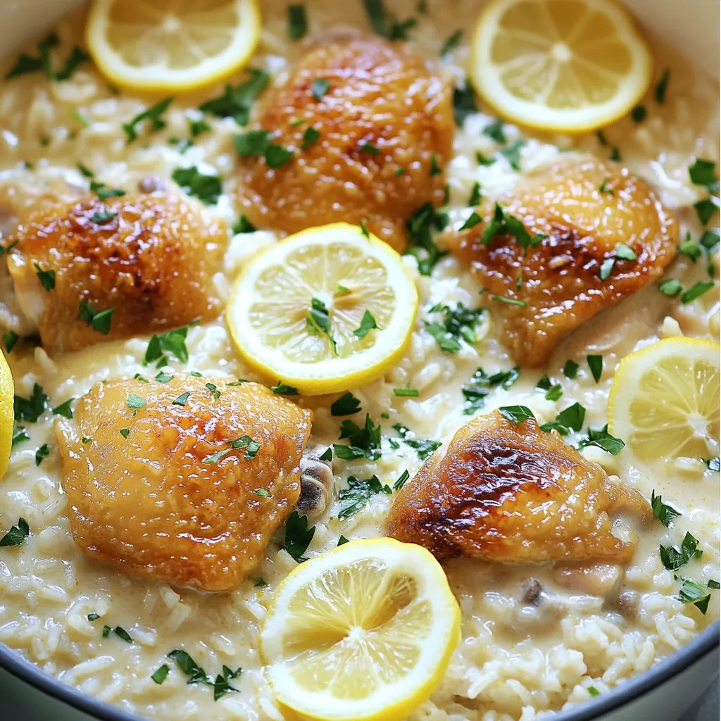 - 1 lb boneless, skinless chicken thighs - 1 cup long-grain rice (basmati or jasmine) - 4 cups chicken broth - 1 cup heavy cream - 1 medium onion, diced - 3 cloves garlic, minced - 1 tablespoon olive oil - 1 teaspoon dried oregano - Zest of 1 lemon - Juice of 1 lemon - Salt and freshly ground black pepper to taste - Fresh parsley, chopped - Lemon slices In this dish, the chicken thighs bring a rich flavor and tenderness. I often choose basmati or jasmine rice for their light texture. The chicken broth adds depth, making this meal feel complete. Heavy cream ensures a creamy consistency that envelops every bite. The onion and garlic create a fragrant base. When they sauté, they release sweet and savory notes that elevate the dish. Adding olive oil helps to cook these aromatics evenly. Dried oregano gives a warm touch, while the lemon zest and juice add brightness. Salt and pepper enhance all the flavors, making them sing. For garnishes, fresh parsley adds a pop of color and freshness. Lemon slices are a lovely touch, brightening the dish visually and flavor-wise. Each ingredient plays a role in creating this delightful one-pot meal. First, heat 1 tablespoon of olive oil in a large pot over medium heat. Once hot, add the diced onion. Sauté the onion until it turns translucent. This takes about 3 to 4 minutes. Next, add 3 cloves of minced garlic and 1 teaspoon of dried oregano. Stir well to mix. Cook for another minute until the garlic smells great. Be careful not to burn it. Now, add 1 pound of boneless, skinless chicken thighs cut into bite-sized pieces. Season the chicken with salt and freshly ground black pepper. Cook the chicken, stirring often, until it turns brown on all sides. This should take around 5 to 7 minutes. Gradually pour in 4 cups of chicken broth. Bring the mix to a gentle simmer. Next, add 1 cup of long-grain rice, the zest of 1 lemon, and the juice of 1 lemon. Stir everything well to make sure it is evenly mixed. Cover the pot with a lid and reduce the heat to low. Cook for 18 to 20 minutes. Do not lift the lid while it cooks. This keeps the steam in and helps the rice cook perfectly. Once the rice is tender, remove the pot from heat. Stir in 1 cup of heavy cream until it is fully blended. If it looks too thick, add a splash of chicken broth to thin it out. Taste the dish and add more salt and pepper if needed. Let the dish sit for about 5 minutes off the heat. This helps it thicken a bit and lets the flavors mix well. Serve the creamy lemon chicken and rice in bowls. Garnish each bowl with fresh parsley and a lemon slice for extra flavor and color. - How to ensure perfect rice texture To get fluffy rice, use long-grain rice like basmati or jasmine. Rinse the rice in cold water. This removes excess starch and helps keep the grains separate. When cooking, keep the pot covered and avoid lifting the lid. This traps steam and cooks the rice evenly. - Adjusting creaminess and seasoning For a creamier dish, stir in the heavy cream slowly. If it feels too thick, add a splash of chicken broth. Taste your dish as you go. Add salt and pepper to make the flavors pop. Small tweaks can make a big difference. - Efficient chopping techniques Use a sharp knife for quick and safe chopping. Cut the onion and garlic finely to release their flavors. For chicken, chop it into even pieces. This helps it cook evenly and quickly. - Pre-measuring ingredients for convenience Measure out all your ingredients before you start cooking. This makes your cooking process smoother. You won’t have to pause to find or measure ingredients as you go. - Balancing acidity with cream Lemon juice adds brightness but can be sharp. The heavy cream softens the acidity. Start with a little lemon juice, then add more if needed. This way, you control the tanginess. - Enhancing zest for more brightness Use fresh lemon zest to brighten the dish. Grate the zest finely to release more oils. This adds a fragrant aroma and deeper flavor without more acidity. A little zest goes a long way in enhancing your dish. {{image_4}} You can swap chicken thighs for chicken breasts. Chicken breasts are leaner and cook faster. They still taste great in this dish. If you prefer a different rice, you can use arborio or brown rice. Just remember that different rice types may change cooking times. Adding veggies can make this dish even better. Spinach or peas mix well with the creamy sauce. You can also try fresh herbs like basil or thyme. They add depth and freshness to each bite. Spices like paprika or red pepper flakes can bring some heat. If you want to make it dairy-free, use coconut milk instead of heavy cream. It keeps the dish creamy while adding a subtle sweetness. For gluten-free options, choose rice like jasmine or basmati. Always check labels for gluten-free assurance. To keep your creamy lemon chicken and rice fresh, store it in an airtight container. Make sure it cools first before sealing it up. This way, you prevent condensation, which can make the dish soggy. It lasts in the fridge for about 3 to 4 days. Always check for any strange smells or changes in color before eating. If you want to freeze your leftovers, choose a freezer-safe container. Glass or heavy-duty plastic works well. Leave some space at the top for expansion. This dish can be frozen for up to 2 months. When you're ready to eat, thaw it in the fridge overnight. You can reheat your dish in the microwave or on the stovetop. If using the microwave, heat it in short bursts. Stir in between to ensure even heating. If you use the stovetop, add a splash of chicken broth. This helps maintain the creaminess. Stir gently while warming to keep it smooth and delicious. It takes about 40 minutes to make this dish. You need 10 minutes to prep the ingredients. Cooking the chicken and rice takes about 30 minutes. Here’s a breakdown: - Prep Time: 10 minutes - Cook Time: 30 minutes This includes sautéing, simmering, and finishing with cream. Yes, you can prepare this dish ahead of time. Here are some tips for meal prepping: - Cook the chicken and rice as directed. - Let it cool completely before storing. - Place it in an airtight container. - Keep it in the fridge for up to 3 days. When ready to eat, reheat it on medium heat until hot. This creamy lemon chicken pairs well with various sides. Here are some ideas: - Steamed broccoli for a healthy crunch. - A simple side salad for freshness. - Garlic bread to soak up the creamy sauce. - Roasted veggies for added flavor. These sides enhance the meal and add more color to your plate. If you like heat, here are a few ideas: - Add red pepper flakes while cooking the chicken. - Mix in diced jalapeños for a fresh kick. - Use spicy chicken broth if you can find it. - Serve with hot sauce on the side. These additions will give your dish a nice spicy twist, perfect for heat lovers. This recipe for One Pot Creamy Lemon Chicken and Rice combines simple ingredients for a delicious meal. We covered easy steps from sautéing onions to finishing touches with cream. Remember, prep matters; it keeps things smooth in the kitchen. You can also adjust flavors or swap ingredients to fit your taste. Enjoy leftovers with smart storage tips. This dish is versatile and can shine on any table, bringing joy to every meal. Cook with confidence and share this dish with those you love!