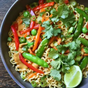 To make the Minute Thai Peanut Ramen Stir-Fry, you need these ingredients: - 2 packs of instant ramen noodles (discard the seasoning packets) - 1 tablespoon vegetable oil - 1 small onion, thinly sliced - 2 garlic cloves, minced - 1 red bell pepper, julienned - 1 cup snap peas, trimmed - 1 cup shredded carrots - 1/2 cup green onions, sliced - 1/3 cup creamy peanut butter - 3 tablespoons soy sauce - 2 tablespoons fresh lime juice - 1 tablespoon sesame oil - 1 tablespoon sriracha (adjust to taste) - Salt and pepper to taste - Fresh cilantro, chopped, for garnish You can easily swap some ingredients if needed. Here are some ideas: - Use olive oil instead of vegetable oil for a different flavor. - Try using shallots instead of onion for a milder taste. - If you don’t have snap peas, use broccoli or bell pepper. - Replace creamy peanut butter with almond butter for a nut-free option. - Use tamari or coconut aminos instead of soy sauce for a gluten-free meal. Garnishing makes your dish look special and tasty. Here are great options: - Sliced green onions add a nice crunch. - Fresh cilantro brings a burst of flavor. - Lime wedges offer a zesty kick when squeezed over the top. - Crushed peanuts add a crunchy texture and peanut flavor. Start by boiling water in a pot. Once it boils, add the instant ramen noodles. Cook them for 1-2 minutes less than the package says. This helps keep them firm. After cooking, drain the noodles and set them aside in a large bowl. Next, heat the vegetable oil in a large skillet over medium-high heat. Add the thinly sliced onion. Sauté it for about 2 minutes. You want the onion to soften and look a bit clear. Now, add the minced garlic. Sauté it for 1 more minute. This will make your kitchen smell great! Toss in the julienned red bell pepper, snap peas, and shredded carrots. Stir-fry these for 3-4 minutes. You want them to stay crisp and bright. In a small bowl, whisk together the creamy peanut butter, soy sauce, fresh lime juice, sesame oil, and sriracha. Mix until it is smooth and well-combined. This sauce adds a rich flavor to your dish. Pour the cooked ramen noodles into the skillet with the veggies. Drizzle the peanut sauce over everything. Gently toss all the ingredients together for 2-3 minutes. Make sure the noodles are well-coated. Taste the stir-fry and season with salt and pepper as needed. Plate the stir-fry right away. Garnish with sliced green onions and fresh cilantro. This adds color and freshness. You can also add a lime wedge on the side. A squeeze of lime juice will boost the flavors. Enjoy your tasty Thai peanut ramen stir-fry! To cook ramen noodles just right, follow these steps: - Bring a pot of water to a boil. - Add the ramen noodles and cook for 2-3 minutes less than the package says. This keeps them firm. - Drain the noodles and set them aside in a bowl. Cooking them this way helps them hold up in the stir-fry. If they get too soft, they won’t mix well with the veggies and sauce. To add extra creaminess to your dish, use more peanut butter. Here’s how: - Start with 1/3 cup of creamy peanut butter. - After mixing the sauce, taste it. If you'd like it creamier, add another tablespoon or two. The creamy texture makes the dish rich and smooth. It also helps coat the veggies and noodles well, making every bite delicious. If you like spice, add more sriracha. Here’s how to adjust it: - Start with 1 tablespoon of sriracha. - Taste the dish after mixing. If you want more heat, add another teaspoon. If you prefer less spice, cut the sriracha in half. This way, you can enjoy the flavors without too much heat. Remember, you can always add more, but you can't take it out once it's in! {{image_4}} You can easily make this dish vegetarian or vegan. Simply skip the meat. Use extra veggies instead. Add mushrooms, zucchini, or broccoli for more flavor. Replace the sriracha with a vegan hot sauce if needed. Most brands of soy sauce are vegan, but check the label. Want to add protein? Chicken, tofu, and shrimp work well. For chicken, cut it into bite-sized pieces. Sauté it in the pan before the veggies. Cook until it's no longer pink. For tofu, use firm or extra-firm. Cut it into cubes and pan-fry until golden. Shrimp cooks fast, so add it right after the veggies. Stir-fry until they turn pink and opaque. If you need a nut-free option, swap the peanut butter. Use sunflower seed butter instead. It gives a nice flavor without nuts. You can also try tahini paste, made from sesame seeds. It has a different taste but still adds creaminess. Make sure to check other ingredients too, like sauces, for hidden nuts. After making your Minute Thai Peanut Ramen Stir-Fry, let it cool down. Place any leftovers in an airtight container. This keeps the flavors fresh and prevents spills. Store the container in the fridge. It can last up to three days. If you want to keep it longer, consider freezing it. To reheat your stir-fry, you can use the microwave or a skillet. For the microwave, place your portion in a bowl. Heat it for one to two minutes. Stir halfway to ensure even heating. If using a skillet, add a splash of water or oil to keep it moist. Heat over medium heat for about five minutes, stirring often. If you want to freeze your stir-fry, make sure it is cool first. Transfer it to a freezer-safe container. Label it with the date. You can freeze it for up to three months. When you're ready to eat, thaw it overnight in the fridge. Reheat as mentioned above. This way, you can enjoy a quick meal anytime! Yes, you can use other noodles. Try rice noodles, udon, or soba noodles. Each will add its flavor and texture. Just be sure to cook them according to their package instructions. This keeps your stir-fry tasty and fun. To make this dish gluten-free, choose gluten-free ramen or substitute with rice noodles. Use gluten-free soy sauce or tamari instead of regular soy sauce. These small changes keep the flavors while making the meal safe for those with gluten sensitivities. Peanut butter adds creaminess and flavor, but you can skip it if needed. Try almond butter or sunflower seed butter for a different taste. You can also use a mix of tahini and a little sweetener as a substitute. You can explore many sauces in this stir-fry. Consider using hoisin sauce, teriyaki sauce, or even a spicy chili sauce. Each sauce gives the dish a unique twist and lets you customize the flavor to your liking. The stir-fry lasts about 3 to 5 days in the fridge. Store it in an airtight container to keep it fresh. Just reheat it on the stove or in the microwave when you're ready to enjoy it again. This post covered key ingredients, step-by-step instructions, and handy tips for making ramen. You learned about substitutions, cooking tips, and variations like vegetarian or nut-free options. Remember to store your dish properly for later use. Ramen is easy to adapt and delicious to enjoy. With these insights, you can create your perfect bowl today. Dive into this yummy dish and make it your own!