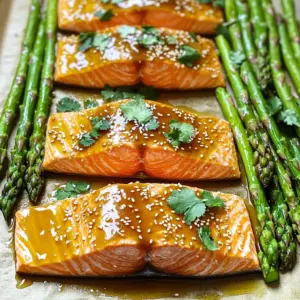 To make sheet-pan honey garlic salmon with asparagus, you need a few simple ingredients. Each one adds flavor and health benefits. - 4 salmon fillets (approximately 6 oz each) - 1 bunch of asparagus, with woody ends trimmed and stalks lightly washed - 1/4 cup honey - 3 tablespoons soy sauce (or tamari for a gluten-free option) - 3 cloves garlic, finely minced - 1 tablespoon fresh ginger, grated - 1 tablespoon extra virgin olive oil - Sea salt and freshly cracked black pepper to taste - Sesame seeds for a crunchy garnish - Fresh cilantro leaves for garnish (optional, for added flavor and color) Using fresh ingredients makes a big difference. Salmon is rich in omega-3 fats. Asparagus is full of vitamins. Honey gives a sweet touch. Soy sauce adds umami. Garlic and ginger bring warmth and depth. To make this dish, gather all items before you start cooking. It helps in keeping things organized and fun. This way, you can enjoy the cooking process without any stress. Each ingredient plays a role in creating that perfect honey garlic flavor profile. Now that we have the ingredients, let’s move on to the next step and get cooking! - Set your oven to 400°F (200°C). This temperature cooks the salmon perfectly. - Prepare a large sheet pan. Line it with parchment paper for easy cleanup. - In a small bowl, mix together 1/4 cup honey, 3 tablespoons soy sauce, 3 minced garlic cloves, and 1 tablespoon grated ginger. - Whisk these ingredients until smooth. This mixture gives the dish its sweet and savory flavor. - Place 4 salmon fillets skin-side down on one side of the sheet pan. - Season each fillet with sea salt and black pepper. This adds great taste. - Drizzle half of the honey garlic mixture over the salmon. Make sure each fillet is coated well. - On the other side of the pan, arrange the trimmed asparagus in a single layer. - Drizzle the asparagus with 1 tablespoon olive oil. Sprinkle with salt and pepper for added flavor. - Pour the remaining honey garlic mixture over the asparagus. Toss gently to coat. - Transfer the sheet pan to your preheated oven. - Bake for 12-15 minutes. Check the salmon; it should be opaque and flake easily with a fork. The asparagus should be tender but still slightly crunchy. - After baking, take the sheet pan out of the oven. Let it rest for a couple of minutes. This helps lock in the flavors. - Plate the salmon and asparagus together. Garnish with sesame seeds and fresh cilantro for a nice touch. To perfect the honey garlic sauce, balance the sweetness and saltiness. If you like a sweeter sauce, add more honey. For a saltier flavor, increase the soy sauce. Taste as you mix. This way, you can find the right balance for your palate. To ensure perfect flakiness, check the salmon often. You want it to look opaque and break apart easily with a fork. Bake it for 12-15 minutes at 400°F. Avoid overcooking by checking a bit early. Remember, the salmon will keep cooking a little after you take it out. Achieving the right texture for asparagus is key. Look for bright green stalks that are tender but still crisp. They should bend slightly without breaking. If you can't find fresh asparagus, you can swap it for green beans or broccoli. Both will work well in this dish. {{image_4}} You can easily swap the salmon for other fish. Try trout or cod for a fresh twist. Both offer a mild taste and cook well like salmon. If you prefer shrimp, they work great too! For vegetables, asparagus is fantastic but not the only choice. Broccoli, green beans, or bell peppers can be used instead. Just make sure they are cut to similar sizes for even cooking. To boost flavor, add spices or herbs. A sprinkle of paprika gives warmth. Fresh herbs like parsley or dill can brighten the dish. You can also add a pinch of red pepper flakes for heat. For a sweet and spicy mix, add sriracha or chili paste to the honey garlic sauce. This gives your dish a fun kick. It’s a great way to please different taste buds. This dish is great on its own, but sides can elevate your meal. Serve it with rice or quinoa for a hearty touch. A fresh salad pairs well too, adding crunch and color. To make it a complete meal, consider adding a grain and a side of roasted veggies. This not only fills you up but also adds more nutrients and flavors. To keep your honey garlic salmon and asparagus fresh, store leftovers in the fridge. Use an airtight container. This will help keep the flavors locked in. Aim to eat leftovers within two days for the best taste. If you have extra salmon or asparagus, you can freeze them. Wrap each piece tightly in plastic wrap, then place them in a freezer bag. This method prevents freezer burn. They can last about three months in the freezer. When reheating, I suggest using the oven. Preheat it to 275°F (135°C). Place the salmon and asparagus on a baking sheet. Cover them with foil to keep moisture in. Heat for about 10-15 minutes. This method helps keep the texture firm and tasty. Avoid using a microwave, as it can dry out the salmon. If you must use it, do so on low power and check often. This will help keep your meal juicy and enjoyable. You can tell if the salmon is done by looking for a few signs: - The flesh should be opaque. - It should flake easily with a fork. - The internal temperature should reach 145°F (63°C). These signs ensure your salmon is cooked just right and safe to eat. Yes, you can use frozen salmon. Just keep these tips in mind: - Thaw the salmon completely before cooking. - Place it in the fridge overnight to thaw. - You can also use the microwave for quick thawing. Using frozen salmon may require a few extra minutes of baking. If you need a honey alternative, try these options: - Maple syrup for a similar sweetness. - Agave nectar for a plant-based choice. - Brown sugar mixed with a little water. These substitutes maintain the flavor, making your dish delicious. Yes, you can prepare parts of the recipe ahead of time: - Mix the honey garlic sauce and store it in the fridge. - Season the salmon and asparagus a few hours before cooking. This saves time during busy weeknights and helps the flavors meld. Cooking salmon with asparagus and honey garlic sauce is simple and fun. You learned how to prepare the dish from start to finish. We covered important tips for perfecting flavors and textures. Remember to adjust the sauce to match your taste. Feel free to use different fish or veggies as well. Lastly, store leftovers properly and reheat them to maintain the taste. Enjoy your delicious meal, and don't hesitate to experiment with the recipe for your own twist!