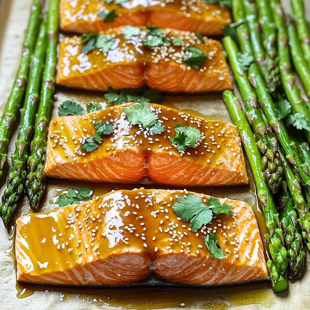 To make sheet-pan honey garlic salmon with asparagus, you need a few simple ingredients. Each one adds flavor and health benefits. - 4 salmon fillets (approximately 6 oz each) - 1 bunch of asparagus, with woody ends trimmed and stalks lightly washed - 1/4 cup honey - 3 tablespoons soy sauce (or tamari for a gluten-free option) - 3 cloves garlic, finely minced - 1 tablespoon fresh ginger, grated - 1 tablespoon extra virgin olive oil - Sea salt and freshly cracked black pepper to taste - Sesame seeds for a crunchy garnish - Fresh cilantro leaves for garnish (optional, for added flavor and color) Using fresh ingredients makes a big difference. Salmon is rich in omega-3 fats. Asparagus is full of vitamins. Honey gives a sweet touch. Soy sauce adds umami. Garlic and ginger bring warmth and depth. To make this dish, gather all items before you start cooking. It helps in keeping things organized and fun. This way, you can enjoy the cooking process without any stress. Each ingredient plays a role in creating that perfect honey garlic flavor profile. Now that we have the ingredients, let’s move on to the next step and get cooking! - Set your oven to 400°F (200°C). This temperature cooks the salmon perfectly. - Prepare a large sheet pan. Line it with parchment paper for easy cleanup. - In a small bowl, mix together 1/4 cup honey, 3 tablespoons soy sauce, 3 minced garlic cloves, and 1 tablespoon grated ginger. - Whisk these ingredients until smooth. This mixture gives the dish its sweet and savory flavor. - Place 4 salmon fillets skin-side down on one side of the sheet pan. - Season each fillet with sea salt and black pepper. This adds great taste. - Drizzle half of the honey garlic mixture over the salmon. Make sure each fillet is coated well. - On the other side of the pan, arrange the trimmed asparagus in a single layer. - Drizzle the asparagus with 1 tablespoon olive oil. Sprinkle with salt and pepper for added flavor. - Pour the remaining honey garlic mixture over the asparagus. Toss gently to coat. - Transfer the sheet pan to your preheated oven. - Bake for 12-15 minutes. Check the salmon; it should be opaque and flake easily with a fork. The asparagus should be tender but still slightly crunchy. - After baking, take the sheet pan out of the oven. Let it rest for a couple of minutes. This helps lock in the flavors. - Plate the salmon and asparagus together. Garnish with sesame seeds and fresh cilantro for a nice touch. To perfect the honey garlic sauce, balance the sweetness and saltiness. If you like a sweeter sauce, add more honey. For a saltier flavor, increase the soy sauce. Taste as you mix. This way, you can find the right balance for your palate. To ensure perfect flakiness, check the salmon often. You want it to look opaque and break apart easily with a fork. Bake it for 12-15 minutes at 400°F. Avoid overcooking by checking a bit early. Remember, the salmon will keep cooking a little after you take it out. Achieving the right texture for asparagus is key. Look for bright green stalks that are tender but still crisp. They should bend slightly without breaking. If you can't find fresh asparagus, you can swap it for green beans or broccoli. Both will work well in this dish. {{image_4}} You can easily swap the salmon for other fish. Try trout or cod for a fresh twist. Both offer a mild taste and cook well like salmon. If you prefer shrimp, they work great too! For vegetables, asparagus is fantastic but not the only choice. Broccoli, green beans, or bell peppers can be used instead. Just make sure they are cut to similar sizes for even cooking. To boost flavor, add spices or herbs. A sprinkle of paprika gives warmth. Fresh herbs like parsley or dill can brighten the dish. You can also add a pinch of red pepper flakes for heat. For a sweet and spicy mix, add sriracha or chili paste to the honey garlic sauce. This gives your dish a fun kick. It’s a great way to please different taste buds. This dish is great on its own, but sides can elevate your meal. Serve it with rice or quinoa for a hearty touch. A fresh salad pairs well too, adding crunch and color. To make it a complete meal, consider adding a grain and a side of roasted veggies. This not only fills you up but also adds more nutrients and flavors. To keep your honey garlic salmon and asparagus fresh, store leftovers in the fridge. Use an airtight container. This will help keep the flavors locked in. Aim to eat leftovers within two days for the best taste. If you have extra salmon or asparagus, you can freeze them. Wrap each piece tightly in plastic wrap, then place them in a freezer bag. This method prevents freezer burn. They can last about three months in the freezer. When reheating, I suggest using the oven. Preheat it to 275°F (135°C). Place the salmon and asparagus on a baking sheet. Cover them with foil to keep moisture in. Heat for about 10-15 minutes. This method helps keep the texture firm and tasty. Avoid using a microwave, as it can dry out the salmon. If you must use it, do so on low power and check often. This will help keep your meal juicy and enjoyable. You can tell if the salmon is done by looking for a few signs: - The flesh should be opaque. - It should flake easily with a fork. - The internal temperature should reach 145°F (63°C). These signs ensure your salmon is cooked just right and safe to eat. Yes, you can use frozen salmon. Just keep these tips in mind: - Thaw the salmon completely before cooking. - Place it in the fridge overnight to thaw. - You can also use the microwave for quick thawing. Using frozen salmon may require a few extra minutes of baking. If you need a honey alternative, try these options: - Maple syrup for a similar sweetness. - Agave nectar for a plant-based choice. - Brown sugar mixed with a little water. These substitutes maintain the flavor, making your dish delicious. Yes, you can prepare parts of the recipe ahead of time: - Mix the honey garlic sauce and store it in the fridge. - Season the salmon and asparagus a few hours before cooking. This saves time during busy weeknights and helps the flavors meld. Cooking salmon with asparagus and honey garlic sauce is simple and fun. You learned how to prepare the dish from start to finish. We covered important tips for perfecting flavors and textures. Remember to adjust the sauce to match your taste. Feel free to use different fish or veggies as well. Lastly, store leftovers properly and reheat them to maintain the taste. Enjoy your delicious meal, and don't hesitate to experiment with the recipe for your own twist!