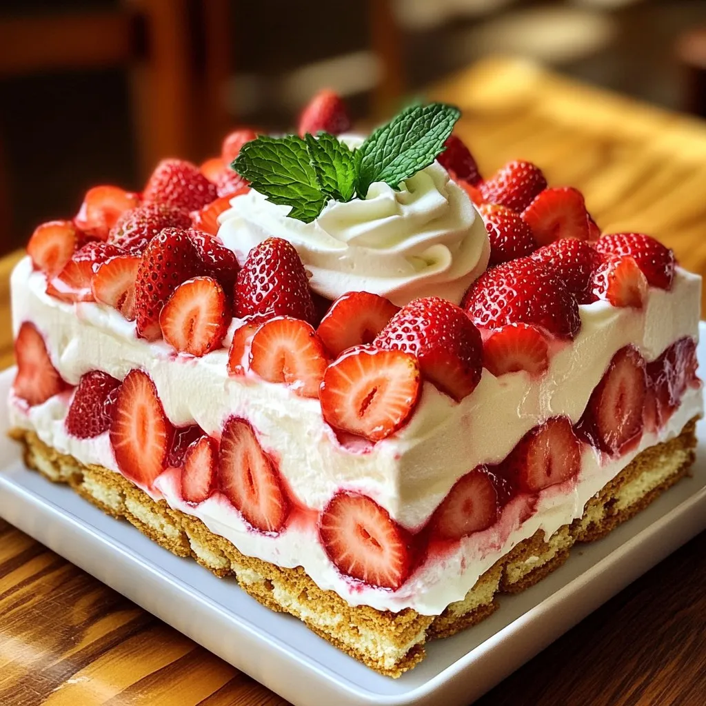 - 2 cups fresh strawberries, hulled and sliced - 1/4 cup granulated sugar - 1 cup heavy cream - 1 cup cream cheese, softened to room temperature - 1/2 teaspoon pure vanilla extract - 1 package (14 ounces) graham crackers - Fresh mint leaves for garnish (optional) To make this no-bake cake, you need a few tools: - A medium mixing bowl for the strawberries - A large mixing bowl for the cream and cheese - An electric mixer to whip the cream - A 9x9 inch square baking dish for layering - A sharp knife for cutting the cake - Plastic wrap to cover the dish Fresh strawberries are key for this icebox cake. Here are some tips: - Look for bright red strawberries with a shiny surface. - Avoid any that have soft spots or mold. - Check the green leaves; they should be fresh and vibrant. - Smell them! Fresh strawberries have a sweet aroma. - Buy organic if possible to avoid pesticides. Selecting the right strawberries can elevate your dessert. Enjoy the process! First, wash and slice your fresh strawberries. You need about 2 cups. Place the sliced strawberries in a medium bowl. Sprinkle 1/4 cup of granulated sugar over them. Gently toss the strawberries to coat them in sugar. Let the mixture sit for 10 to 15 minutes. This is called maceration. It helps the strawberries soften and release their sweet juices. In a large bowl, combine 1 cup of softened cream cheese and 1 cup of heavy cream. Add 1/2 teaspoon of pure vanilla extract for flavor. Use an electric mixer to beat the mixture on medium speed. Keep mixing until soft peaks form. The mixture should be light and fluffy. This creamy layer is key to your cake. Grab a 9x9 inch square baking dish to start layering. First, spread a thin layer of the whipped cream mixture at the bottom. This creates a base for your graham crackers. Next, place a layer of graham crackers over the cream, covering the bottom. You can break some crackers to fit if needed. After that, spread a generous portion of the whipped cream mixture over the crackers. Then, add a layer of your macerated strawberries, letting their juices mix with the cream. Repeat this layering process until you fill the dish. Finish with a top layer of whipped cream. Cover the dish tightly with plastic wrap. Place it in the refrigerator for at least 4 hours, or overnight is best. This helps the flavors blend and the graham crackers soften. When ready, slice into squares and serve. Enjoy your cool and creamy treat! To get the best cream texture, start with cold heavy cream. Cold cream whips better. Mix the cream cheese until smooth before adding the cream. This step helps avoid lumps. Use an electric mixer on medium speed. Stop mixing when you see soft peaks. This means the cream is light and fluffy. Don’t overmix, or it can turn grainy. Soggy graham crackers ruin the cake’s texture. To keep them crisp, layer them quickly. Cover the cream with graham crackers right after spreading. Also, make sure the cream is not too runny. If the strawberries release lots of juice, drain some before layering. Using thicker cream helps too. Macerating strawberries helps bring out their sweet flavors. Start by hulling and slicing the strawberries. Add sugar and toss them gently. Let them sit for about 10-15 minutes. This resting time allows the strawberries to soften and release juices. You can taste them after to check their sweetness. If they need more sugar, add a little more. {{image_4}} You can mix up the flavor of your icebox cake easily. Add some lemon zest for a bright taste. Just fold it into the cream cheese mixture before layering. If you love chocolate, try adding cocoa powder to the cream. This gives a rich, chocolate flavor. You can even use chocolate graham crackers instead of regular ones. This adds a fun twist. While fresh strawberries are a classic, you can use other fruits too. Sliced peaches or blueberries work great. For a fun crunch, try adding crushed nuts on top. You can also drizzle chocolate syrup over each slice for added sweetness. If you want a refreshing touch, add a sprinkle of coconut flakes. If you need a gluten-free version, swap the graham crackers for gluten-free cookies. Look for those made from almond or coconut flour. For a dairy-free option, use coconut cream instead of heavy cream. Make sure to choose a dairy-free cream cheese as well. These changes keep the flavor amazing while meeting dietary needs. To store any leftover cake, cover it tightly with plastic wrap. This helps keep the cake fresh. It’s best to chill it in the fridge. The cool air slows down spoilage. You can also use an airtight container if you like. Just make sure it seals well. If you want to freeze the cake, slice it first. This makes it easy to grab a piece later. Wrap each slice in plastic wrap. Then place the wrapped slices in a freezer-safe bag. This will keep them fresh for up to three months. When you're ready to eat, thaw in the fridge overnight. The cake lasts about three days in the fridge. After that, the graham crackers may get too soft. If you freeze it, it can last for three months. Just remember, the sooner you eat it, the better it tastes! Yes, you can use frozen strawberries. Thaw them first and drain excess juice. This helps keep your cake from becoming too watery. Fresh strawberries offer the best taste, but frozen can work well in a pinch. The cake will last about 3 to 4 days in the fridge. Make sure to cover it tightly to keep it fresh. After a few days, the flavors will still be good, but the texture may change slightly. Yes, you can make this dessert a day ahead. It actually tastes better after sitting in the fridge overnight. This allows the flavors to blend and the graham crackers to soften nicely. You can use vanilla wafers or digestive biscuits as substitutes. Both options add a nice flavor. If you're looking for a gluten-free option, try almond flour cookies or gluten-free graham crackers. This blog post covered how to make a Strawberry Shortcake Icebox Cake. We talked about the key ingredients, the tools you need, and tips for picking fresh berries. The step-by-step guide made preparation easy, from mixing the cream to layering everything perfectly. Plus, we shared tips to avoid soggy crackers and gave variations for flavor and dietary needs. Always store leftovers properly for the best taste. I hope you feel ready to create this delicious dessert. Enjoy making it your own!