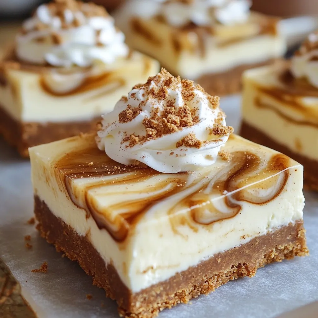 To make these tasty no bake gingerbread cheesecake bars, gather these ingredients: - 1 ½ cups crushed gingerbread cookies - ½ cup unsalted butter, melted - 16 oz cream cheese, softened at room temperature - 1 cup powdered sugar - 1 teaspoon vanilla extract - 1 teaspoon ground ginger - 1 teaspoon ground cinnamon - ½ teaspoon ground nutmeg - 1 cup heavy whipping cream, chilled - ¼ cup molasses - Optional: Whipped cream and extra crushed gingerbread cookies for garnish You can swap some ingredients if needed: - Use graham cracker crumbs instead of gingerbread cookies for a different base. - Swap unsalted butter with coconut oil for a dairy-free option. - Use low-fat cream cheese if you want to cut calories. - For a sweeter taste, you can replace powdered sugar with maple syrup. Garnishes can make your bars look great and taste better. Consider these options: - Top each bar with a dollop of whipped cream. - Sprinkle crushed gingerbread cookies for extra crunch. - Add a drizzle of molasses over the top for a sweet finish. These simple touches can add charm to your dessert and make it festive! To make the crust, start with crushed gingerbread cookies. You need 1 ½ cups of them. Mix these crumbs with ½ cup of melted unsalted butter in a bowl. Stir well until all the crumbs are coated. This mixture should form a wet sand-like texture. Next, press this mixture firmly into the bottom of a lined 9x9 inch baking pan. Make sure it is flat and solid. Then, refrigerate for about 10 minutes. This helps the crust set up nicely. Now, focus on the creamy filling. In a large bowl, add 16 oz of softened cream cheese. Use an electric mixer to beat it on medium speed. Mix until it is smooth and creamy. Gradually add in 1 cup of powdered sugar. Then, stir in 1 teaspoon of vanilla extract, 1 teaspoon of ground ginger, 1 teaspoon of ground cinnamon, and ½ teaspoon of ground nutmeg. Keep mixing until the filling is silky smooth. This mixture will be the star of your cheesecake bars. Next, we need to make it light and fluffy. In another bowl, whip 1 cup of chilled heavy cream. Use the electric mixer until stiff peaks form. This step is key for a light texture. Gently fold the whipped cream into the cream cheese mixture with a spatula. Do this carefully to keep the air in the whipped cream. Once mixed, drizzle ¼ cup of molasses over the top. Give it a gentle stir to create a marbled look. Finally, pour this creamy mixture over the chilled crust. Spread it evenly using a spatula for a smooth top. - Use Room Temperature Cream Cheese: This helps the cream cheese blend smoothly. Cold cream cheese can cause lumps. - Chill Your Mixing Bowls: A cold bowl can help keep the whipped cream light and fluffy. - Press the Crust Firmly: Make sure your crust is tight in the pan. This keeps the bars from falling apart. - Don’t Overmix: When folding in the whipped cream, be gentle. This keeps the mixture airy and light. - Skipping the Chill Time: Don't rush the chilling process. The bars need time to set properly. - Using Too Much Liquid: Be careful with the molasses. Too much can make your filling runny. - Not Tasting as You Go: Always taste your mixture! Adjust spices to your liking for the best flavor. - Cutting Too Soon: Wait until the bars are fully chilled before cutting. This ensures clean edges. - Whip the Cream to Stiff Peaks: This is key for a light texture. It adds air and keeps the filling fluffy. - Fold Gently: When mixing the whipped cream into the cream cheese, use a spatula. Fold slowly to keep the volume. - Use Good Quality Ingredients: Fresh, high-quality cream cheese and spices make a big difference in flavor and texture. - Let It Set Fully: The longer it chills, the firmer and better it becomes. Aim for at least four hours. {{image_4}} If you want to mix things up, try different flavors. You can use chocolate cookies instead of gingerbread for a rich twist. A pumpkin spice version is also fun and festive. Just swap some spices and add pureed pumpkin for a creamy filling. Crushed Oreos can give you a cookies-and-cream style bar. The sky is the limit with flavors! You can easily make these bars gluten-free. Just use gluten-free gingerbread cookies in the crust. For a dairy-free version, use coconut cream instead of cream cheese. You can also use dairy-free whipped cream. These simple swaps keep the treat tasty for everyone. You can add seasonal flavors to make these bars even more special. Try adding peppermint extract for a holiday vibe. Chopped nuts, like pecans or walnuts, can give a nice crunch. Top with festive sprinkles or edible glitter to make them pop at parties. These little changes can make your cheesecake bars stand out! To keep your No Bake Gingerbread Cheesecake Bars fresh, store them correctly. Place the bars in an airtight container. This prevents them from drying out. Make sure to keep them in the fridge. Lining the container with parchment paper helps avoid sticking. You can also cover the pan with plastic wrap. If you want to save some bars for later, freezing is a great option. First, let the bars chill completely in the fridge. Then, cut them into squares or bars. Wrap each piece in plastic wrap tightly. Place the wrapped bars in a freezer-safe bag or container. This keeps them safe from freezer burn. You can freeze them for up to three months. When ready to eat, thaw them in the fridge overnight. These cheesecake bars last well in the fridge. When stored properly, they stay fresh for about five days. After that, the texture may change, and they may lose flavor. Always check for any signs of spoilage before eating. If they smell off or look different, it's best to discard them. Enjoy your festive treat while it's at its best! Yes, you can use store-bought gingerbread cookies. They save time and still taste great. Choose a brand that you enjoy. Just crush them and mix with melted butter as the recipe suggests. This makes a quick and easy crust. The cheesecake bars need at least four hours to set. If you can, let them chill overnight. This helps the flavors blend well and makes for a firmer texture. A longer chill time means a more enjoyable treat. If your cheesecake mixture is too runny, the cream cheese might not be soft enough. Make sure to use room-temperature cream cheese. If it’s still runny, try adding a bit more powdered sugar to thicken it. Whipping the cream longer can also help firm it up. In this blog post, I shared my recipe for no-bake gingerbread cheesecake bars. We covered the ingredients, tips, and variations to make your bars unique. Remember, you can adjust flavors and textures to fit your taste. Storing your bars correctly will keep them fresh longer. Don't forget to try the optional garnishes for extra flair. Enjoy making this delightful treat, and impress your friends and family with your skills. You’ll love how simple, yet tasty, these cheesecake bars are!