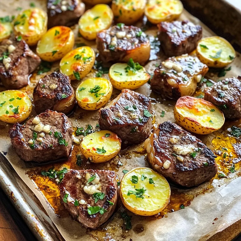 - 1 lb sirloin steak - 1 lb baby potatoes - 3 tablespoons unsalted butter - 4 cloves garlic, minced - 1 teaspoon dried oregano - 1 teaspoon smoked paprika - 1 teaspoon salt - 1/2 teaspoon black pepper - 2 tablespoons fresh parsley, chopped - Olive oil (for drizzling) Selecting the best steak Choose a good cut like sirloin for flavor and tenderness. Look for bright red meat with some marbling. This marbling means more juiciness and taste. If sirloin isn’t available, ribeye is a great alternative. Types of potatoes suitable for this recipe Baby potatoes work best here. They stay tender and cook evenly. You can also use fingerling or red potatoes. Just remember to cut them in half for faster cooking. Substitute options for garlic and butter If you want to skip garlic, use garlic powder instead. For butter, try olive oil or vegan butter. Both keep the dish rich and flavored. But fresh garlic and unsalted butter bring the best taste. 1. Preheating the oven: Start by preheating your oven to 425°F (220°C). This step is key for getting crispy potatoes and tender steak bites. 2. Preparing the ingredient mixes: In a bowl, mix the halved baby potatoes with 2 tablespoons of olive oil, smoked paprika, salt, and black pepper. Toss them well so every potato gets coated. This makes them flavorful and crispy. 1. Initial baking of the potatoes: Spread the seasoned potatoes on one side of the lined sheet pan in a single layer. Bake them for 15 minutes. This helps them begin to crisp up. 2. Integrating garlic butter with steak bites: While the potatoes bake, melt 3 tablespoons of butter in a small saucepan over medium heat. Add 4 minced garlic cloves and 1 teaspoon of dried oregano. Cook for 1-2 minutes until it smells great. Be careful not to brown the garlic, or it may taste bitter. After that, remove the saucepan from the heat. 3. After 15 minutes, take the pan out of the oven. Gently push the potatoes to one side. In the same bowl used for the potatoes, coat the 1 lb of sirloin steak pieces with the garlic butter mixture. Spread the steak bites on the empty side of the pan. Return the pan to the oven and bake for another 10-12 minutes. Check that the steak is cooked to your liking and the potatoes are tender and golden brown. 1. Final baking and doneness check: Once the cooking time is up, take the pan out. Allow it to rest for 2 minutes. This keeps the juices in the steak bites. 2. Resting and garnishing before serving: Before you serve, sprinkle chopped fresh parsley on top. This adds color and freshness. You can serve it right on the sheet pan or on a platter for a nice presentation. Enjoy your savory sheet pan garlic butter steak bites and potatoes! - Achieving the perfect steak doneness: Use a meat thermometer. Aim for 130°F for medium-rare or 145°F for medium. Let the steak rest after cooking. This keeps the juices in. - Tips for crispy potatoes: Spread the potatoes in a single layer. Give them enough space. Flip them halfway through cooking for even crispiness. - Best side dishes to pair with steak bites: A fresh garden salad adds crunch. Garlic bread offers nice flavor. Roasted veggies are also a great choice. - Presentation tips for a delightful table setting: Serve on the sheet pan for a rustic feel. If you use a platter, arrange the steak and potatoes nicely. Drizzle extra garlic butter on top for a special touch. - Meal prep ideas for busy weeknights: Cut the steak and potatoes ahead of time. You can also mix the garlic butter the night before. Store them in the fridge for easy access. - How to make ahead: You can cook the potatoes and steak bites in advance. Store them in separate containers. Reheat them together in the oven when you are ready to serve. {{image_4}} You can switch up the protein in this dish. Try chicken or shrimp for a fresh twist. Each will bring its own flavor. If you use chicken, cut it into bite-sized pieces just like the steak. Shrimp cooks quickly, so keep an eye on it. You can also play with seasonings. Instead of smoked paprika, use chili powder for heat. A dash of cumin adds warmth. Experiment with Italian herbs or even curry for a unique taste. These changes can make the dish feel new each time. If you need gluten-free options, this recipe is simple. The ingredients already avoid gluten. Just check the labels on any seasonings you use to be sure. For low-carb variations, swap baby potatoes for cauliflower. Cauliflower roasts well and absorbs flavors. Cut it into small florets and season just like the potatoes. This keeps the dish tasty and friendly for low-carb diets. Adding seasonal veggies can enhance this dish. In spring, toss in asparagus or green beans. They cook fast and add color. In fall, try Brussels sprouts or carrots for a hearty touch. For summer grilling, adapt this recipe. Use skewers for the steak and veggies. Grill them outside for a smoky flavor. You can still use garlic butter for a delicious finish. Enjoy the fresh tastes of each season! To store leftovers safely, let the dish cool down first. Place it in an airtight container. This helps keep the flavors fresh. You can keep it in the fridge for up to three days. If you want to enjoy it later, consider freezing. Freezing is a great way to save extra steak bites and potatoes. Make sure they cool completely before freezing. Use airtight freezer bags or containers. This will help prevent freezer burn. When you’re ready to eat, take it out and thaw in the fridge overnight. You can reheat steak bites and potatoes in a few ways. The oven works best for even heating. Preheat the oven to 350°F (175°C) and place the dish in for about 10-15 minutes. You can also use a microwave if you’re in a hurry. Just heat in short bursts, stirring in between to keep the texture nice. Always check that the steak is warm throughout, ensuring it tastes as good as when you first made it. Can I marinate the steak ahead of time? Yes, you can. Marinating adds flavor and makes the steak tender. Use a simple mix of olive oil, garlic, and herbs. Let it sit in the fridge for at least 30 minutes, or up to overnight. How do I know when the steak is done? Use a meat thermometer for best results. For rare steak, aim for 125°F (52°C). For medium, go for 140°F (60°C). For well-done, cook until it reaches 160°F (71°C). If you do not have a thermometer, cut the steak to check the color. Can I use a different cooking method (e.g., air fryer)? Yes, you can use an air fryer. Cook the potatoes first for about 15 minutes at 400°F (200°C). Then, add the steak bites and cook for another 8-10 minutes. Check the steak's doneness as needed. What to do if the potatoes aren’t crispy? If your potatoes are not crispy, try these tips: - Make sure they are in a single layer on the pan. - Increase the cooking time by a few minutes. - Ensure you use enough oil when tossing them. How to fix overcooked steak? If your steak is overcooked, you can try slicing it thinly. Serve it with a sauce or gravy to add moisture. Another option is to place it in a broth for a few minutes to help rehydrate it. Caloric content per serving Each serving has about 450 calories. This includes the steak and potatoes. Breakdown of macronutrients - Protein: 35g - Carbohydrates: 40g - Fat: 20g This dish provides a good balance of protein, carbs, and fats, making it a hearty meal. This blog post covered the essential ingredients, step-by-step cooking instructions, and helpful tips for making delicious steak bites and crispy potatoes. You learned about ingredient selection, cooking processes, and how to adapt the recipe for your needs. Remember, cooking is about trying new things and having fun. Use what you've learned to impress family and friends with easy yet tasty meals. Enjoy the journey of cooking and make each dish your own!