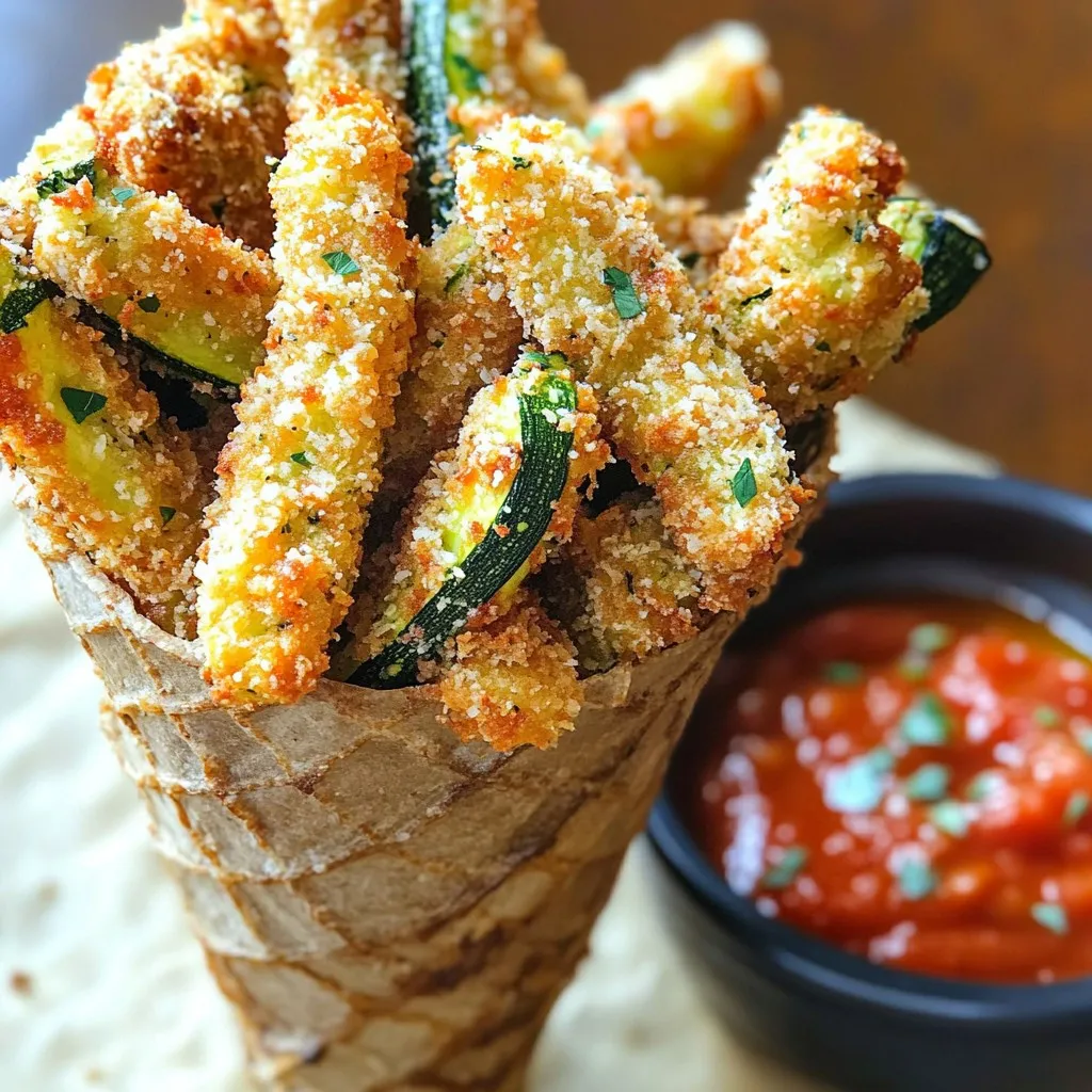 - 2 medium zucchini - 1 cup panko breadcrumbs - 1/2 cup freshly grated Parmesan cheese - 1 large egg - 1 teaspoon garlic powder - 1 teaspoon dried oregano - 1/2 teaspoon salt - 1/4 teaspoon freshly ground black pepper - 1 tablespoon milk - Olive oil spray - Baking sheet and parchment paper To make these crispy fries, start with fresh zucchini. Choose medium-sized ones for the best flavor. The panko breadcrumbs give them that extra crunch. Freshly grated Parmesan adds a rich, cheesy taste. The egg helps bind everything together. It’s simple and fun to mix these ingredients. For seasoning, garlic powder and oregano bring out the best flavors. Salt and black pepper add the right amount of kick. The milk in the egg mixture helps create a nice coating. You will need a baking sheet lined with parchment paper. This helps with easy cleanup and keeps the fries from sticking. An olive oil spray is great for giving them that crispy finish. You’ll love how they turn out! - Preheat the oven to 425°F (220°C). - Line the baking sheet with parchment paper. Start by getting your oven nice and hot. This helps the fries crisp up well. Lining the baking sheet with parchment paper keeps the fries from sticking. It also makes cleanup easy. - Combine dry ingredients in a shallow bowl. - Whisk egg and milk in a separate bowl. In a shallow bowl, mix the panko breadcrumbs, Parmesan cheese, garlic powder, oregano, salt, and black pepper. Make sure to stir until everything blends well. In a different bowl, whisk the egg and milk together. This will help the coating stick to the zucchini. - Dip zucchini sticks in egg mixture. - Roll in breadcrumb mixture and arrange on the baking sheet. - Bake for 20-25 minutes, turning halfway. Take each zucchini stick and dip it into the egg mixture. Let any extra drip off. Then roll the stick in the breadcrumb mix, pressing gently. This helps the crumbs stick better. Arrange the zucchini sticks on the baking sheet in a single layer. Lightly spray the tops with olive oil spray. Bake them for 20-25 minutes. Turn them halfway through to cook evenly. They should be golden brown and crispy when done. Enjoy your crispy Parmesan zucchini fries! To get that great crunch, use panko breadcrumbs. They are light and airy, which means they crisp up better than regular breadcrumbs. I suggest you lightly spray the coated fries with olive oil before baking. This helps them turn golden and crispy without being greasy. For a fun touch, serve your crispy zucchini fries in a cone or a small basket. This makes them look special and keeps them warm. Pair your fries with zesty marinara sauce or creamy ranch dressing. Both add flavor and make for a tasty dip. To ensure your fries stay crispy, avoid crowding them on the baking sheet. Give each fry enough space to cook evenly. Also, turn them halfway through baking. This helps achieve that perfect crispy finish. To avoid soggy fries, make sure the zucchini is dry before coating. Excess moisture can ruin that crunch. {{image_4}} You can switch up the breading for your zucchini fries. Try using gluten-free breadcrumbs or almond flour if you want a gluten-free option. They still give a great crunch! You can also add spices like paprika or cayenne for some extra heat. Mixing in other cheeses, like cheddar or feta, adds a fun twist to the flavor too. Don’t limit yourself to just zucchini. You can use eggplant or sweet potatoes for a tasty change. Just cut them into sticks like zucchini. For a mixed veggie fry platter, combine different vegetables. It makes for a colorful and exciting snack! If you follow a vegan diet, there are easy swaps. Use a flaxseed meal mixed with water instead of egg. Nutritional yeast can replace cheese for flavor without dairy. For low-carb options, try using sliced radishes or cauliflower instead of zucchini. These options keep the fries satisfying and tasty while fitting your diet. To keep your crispy Parmesan zucchini fries fresh, store them in the refrigerator. Place the leftovers in an airtight container. Make sure they cool down first. This helps preserve their crunch. You can keep them for up to three days. If you want to freeze them, wait until they cool completely. Place the fries in a single layer on a baking sheet and freeze for two hours. Once frozen, transfer them to a freezer bag. They can last about three months in the freezer. To reheat and keep them crispy, use the oven. Preheat it to 400°F (200°C). Spread the fries on a baking sheet and bake for about 10 minutes. This method keeps the fries crunchy. You can use the microwave, but the fries may turn soft. If you do, place a paper towel under them. This helps absorb some moisture. For safe eating, consume the fries within three days if stored in the fridge. After that, check for any signs of spoilage. Look out for a sour smell or a slimy texture. If you notice these, it's best to throw them away. To get your zucchini fries super crispy, use panko breadcrumbs. They add great texture. You can also: - Pat the zucchini sticks dry with a towel to remove moisture. - Coat them lightly with olive oil spray before baking. - Bake them at a high temperature, around 425°F (220°C). - Turn the fries halfway through cooking for even crisping. - Let them cool a bit after baking. This helps them stay crunchy. Yes, you can use regular breadcrumbs, but panko works better. Panko is larger and airier. This gives a crunchier bite. Regular breadcrumbs are finer and may not coat as well. If you choose regular breadcrumbs, try to add a bit more flavor. You can mix in extra seasonings to boost taste. Zucchini fries taste great with many sauces. Here are some popular options: - Marinara sauce: It adds a nice tangy flavor. - Ranch dressing: Creamy and savory, it complements the fries well. - Garlic aioli: A rich and tasty choice. - Spicy ketchup: For those who enjoy a kick. - Tzatziki: This cool yogurt sauce adds freshness. Feel free to mix and match to find your favorite! You learned how to make crispy Parmesan zucchini fries, from ingredients to serving tips. Using fresh zucchini and panko breadcrumbs gives these fries their crunch. Remember to preheat your oven and use parchment paper for easy cleanup. Try the variations to suit your taste and dietary needs. Store leftovers properly to enjoy later. Use the reheating tips to keep them crisp. Enjoy experimenting with flavors and impressing your friends or family with this tasty snack!