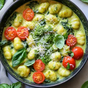 To make One-Pot Creamy Pesto Gnocchi, gather these simple items: - 1 lb (450g) potato gnocchi - 1 cup (240ml) heavy cream - ½ cup (120g) basil pesto - 1 cup (150g) cherry tomatoes, halved - 1 cup (30g) baby spinach - 1 cup (100g) grated Parmesan cheese - 2 tablespoons (30ml) olive oil - 2 cloves garlic, minced - Salt and black pepper to taste - Fresh basil leaves for garnish You can swap items for a similar taste or to meet dietary needs. - Use gluten-free gnocchi if you want a gluten-free meal. - Substitute heavy cream with coconut cream for a lighter option. - Try sun-dried tomatoes instead of fresh cherry tomatoes for a tangy kick. - Spinach can be replaced with kale for added nutrition. - If you don’t have Parmesan, use nutritional yeast for a vegan option. This dish serves four and packs flavor and nutrition. - Calories: Approximately 550 per serving - Protein: 20g - Carbohydrates: 60g - Fat: 30g - Fiber: 3g - Sugars: 3g Each bite offers a creamy, rich taste while providing essential nutrients. You can enjoy a delightful meal without feeling guilty. Start by heating 2 tablespoons of olive oil in a large pot over medium heat. Once it's hot, add 2 cloves of minced garlic. Sauté the garlic for about 1 minute until it smells good and turns a light golden color. Next, pour in 1 cup of heavy cream. Stir it well to mix with the garlic. Let the cream warm up until it gently bubbles, but do not let it boil hard. Now, it’s time to add the star of the dish—1 pound of potato gnocchi. Carefully place the gnocchi in the pot, making sure they are well covered in the creamy mix. Cook them for about 3 to 4 minutes. You know they are ready when they start to float up to the top. This floating means they are cooked through and soft. Lower the heat to a gentle simmer. Stir in ½ cup of basil pesto, mixing it well to combine with the cream. Add in 1 cup of halved cherry tomatoes and 1 cup of baby spinach. Keep cooking for another 2 to 3 minutes. Stir gently until the spinach wilts and the tomatoes soften. Gradually sprinkle in 1 cup of grated Parmesan cheese. Stir as the cheese melts into the sauce, making it rich and creamy. Taste your dish and add salt and black pepper as needed. If the sauce seems too thick, add a splash of water to make it just right. To get that rich and creamy texture, start with heavy cream. It thickens well when heated. Add the cream slowly to avoid lumps. Stir continuously as you mix in the pesto. This helps it blend smoothly. If your sauce is too thick, add a splash of water. This keeps it creamy and light. If you’re new to cooking, don’t worry! Use a large pot to give the gnocchi space. This helps them cook evenly. Make sure the oil is hot before adding garlic. This brings out its flavor. Always taste the sauce before serving. Adjust salt and pepper to your liking. Cooking is about finding what tastes good to you! For a beautiful presentation, serve the creamy gnocchi in shallow bowls. This shows off the colors. Top each dish with fresh basil leaves and extra Parmesan. You can also drizzle a little olive oil on top. This adds shine and flavor. A sprinkle of black pepper can add a nice touch, too! {{image_4}} You can add protein to your creamy pesto gnocchi. Chicken works well. Use cooked, diced chicken for great flavor. Shrimp adds a nice touch too. Sauté shrimp until pink for a few minutes. Toss them in right before serving. Both options make the dish heartier and more filling. Keep it vegetarian by using more veggies. Swap the chicken or shrimp for mushrooms. Sauté them until tender. You can also add chickpeas for extra protein. They add a nice texture and flavor. Another option is to use tofu. Just pan-fry it before adding to the dish. Seasonal veggies can transform this meal. In spring, add asparagus or peas. They bring fresh tastes and colors. Summer is great for zucchini or bell peppers. In fall, try butternut squash for sweetness. Winter calls for hearty greens like kale or Swiss chard. Feel free to mix and match based on what's fresh. To keep your One-Pot Creamy Pesto Gnocchi fresh, place leftovers in an airtight container. Let the dish cool before sealing. Store it in the fridge for up to three days. If you want the best taste, eat it within two days. Reheat gnocchi on the stove over medium heat. Add a splash of water or cream to keep it creamy. Stir often to avoid sticking. You can also use a microwave. Heat in short bursts, stirring in between, until warm. You can freeze this dish for later. Allow it to cool, then transfer to a freezer-safe container. It will keep well for up to three months. To reheat, thaw in the fridge overnight and follow the reheating instructions. Avoid freezing it with fresh spinach, as it may become soggy. You should use potato gnocchi for this dish. It has a soft, fluffy texture. You can find it fresh or frozen at most stores. Choose the type you prefer. Fresh gnocchi cooks quickly, while frozen may take a minute longer. Both options work well in this creamy pesto dish. Yes, you can make this dish ahead of time. Cook the gnocchi and sauce, then cool it down. Store it in an airtight container in the fridge for up to two days. When ready to eat, reheat it slowly on the stove. You may need to add a splash of cream or water to loosen the sauce. To make this recipe dairy-free, swap the heavy cream for coconut cream or a plant-based cream. Use nutritional yeast instead of Parmesan for a cheesy flavor. Ensure your pesto is dairy-free too. Many brands offer vegan options, or you can make your own at home. This way, you keep the creamy texture and delicious taste! This blog post covered everything you need to know about making gnocchi. We explored the ingredients, provided substitutions, and shared nutritional facts. I walked you through step-by-step instructions for preparation and cooking. You learned tips for a creamy texture and presentation ideas. We also discussed variations for different diets and how to store leftovers. Now, you can confidently create this dish and make it your own. Enjoy experimenting and sharing your tasty results!