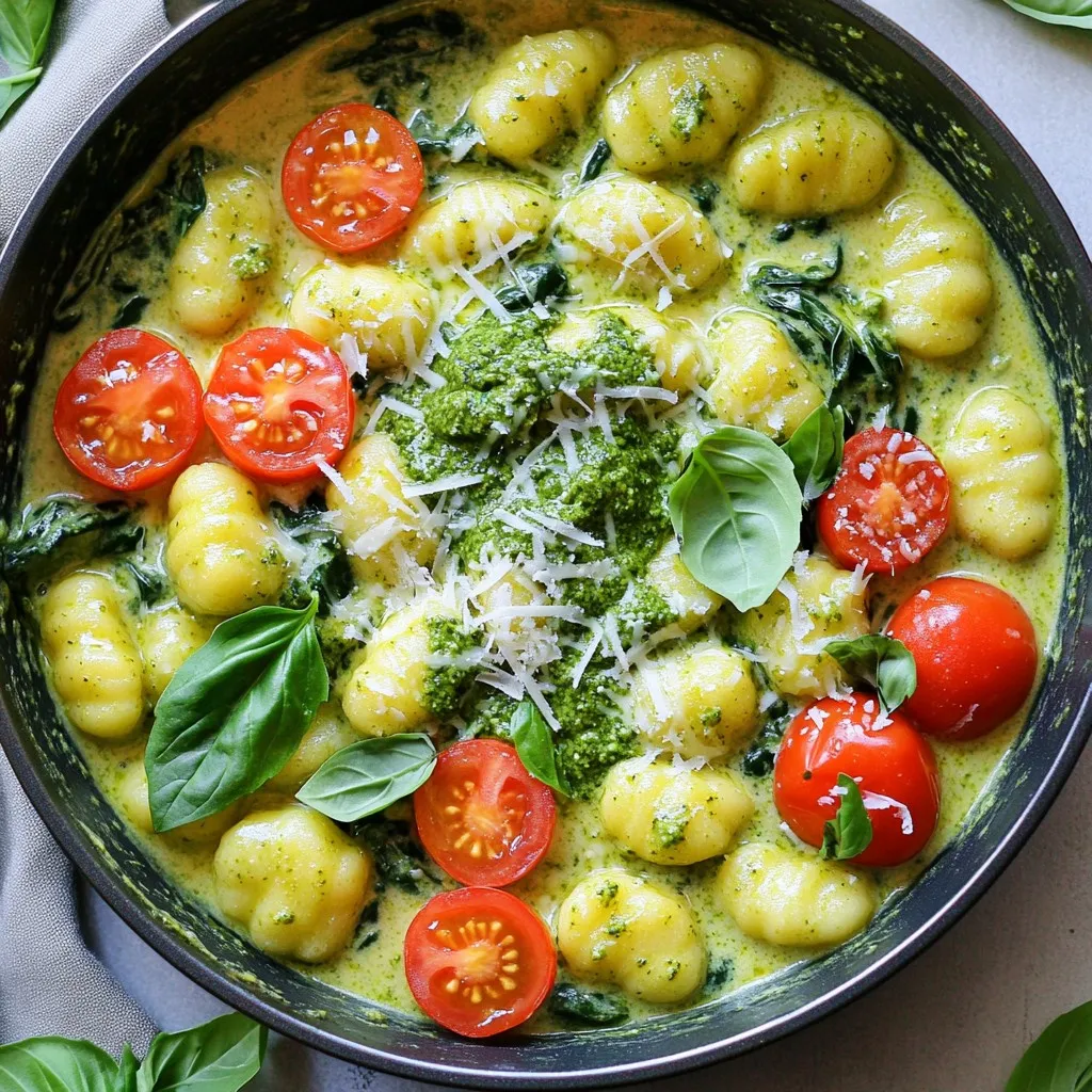 To make One-Pot Creamy Pesto Gnocchi, gather these simple items: - 1 lb (450g) potato gnocchi - 1 cup (240ml) heavy cream - ½ cup (120g) basil pesto - 1 cup (150g) cherry tomatoes, halved - 1 cup (30g) baby spinach - 1 cup (100g) grated Parmesan cheese - 2 tablespoons (30ml) olive oil - 2 cloves garlic, minced - Salt and black pepper to taste - Fresh basil leaves for garnish You can swap items for a similar taste or to meet dietary needs. - Use gluten-free gnocchi if you want a gluten-free meal. - Substitute heavy cream with coconut cream for a lighter option. - Try sun-dried tomatoes instead of fresh cherry tomatoes for a tangy kick. - Spinach can be replaced with kale for added nutrition. - If you don’t have Parmesan, use nutritional yeast for a vegan option. This dish serves four and packs flavor and nutrition. - Calories: Approximately 550 per serving - Protein: 20g - Carbohydrates: 60g - Fat: 30g - Fiber: 3g - Sugars: 3g Each bite offers a creamy, rich taste while providing essential nutrients. You can enjoy a delightful meal without feeling guilty. Start by heating 2 tablespoons of olive oil in a large pot over medium heat. Once it's hot, add 2 cloves of minced garlic. Sauté the garlic for about 1 minute until it smells good and turns a light golden color. Next, pour in 1 cup of heavy cream. Stir it well to mix with the garlic. Let the cream warm up until it gently bubbles, but do not let it boil hard. Now, it’s time to add the star of the dish—1 pound of potato gnocchi. Carefully place the gnocchi in the pot, making sure they are well covered in the creamy mix. Cook them for about 3 to 4 minutes. You know they are ready when they start to float up to the top. This floating means they are cooked through and soft. Lower the heat to a gentle simmer. Stir in ½ cup of basil pesto, mixing it well to combine with the cream. Add in 1 cup of halved cherry tomatoes and 1 cup of baby spinach. Keep cooking for another 2 to 3 minutes. Stir gently until the spinach wilts and the tomatoes soften. Gradually sprinkle in 1 cup of grated Parmesan cheese. Stir as the cheese melts into the sauce, making it rich and creamy. Taste your dish and add salt and black pepper as needed. If the sauce seems too thick, add a splash of water to make it just right. To get that rich and creamy texture, start with heavy cream. It thickens well when heated. Add the cream slowly to avoid lumps. Stir continuously as you mix in the pesto. This helps it blend smoothly. If your sauce is too thick, add a splash of water. This keeps it creamy and light. If you’re new to cooking, don’t worry! Use a large pot to give the gnocchi space. This helps them cook evenly. Make sure the oil is hot before adding garlic. This brings out its flavor. Always taste the sauce before serving. Adjust salt and pepper to your liking. Cooking is about finding what tastes good to you! For a beautiful presentation, serve the creamy gnocchi in shallow bowls. This shows off the colors. Top each dish with fresh basil leaves and extra Parmesan. You can also drizzle a little olive oil on top. This adds shine and flavor. A sprinkle of black pepper can add a nice touch, too! {{image_4}} You can add protein to your creamy pesto gnocchi. Chicken works well. Use cooked, diced chicken for great flavor. Shrimp adds a nice touch too. Sauté shrimp until pink for a few minutes. Toss them in right before serving. Both options make the dish heartier and more filling. Keep it vegetarian by using more veggies. Swap the chicken or shrimp for mushrooms. Sauté them until tender. You can also add chickpeas for extra protein. They add a nice texture and flavor. Another option is to use tofu. Just pan-fry it before adding to the dish. Seasonal veggies can transform this meal. In spring, add asparagus or peas. They bring fresh tastes and colors. Summer is great for zucchini or bell peppers. In fall, try butternut squash for sweetness. Winter calls for hearty greens like kale or Swiss chard. Feel free to mix and match based on what's fresh. To keep your One-Pot Creamy Pesto Gnocchi fresh, place leftovers in an airtight container. Let the dish cool before sealing. Store it in the fridge for up to three days. If you want the best taste, eat it within two days. Reheat gnocchi on the stove over medium heat. Add a splash of water or cream to keep it creamy. Stir often to avoid sticking. You can also use a microwave. Heat in short bursts, stirring in between, until warm. You can freeze this dish for later. Allow it to cool, then transfer to a freezer-safe container. It will keep well for up to three months. To reheat, thaw in the fridge overnight and follow the reheating instructions. Avoid freezing it with fresh spinach, as it may become soggy. You should use potato gnocchi for this dish. It has a soft, fluffy texture. You can find it fresh or frozen at most stores. Choose the type you prefer. Fresh gnocchi cooks quickly, while frozen may take a minute longer. Both options work well in this creamy pesto dish. Yes, you can make this dish ahead of time. Cook the gnocchi and sauce, then cool it down. Store it in an airtight container in the fridge for up to two days. When ready to eat, reheat it slowly on the stove. You may need to add a splash of cream or water to loosen the sauce. To make this recipe dairy-free, swap the heavy cream for coconut cream or a plant-based cream. Use nutritional yeast instead of Parmesan for a cheesy flavor. Ensure your pesto is dairy-free too. Many brands offer vegan options, or you can make your own at home. This way, you keep the creamy texture and delicious taste! This blog post covered everything you need to know about making gnocchi. We explored the ingredients, provided substitutions, and shared nutritional facts. I walked you through step-by-step instructions for preparation and cooking. You learned tips for a creamy texture and presentation ideas. We also discussed variations for different diets and how to store leftovers. Now, you can confidently create this dish and make it your own. Enjoy experimenting and sharing your tasty results!