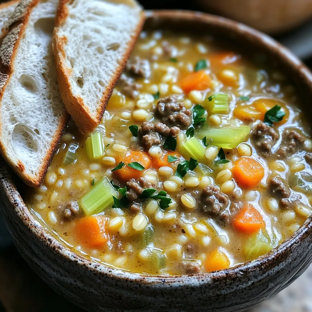 - 1 pound ground beef - 1 cup pearl barley, rinsed - 1 large onion, chopped - 3 medium carrots, diced - 3 celery stalks, diced - 4 cloves garlic, minced - 1 cup frozen peas The main ingredients set the stage for a rich and hearty soup. Ground beef gives the soup a nice flavor. Pearl barley adds chewiness and helps thicken the soup. Fresh vegetables like onions, carrots, and celery bring out a sweet flavor. Don’t forget the garlic; it adds depth to every bite. - 6 cups low-sodium beef broth - 1 cup whole milk - 1 teaspoon dried thyme - 1 teaspoon dried rosemary - Salt and freshly ground black pepper to taste - 2 tablespoons olive oil The beef broth is the soup's base. It adds a savory taste to the mix. Whole milk creates a creamy texture, making every spoonful smooth. Thyme and rosemary give it an earthy note. Using salt and pepper enhances all the flavors. Olive oil helps cook the beef and veggies to perfection. - Fresh parsley, chopped, for garnish - Additional toppings Garnishing with fresh parsley adds color and freshness to the dish. You can also add extra toppings like croutons or shredded cheese for fun textures. A bit of crunch or creaminess on top makes every bowl special. Start by heating the olive oil in a large skillet over medium heat. When the oil shimmers, add 1 pound of ground beef. Cook the beef until it turns brown. Use a spatula to break it apart as it cooks. Once it’s browned, drain any extra fat. Transfer the beef into your slow cooker. In the same skillet, add 1 chopped onion, 3 diced carrots, and 3 diced celery stalks. Sauté these veggies for about 5 minutes. Stir them often until they soften. Next, add 4 minced garlic cloves and cook for another minute. You want to smell that garlic! Transfer this mixture to the slow cooker with the beef. Now, it’s time to add more goodness to the slow cooker. Add 1 cup of rinsed pearl barley and 6 cups of low-sodium beef broth. Sprinkle in 1 teaspoon of dried thyme and 1 teaspoon of dried rosemary. Season it all with salt and freshly ground black pepper. Stir everything well so that the flavors mix. Cover the slow cooker and set it to cook either on low for 7-8 hours or on high for 4-5 hours. The barley should be tender when it’s done. To make your soup extra creamy, add whole milk at the end. This gives the soup a smooth and rich feel. You want to stir it in gently, so it mixes well. For frozen peas, add them in the last 30 minutes of cooking. This helps them stay bright and fresh while heating through. When you cook on low, aim for 7-8 hours. This allows the flavors to meld nicely. If you are short on time, use high for 4-5 hours. The barley is done when it is tender and soft. Check it about an hour before the end to see if it needs more time. Prep your ingredients ahead of time. Chop the veggies and measure everything out the night before. This makes cooking easier and faster. You can also use frozen vegetables if you are short on time. They save you prep work and still taste great in the soup. {{image_4}} You can switch out the ground beef for turkey or chicken. This change keeps the dish light but still tasty. If you want to try different grains, opt for quinoa or farro. Both options add unique flavors and textures. Herbs and spices can change the soup's flavor. Try adding basil or oregano for a fresh taste. You can also add seasonal vegetables. Zucchini, bell peppers, or green beans work well and add color. For a gluten-free version, skip the barley. Try using rice or gluten-free pasta instead. If you need a dairy-free soup, coconut milk or almond milk can replace the whole milk. These options still keep your soup creamy and delicious. To keep your creamy beef and barley soup fresh, follow these steps: - Refrigeration: Allow the soup to cool to room temperature. Once cooled, transfer it to an airtight container. Store in the fridge for up to three days. This keeps the flavors fresh and prevents spoilage. - Freezing: For long-term storage, use freezer-safe bags or containers. Portion the soup for easy use later. Freeze the soup for up to three months. When ready to enjoy, thaw it in the fridge overnight before reheating. When it's time to warm up your soup, you have a few options: - Microwave: Place the soup in a microwave-safe bowl. Cover it loosely to avoid splatters. Heat for about two to three minutes, stirring halfway through. - Stovetop: Pour the soup into a pot. Heat it over medium heat, stirring often. This method helps to heat the soup evenly. To keep the creamy texture, add a splash of milk or water while reheating. This helps to prevent it from thickening too much. Stir well to combine. Knowing how long your soup lasts is key: - You can keep the soup in the fridge for up to three days. - In the freezer, it lasts about three months. To spot spoilage, check for any off smells or changes in color. If the soup smells sour or shows signs of mold, it’s best to toss it. Trust your senses; they guide you well in the kitchen! Yes, you can use other meats. Ground turkey or chicken works well. You can also try diced beef for a chunkier texture. Each meat will change the flavor slightly. Turkey is leaner and has less fat. Diced beef may need longer cooking time to become tender. Absolutely! You can replace whole milk with coconut milk or almond milk. These options add creaminess without dairy. For a thicker texture, use cashew cream or silken tofu blended until smooth. This keeps the soup rich and flavorful. If the soup seems thin, there are simple ways to thicken it. You can mix a tablespoon of cornstarch with cold water. Stir this mixture into the soup and cook for a few more minutes. Another option is to add more pearl barley. Let it cook longer to absorb extra liquid. Yes, making this soup in advance is a great idea! Store it in an airtight container in the fridge for up to three days. To freeze, use a freezer-safe container. Thaw overnight in the fridge before reheating. Reheat on the stovetop or microwave, adding a splash of milk if needed. This article covered how to make a hearty soup with ground beef, pearl barley, and fresh veggies. You learned the main ingredients, cooking steps, tips for creaminess, and options for swaps. Remember to try different herbs and spices to find your perfect flavor. You can easily modify the recipe to fit your needs. Enjoy your cooking and store leftovers safely for future meals. Making this soup can be fun and rewarding. Your family will surely appreciate a warm bowl of comfort. Get creative and enjoy!