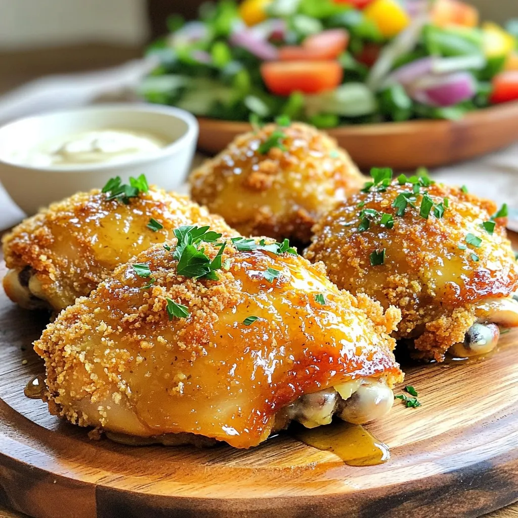 For this tasty dish, you will need: - 4 boneless, skinless chicken thighs - 1/4 cup Dijon mustard - 1/4 cup honey - 1 teaspoon garlic powder - 1 teaspoon onion powder - 1 teaspoon paprika - 1/2 teaspoon black pepper - 1/2 teaspoon salt - 1 cup panko breadcrumbs These ingredients work together to create a sweet and tangy flavor. Chicken thighs are perfect for this recipe because they stay juicy and tender. The key seasonings are Dijon mustard and honey. They give the chicken its unique flavor. Garlic powder, onion powder, and paprika add depth. The panko breadcrumbs give the chicken a crispy texture. This combination makes every bite delicious. To keep the chicken from sticking, use cooking spray or olive oil. You can choose any cooking spray that you like. Olive oil gives a nice flavor and helps the chicken crisp up. To start, grab a medium bowl. Add 1/4 cup of Dijon mustard and 1/4 cup of honey. Then, sprinkle in 1 teaspoon of garlic powder, 1 teaspoon of onion powder, and 1 teaspoon of paprika. Next, add 1/2 teaspoon of black pepper and 1/2 teaspoon of salt. Mix everything well until smooth. This tasty mix is your marinade. It will give the chicken great flavor. Take your 4 boneless, skinless chicken thighs and place them in the bowl with the marinade. Make sure each piece is covered on all sides. This is key for flavor! After coating, cover the bowl with plastic wrap or a lid. Place it in the fridge for at least 30 minutes. This waiting time helps the flavors soak in. Before cooking, preheat your air fryer to 380°F (190°C) for about 5 minutes. This makes sure the chicken cooks evenly. Once preheated, remove the chicken from the fridge. Now, take 1 cup of panko breadcrumbs and coat each thigh. Press gently to help the crumbs stick. Next, spray the air fryer basket with cooking spray or use olive oil. This keeps the chicken from sticking. Place the chicken thighs in a single layer in the basket. Make sure there's space between each piece for good air flow. Cook the chicken at 380°F (190°C) for 15-18 minutes. Flip the chicken halfway through. This gets that nice golden-brown color. Check that the chicken reaches 165°F (74°C) inside. When it's done, carefully take it out. Let it rest for a few minutes to keep it juicy. Enjoy your crispy honey mustard chicken! For the crispiest honey mustard chicken, use panko breadcrumbs. They create a light, crunchy layer. Press the breadcrumbs onto the chicken firmly. This helps them stick well. Don’t crowd the air fryer basket. Leave space for air to flow. This ensures even cooking and crispiness. Marinating is key for flavor. Coat the chicken well with the honey mustard mix. Let it sit in the fridge for at least 30 minutes. If you can, marinate longer for extra taste. The longer you wait, the more the flavors soak in. Avoid skipping the marinating step. If you do, the chicken may taste bland. Don't use too much cooking spray. A light coat is best to keep the chicken crispy. Finally, remember to flip the chicken halfway. This helps it cook evenly and stay crunchy. {{image_4}} You can easily switch up the flavors in this recipe. Try using whole grain mustard instead of Dijon for a milder taste. If you want a kick, add a dash of cayenne pepper or red pepper flakes. You can even mix in some fresh herbs like thyme or rosemary for extra flavor. A splash of apple cider vinegar can give your marinade a nice tang. If you prefer, you can use chicken breasts instead of thighs. Just remember, breasts can dry out more easily, so keep an eye on the cooking time. You can also use bone-in chicken pieces if you like. Just be sure to adjust the cooking time, as bone-in pieces take longer to cook. Crispy honey mustard chicken pairs well with many sides. Roasted veggies such as carrots, broccoli, or Brussels sprouts add color and nutrients. You can also serve it with rice or quinoa for a filling meal. A fresh salad with mixed greens and a light vinaigrette balances the dish nicely. Don't forget to add some crusty bread to soak up any leftover sauce! To keep your crispy honey mustard chicken fresh, store it in an airtight container. This helps prevent moisture loss and keeps the chicken tasty. Make sure to let it cool before sealing. Refrigerate leftovers for up to three days. When you want to enjoy leftovers, reheating them properly is key. Place the chicken in the air fryer at 350°F (175°C) for about 5-7 minutes. This will help retain the crispiness. Check that it is heated through before serving. If you want to save some for later, freezing is a great option. Place the cooled chicken in a freezer-safe bag or container. Remove as much air as possible. You can freeze it for up to three months. Thaw it overnight in the fridge before reheating for the best taste. You should cook chicken thighs in an air fryer for 15 to 18 minutes. Make sure your air fryer is set to 380°F (190°C). Flip the chicken halfway through cooking to get an even crisp. Always check the chicken reaches a safe internal temperature of 165°F (74°C). This ensures it is juicy and safe to eat. Yes, you can use other cuts of chicken. Chicken breasts or drumsticks work well too. Just remember that cooking times may change. Breasts may cook a bit faster, while drumsticks may need a few extra minutes. Always check the internal temperature to ensure doneness. You can serve this chicken with many sides. A fresh side salad complements it nicely. Roasted veggies or mashed potatoes are great choices too. For a light option, try steamed broccoli or green beans. Don’t forget a small bowl of the reserved marinade for dipping! In this blog post, we explored how to make crispy honey mustard chicken. We covered key ingredients and seasonings, as well as step-by-step cooking instructions. I shared tips for maximum crispiness and flavor, along with common mistakes to avoid. You learned about variations and storage tips too. Now, you have all the tools to create a delicious meal. Enjoy cooking and experimenting with this tasty dish!
