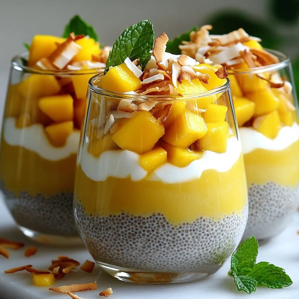 - 1 cup full-fat coconut milk - 1/4 cup chia seeds - 2 tablespoons pure maple syrup (or honey) - 1 ripe mango, peeled and diced - 1/2 teaspoon pure vanilla extract - Pinch of sea salt - Toasted coconut flakes, for topping - Fresh mint leaves, for garnish Importance of selecting ripe mango Choosing a ripe mango is key. A ripe mango should feel slightly soft to the touch and have a sweet aroma. This ensures your pudding will be sweet and flavorful. If your mango is too firm, it might not blend well with the creamy texture of the pudding. Choosing types of coconut milk Not all coconut milk is the same. Full-fat coconut milk gives the pudding a rich, creamy taste. You can find it in cans or cartons. If you prefer a lighter option, look for light coconut milk. Just remember, the flavor will change slightly. Alternatives for sweeteners If you don’t have maple syrup, honey works great too. You can also use agave nectar or stevia if you want a low-sugar option. Just adjust the amount to taste, as each sweetener has a different level of sweetness. First, grab a medium-sized mixing bowl. Pour in 1 cup of full-fat coconut milk. Next, add 1/4 cup of chia seeds. These tiny seeds will help thicken our pudding. Now, add 2 tablespoons of pure maple syrup for a touch of sweetness. You can also use honey if you prefer. Don’t forget 1/2 teaspoon of pure vanilla extract to add flavor. Lastly, sprinkle in a pinch of sea salt to enhance all the tastes. Whisk everything together until it’s smooth and well mixed. Let the mixture rest for about 5 minutes. This resting time allows the chia seeds to soak in some coconut milk. After that, give it another quick whisk. This step helps keep the chia seeds from clumping together. Cover the bowl tightly with plastic wrap or a lid. Now, put it in the fridge for at least 4 hours. For the best results, let it chill overnight. This chilling time helps the pudding thicken nicely. Once the pudding has set, it’s time to layer. Take the bowl from the fridge and stir it well to fluff it up. Use serving glasses or bowls for a pretty look. Start with a layer of chia pudding at the bottom. Then, add a layer of diced mango on top. Repeat this process, alternating between the pudding and the mango. Make sure the last layer is mango. This way, you get a pop of color on top. For a delightful finishing touch, sprinkle toasted coconut flakes over each serving. Add a fresh mint leaf for a nice aroma and color. Whisking is key to success. Regularly whisk your pudding mix. This helps the chia seeds spread out. You want them to soak in the coconut milk evenly. After five minutes, whisk again to keep the seeds from clumping. Your pudding should look smooth and thick when ready. If it holds its shape but is still creamy, you’re good to go. The right garnishes can elevate your dish. Toasted coconut flakes add a nice crunch. Fresh mint leaves give a bright, herbal note. Use clear glass cups to show off the beautiful layers. This adds to the visual appeal. A sprinkle of toasted coconut on top makes it look even more inviting. Feel free to mix in other fruits for fun flavors. Berries, bananas, or even pineapple work great. You can also add nuts or seeds for extra texture. Almonds or walnuts give a nice contrast. Try different combinations to find your perfect blend. The options are endless, and each bite can surprise you! {{image_4}} If you want a dairy-free treat, try using almond milk instead of coconut milk. Almond milk gives a light flavor and creamy texture. You can also use oat milk or cashew milk for a different taste. If you want a richer taste, choose full-fat coconut milk. Adjust the sweetness by adding more maple syrup if you like it sweeter. For strict vegans, use agave syrup instead of honey. Agave syrup is plant-based and adds a lovely sweetness. You can also try date syrup for a rich flavor. For toppings, use dairy-free yogurt or nut-based creams. These will add creaminess without dairy. Want to make it more tropical? Add diced passion fruit or pineapple on top for a fruity burst. You can also mix in lime or lemon zest for a zesty kick. This adds brightness and enhances the flavors of mango and coconut. It will take your chia pudding to a new level! You can store mango coconut chia pudding in the fridge for up to five days. To keep it fresh, use an airtight container. This helps prevent odors from other foods. Before serving, stir the pudding if it separates. Yes, you can freeze chia pudding. Pour it into freezer-safe containers. It can last for about two months in the freezer. To thaw, move it to the fridge overnight. Stir well before serving to restore the creamy texture. Serve the pudding within 24 hours for the best taste. This keeps the texture smooth and creamy. For the finest experience, layer the pudding and mango just before serving. Enjoy the vibrant colors and flavors fresh! Yes, you can prepare this recipe ahead of time. In fact, it tastes better that way! To keep it fresh, make it the night before. Let it chill in the fridge for at least four hours or overnight. This time helps the chia seeds soak up the coconut milk and thicken well. If you don’t have chia seeds, you can use flaxseeds. They will also help thicken the pudding. However, ground flaxseeds will give a different texture. You can also use tapioca pearls, but they require more cooking. Each option changes the taste and feel of your pudding. The pudding should be thick and creamy. When you stir it, it should feel smooth. It will look like a gel-like consistency. If it appears too runny, it needs more time in the fridge. Give it at least four hours for the best results. This recipe guides you through making a tasty chia pudding with coconut milk and mango. We covered essential ingredients, instructions, tips, and variations. Remember, the right mango and regular whisking are key to success. Feel free to get creative with flavors and toppings. Making this pudding ahead of time is easy, and it stores well, too. Enjoy this delicious and healthy dish that’s sure to impress! You’ll find joy in each bite, knowing you made it yourself.