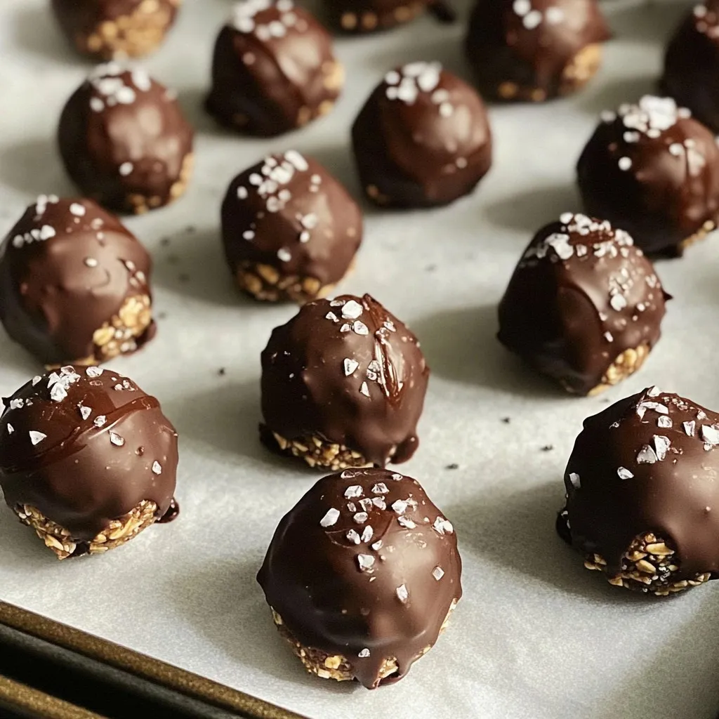 To make Dark Chocolate Sea Salt Energy Bites, you need these simple ingredients: - 1 cup rolled oats - 1/2 cup natural almond butter - 1/2 cup dark chocolate chips (70% cocoa or higher) - 1/4 cup honey or maple syrup - 1/4 cup chia seeds - 1/2 teaspoon vanilla extract - 1/2 teaspoon sea salt, plus extra for topping - Optional: 1/4 cup crushed nuts (such as almonds or walnuts) Each ingredient plays a key role in the flavor and texture. For instance, rolled oats give a hearty base, while almond butter adds creaminess and protein. Dark chocolate chips offer a rich taste, and honey or maple syrup provide sweetness. Chia seeds not only enhance nutrition but also help bind the mixture. The sea salt adds a nice contrast to the sweetness, making every bite delightful. You can also customize your energy bites by adding crushed nuts, which give a crunchy texture. Gather these ingredients before you start. You’ll see how easy it is to create a tasty and healthy snack! Start by grabbing a large bowl. Add 1 cup of rolled oats. Next, scoop in 1/2 cup of natural almond butter. Then, sprinkle in 1/2 cup of dark chocolate chips. The chocolate should be 70% cocoa or higher. Now, pour in 1/4 cup of honey or maple syrup. Add 1/4 cup of chia seeds and 1/2 teaspoon of vanilla extract. Finally, mix in 1/2 teaspoon of sea salt. Stir everything well. The mix should feel thick and sticky. If it seems too dry, add a splash more syrup or almond butter. Once your mix is ready, it’s time to roll. Take about a tablespoon of the mixture. Use your hands to shape it into a ball. Place each energy bite on a parchment-lined baking sheet. Make sure to leave some space between them. This helps them keep their shape. After rolling all the bites, sprinkle a tiny pinch of sea salt on top of each one. This adds a nice touch! Now, put the baking sheet in the freezer. Let them chill for about 30 minutes. This helps the bites firm up. Once set, move them to an airtight container. You can store these yummy bites in the fridge for a week. If you want them to last longer, keep them in the freezer for up to a month. To get the right texture, mix the ingredients well. You want a thick and sticky mix. If it feels too dry, add a little almond butter or syrup. This little change can make a big difference. Make sure to form the bites tightly so they hold together when you roll them. You can change up your bites easily. Try adding crushed nuts like almonds or walnuts for crunch. You can also mix in spices like cinnamon or nutmeg for warmth. If you love fruit, consider adding dried cranberries or raisins. This makes each bite more personal and fun. For a great presentation, place your energy bites on a nice plate. Drizzle some melted dark chocolate over the top for extra flair. You can also sprinkle more sea salt on top to enhance the flavors. These bites make a great snack at parties or a quick pick-me-up during the day. Enjoy them with friends or savor them alone! {{image_4}} You can change the nuts and seeds in this recipe. If you like peanut butter, swap the almond butter for that. You can also try sunflower seed butter for a nut-free option. For seeds, replace chia seeds with flaxseeds. They add great texture and nutrients too. Adding flavors can make your energy bites even better. Try a pinch of cinnamon for warmth. You can also use a drop of almond extract instead of vanilla. This change adds a nice twist. For a fun kick, add a dash of cayenne pepper. It gives a surprising zing! To make these bites vegan, use maple syrup instead of honey. This switch keeps them plant-based. Ensure your dark chocolate chips are dairy-free too. Many brands offer delicious vegan options. These changes make the bites suitable for everyone, while keeping that rich taste. To keep your Dark Chocolate Sea Salt Energy Bites fresh, use an airtight container. This prevents moisture and keeps them tasty. You can line the container with parchment paper for extra protection. If you stack the bites, add layers of parchment paper to avoid sticking. In the fridge, these energy bites last up to one week. Just grab one when you need a quick snack! If you freeze them, they can stay fresh for up to one month. This is great for meal prep and busy days. To thaw frozen energy bites, take them out of the freezer. Let them sit at room temperature for about 15 minutes. You can also microwave them for a few seconds if you're in a hurry. They will taste just as good as fresh! Enjoy your snack anytime. Yes, you can use other nut butters. Peanut butter, cashew butter, and sunflower seed butter work well. Just pick one that you like. Each nut butter adds a unique flavor. This lets you customize your energy bites to your taste. To make these energy bites gluten-free, use certified gluten-free oats. Most rolled oats contain gluten, so check the label. You can replace honey with maple syrup if you want. This makes them safe for gluten-sensitive folks. Yes, these energy bites are great for meal prep. They store well in the fridge or freezer. You can make a big batch and grab them as needed. They are perfect for busy days or a quick snack. You learned how to make tasty energy bites with simple ingredients. We mixed oats, almond butter, and chocolate chips for a yummy treat. I shared tips to help you get the best texture and added flavor. You can change the recipe with nuts or spices to fit your taste. Remember, store these bites well for lasting freshness. These energy bites are great for snacks or meal prep. Now, you can enjoy a healthy, fun treat anytime!