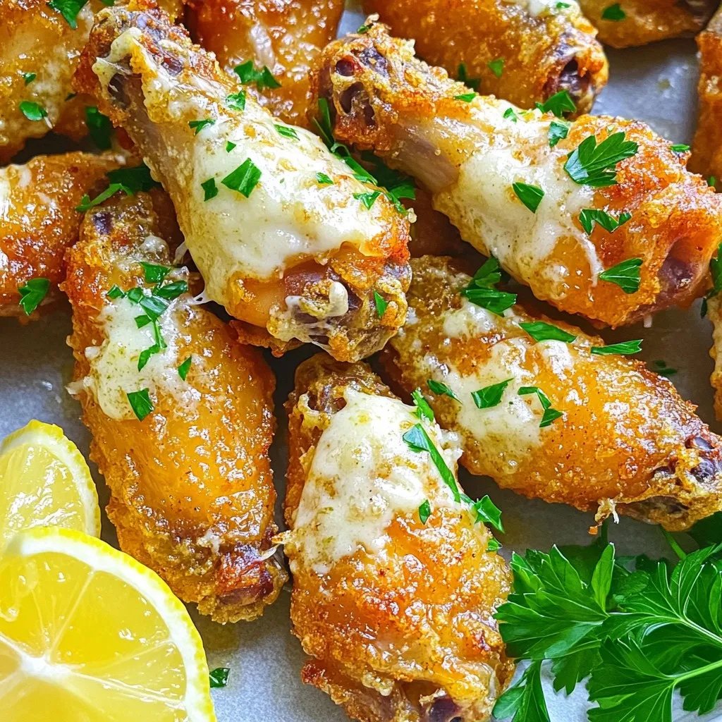 - 2 pounds chicken wings - 1 tablespoon olive oil - 1 teaspoon garlic powder - 1 teaspoon onion powder - 1 teaspoon smoked paprika - ½ teaspoon black pepper - 1 teaspoon salt - ½ cup grated Parmesan cheese - 2 tablespoons fresh parsley (for garnish) - Optional: lemon wedges for serving - Air fryer - Mixing bowl - Measuring spoons - Paper towels - Serving platter Gather these ingredients before you start. Fresh chicken wings are key to great taste. I always use high-quality olive oil for flavor. The garlic powder and onion powder give depth. Smoked paprika adds a nice touch. Don't forget the salt and pepper for balance. Grated Parmesan is a game-changer. It melts into a cheesy crust that everyone loves. Fresh parsley brightens the dish and adds color. Lemon wedges are optional but add zest. You will need an air fryer for cooking. A mixing bowl helps mix the spices and oil. Measuring spoons ensure you use the right amounts. Paper towels help dry the wings for crispiness. Finally, a serving platter makes for a beautiful presentation. Pat the chicken wings dry with paper towels. This step is very important. Removing moisture helps the wings get nice and crispy. If the wings are wet, they will steam, not fry. Crispy wings are what we want! In a large mixing bowl, mix the olive oil, garlic powder, onion powder, smoked paprika, black pepper, and salt. Use a whisk to combine everything well. Add the chicken wings to the bowl and toss them. Make sure each wing gets a good coat of seasoning. This blend gives great flavor! Set your air fryer to preheat at 400°F (200°C). This takes about 5 minutes. Preheating helps the wings cook evenly and turn out crispy. Place the wings in the air fryer basket in a single layer. Do not overcrowd them. Cook the wings for 25-30 minutes. Flip them halfway through for even cooking. In the last 5 minutes, sprinkle the grated Parmesan cheese over the wings. This makes a tasty, cheesy crust. Enjoy those wings! To get crispy wings, start by patting them dry with paper towels. This step is key. It removes moisture, helping the skin crisp up in the air fryer. If the wings are wet, they won’t get that nice crunch. Cook wings in batches for even results. If you crowd the basket, some wings may cook unevenly. Give each wing space to breathe. This way, all of them will be golden and crispy. You can add more flavor with extra seasonings. Try adding cayenne pepper for heat or herbs like thyme for a fresh twist. Adjust spice levels by adding or reducing seasonings to fit your taste. If you like it spicy, go for more pepper. If you prefer it mild, hold back. For a beautiful plate, garnish wings with fresh parsley. It adds color and freshness. Serve with lemon wedges to squeeze over the wings. This adds a nice zesty kick. Pair the wings with dips like ranch or blue cheese. They make great sides for extra flavor. {{image_4}} You can give your wings a new twist. Here are two tasty ideas: - Spicy garlic Parmesan wings: Add 1 teaspoon of cayenne pepper to the seasoning mix. This will give your wings a fiery kick while keeping that classic garlic and cheese flavor. - Asian-inspired garlic wings: Swap the garlic powder for 1 tablespoon of soy sauce and add 1 teaspoon of ginger powder. This will give your wings a savory, umami taste that pairs well with a hint of sweetness. You don't have to stick to the air fryer. Here are some other ways to cook your wings: - Oven-baking method: Preheat your oven to 425°F (220°C). Place seasoned wings on a baking sheet lined with parchment paper. Bake for 40-45 minutes, flipping halfway for even cooking. - Grilling method: Preheat your grill. Cook the wings over medium heat for about 20-25 minutes, turning often to avoid burning. This method adds a nice smoky flavor. Wings taste great with tasty sides. Here are some ideas: - Ideal sides for serving with wings: Serve with celery sticks, carrot sticks, or a fresh salad. These sides provide a nice crunch and balance the rich flavors of the wings. - Suggested drinks to pair: Pair your wings with a cold lager or a refreshing lemonade. Both options complement the savory garlic and cheese flavor nicely. To keep your wings fresh, let them cool down first. You want to avoid trapping steam, which makes the wings soggy. Use an airtight container to store them. Glass or plastic containers both work well. If you have a lot of wings, consider using freezer bags. Remove as much air as you can before sealing the bags. This helps prevent freezer burn if you plan to freeze them. The best way to reheat wings is in the air fryer. Set it to 350°F (175°C) and cook for about 5 to 7 minutes. This method keeps them crispy. If you don’t have an air fryer, you can use the oven. Preheat the oven to 350°F (175°C) and place the wings on a baking sheet. Heat for about 10 to 15 minutes. This method works, but they might not be as crispy as when you use the air fryer. You can also use the microwave, but this method can make them soft. If you choose this method, heat in short bursts of 30 seconds. Yes, you can use frozen chicken wings. First, thaw them in the fridge overnight. This helps them cook evenly. If you don’t have time, you can run them under cold water for about 30 minutes. When cooking, add about 5 more minutes to the cooking time. Keep an eye on them to make sure they are fully cooked. You can store leftover wings for up to three days in the fridge. Place them in an airtight container to keep them fresh. If you want to keep them longer, freeze the wings. They can last for up to four months in the freezer. Just make sure to wrap them well to avoid freezer burn. Several dipping sauces work great with garlic Parmesan wings. Popular choices include: - Ranch - Blue cheese - Hot sauce - Garlic aioli - Honey mustard These sauces add extra flavor and fun. You can mix and match to find your favorite! You now know how to make crispy garlic Parmesan chicken wings using an air fryer. We covered the key ingredients, tools needed, and step-by-step instructions. I shared tips for perfect texture and flavor, plus some fun variations to try. Remember to store leftovers properly and consider great dipping sauces for serving. Enjoy your delicious wings with friends and family. Cooking can be simple and rewarding!