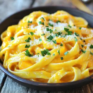 In this creamy butternut squash Alfredo pasta, we have a mix of simple and tasty ingredients. Here’s what you need: - 8 oz fettuccine pasta - 1 medium butternut squash, peeled and diced into bite-sized pieces - 1 cup vegetable broth - 1 cup heavy cream (or coconut cream for a delightful dairy-free alternative) - 3 cloves garlic, minced - 1/2 teaspoon freshly grated nutmeg - Salt and freshly ground black pepper, to taste - 1/2 cup grated Parmesan cheese (or nutritional yeast for a vegan option) - Fresh parsley, finely chopped (for garnish) These ingredients come together to create a dish that is creamy, flavorful, and satisfying. The butternut squash adds natural sweetness and a beautiful color. You can adjust the ingredients to suit your taste or dietary needs. For example, you can swap heavy cream for coconut cream to make it dairy-free. Use nutritional yeast instead of Parmesan for a vegan option. Each ingredient plays a key role in bringing out the flavors of this dish. Enjoy the process of cooking and feel free to have fun with it! 1. Bringing water to a boil: Fill a large pot with water. Add a pinch of salt and bring it to a rolling boil over high heat. 2. Cooking fettuccine until al dente: Add 8 oz of fettuccine to the boiling water. Cook according to the package directions. Aim for al dente, which means it should be firm but not hard. 3. Reserving pasta cooking water: Before you drain the pasta, save 1 cup of the cooking water. This helps adjust the sauce later. 1. Preheating the oven: Set your oven to 400°F (200°C). This temperature helps caramelize the squash. 2. Preparing and seasoning the squash: Peel and dice 1 medium butternut squash into bite-sized pieces. Spread it out on a baking sheet. 3. Roasting method and timing: Drizzle the squash with olive oil. Sprinkle with salt and pepper. Roast for 25-30 minutes. Stir it halfway to ensure even cooking until it’s tender and golden. 1. Sautéing garlic: In a medium saucepan, heat a splash of olive oil over medium heat. Add 3 minced garlic cloves. Sauté for 1-2 minutes until fragrant. 2. Ingredients for the sauce: Combine the roasted squash, sautéed garlic, 1 cup vegetable broth, 1 cup heavy cream or coconut cream, 1/2 teaspoon nutmeg, and a pinch of salt and pepper in a high-speed blender. 3. Blending the mixture until smooth: Blend until the mixture is completely smooth. Taste and adjust the seasoning as needed. 1. Heating the sauce: Pour the blended butternut squash sauce into a large skillet over low heat. Warm it gently. 2. Tossing fettuccine with sauce: Add the drained fettuccine to the skillet. Toss it well to coat the pasta in the creamy sauce. 3. Adjusting sauce consistency: Gradually add the reserved pasta water. Use just enough to reach your desired sauce thickness. Stir in 1/2 cup grated Parmesan cheese until it melts. 1. Plating the dish: Transfer the creamy butternut squash pasta to warm serving plates. This makes it more inviting. 2. Garnishing with parsley and cheese: Finish with a sprinkle of fresh parsley and extra Parmesan cheese if you like. This adds color and flavor. - Achieving perfect pasta texture: Cook your fettuccine in boiling salted water. Follow the package time but check for doneness a minute early. Al dente pasta has a slight bite. This texture holds up better in sauces. - Roasting squash for maximum flavor: Preheat your oven to 400°F (200°C). Spread diced butternut squash on a baking sheet. Drizzle with olive oil, and season with salt and pepper. Roast for 25-30 minutes until the edges caramelize. This step enhances the squash's sweet flavor. - Adding spices or herbs for extra depth: Include spices like smoked paprika or herbs like sage. These add warmth and depth to your sauce. A dash of cayenne can add a hint of heat. - Choosing between dairy and dairy-free options: If you want a creamy sauce without dairy, use coconut cream. It provides a rich flavor while keeping the dish light and comforting. Nutritional yeast can replace Parmesan for a cheesy taste. - Unique plating ideas: Serve the pasta in shallow bowls. Drizzle extra sauce on top for a beautiful finish. A sprinkle of fresh parsley adds a pop of color. - Pairing with side dishes or bread: Crusty bread pairs well with this creamy dish. A simple side salad balances the meal. This adds freshness and crunch to your plate. {{image_4}} If you want a vegan version, use coconut cream instead of heavy cream. It gives a nice creamy taste. Swap Parmesan cheese for nutritional yeast for a cheesy flavor without dairy. For gluten-free options, choose gluten-free fettuccine. Many brands offer great textures. You can also try zoodles, which are spiralized zucchini, for a low-carb choice. To add protein, consider chicken or shrimp. Cook them separately, add them to the pasta, and mix well. This boosts protein and makes the meal heartier. You can also incorporate seasonal vegetables. Spinach or kale adds color and nutrition. Roasted cherry tomatoes bring sweetness. Toss them in with the pasta for extra flavor. Experiment with different herbs or spices. Fresh basil or thyme can brighten the sauce. Adding a pinch of red pepper flakes gives it a kick. If you want a creamier sauce, add more cream or some cream cheese. For a lighter sauce, use more vegetable broth. Adjust to your taste for the perfect blend! To keep your creamy butternut squash Alfredo pasta fresh, use an airtight container. Glass containers work great as they do not absorb smells. Make sure the pasta has cooled to room temperature before sealing. Store the container in the fridge for up to three days. If you plan to eat it later, try to separate the sauce and pasta. This keeps the pasta from getting too soggy. When you're ready to enjoy your leftovers, the best methods are stovetop or microwave. For stovetop, add the pasta to a skillet. Pour in a splash of water or broth to help steam it. Heat on low, stirring gently until warmed through. If using a microwave, place the pasta in a microwave-safe bowl. Add a little water, cover, and heat in short bursts. This helps to keep the texture nice. Always stir before checking if it’s hot enough. Enjoy your meal just like the first time! You can use coconut cream as a dairy-free option. It adds a rich, creamy taste. Another good choice is cashew cream, made by blending soaked cashews with water. For a lighter option, try unsweetened almond milk mixed with a little cornstarch. Each of these choices gives a unique flavor but keeps it creamy. To make this dish gluten-free, choose gluten-free fettuccine pasta. Many brands offer good alternatives made from rice or chickpeas. Always check the label to ensure it is certified gluten-free. When cooking, avoid cross-contamination by using clean pots and utensils. Yes, you can freeze this dish! To do so, let it cool completely. Place it in an airtight container and store it in the freezer for up to three months. When you want to eat it, thaw it in the fridge overnight. Reheat gently on the stove, adding a splash of water to keep it creamy. This recipe makes about four servings. If you need more, you can easily double the ingredients. Just make sure your pot and blender can handle the larger batch. If you want less, simply cut the ingredients in half. This blog post covered how to make creamy butternut squash Alfredo pasta. You learned about the key ingredients, step-by-step cooking instructions, and helpful tips. I shared storage methods and answers for common questions, such as gluten-free options and freezing tips. As you try this dish, feel free to customize it to your taste. Enjoy the process of cooking and the delicious meal that awaits. Happy cooking!