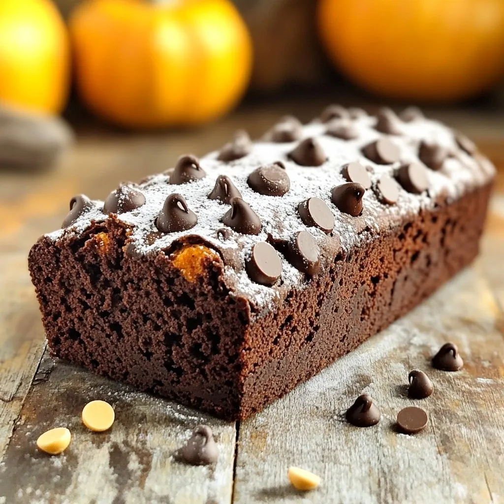 To make Bakery Style Chocolate Pumpkin Loaf, you need: - 1 cup canned pumpkin puree - 1 cup granulated sugar - 1/2 cup brown sugar, packed - 1/2 cup vegetable oil - 3 large eggs - 1 teaspoon vanilla extract - 1 1/2 cups all-purpose flour - 1/2 cup unsweetened cocoa powder - 1 teaspoon baking powder - 1 teaspoon baking soda - 1/2 teaspoon salt - 1 teaspoon pumpkin pie spice - 1 cup chocolate chips (semi-sweet or dark) These ingredients blend to create a rich and moist loaf with a chocolatey twist. For a special touch, you can add: - Powdered sugar for dusting - Whipped cream or vanilla ice cream on the side These extras make your loaf look and taste even better. Using the best ingredients matters. Here are some tips: - Choose pure pumpkin puree without additives. This gives the best flavor. - Use fresh eggs for better texture and taste. - Pick high-quality cocoa powder. Look for extra dark for a richer taste. - Select semi-sweet chocolate chips for a balanced sweetness. Quality ingredients lead to a fantastic loaf that everyone will love! First, set your oven to 350°F (175°C). While it warms up, grab a 9x5-inch loaf pan. Grease it with butter or spray. You can also use parchment paper for easy removal later. In a large bowl, mix one cup of pumpkin puree, one cup of granulated sugar, and half a cup of brown sugar. Add half a cup of vegetable oil. Use a whisk or spatula to blend until smooth. Make sure there are no lumps. Grab another bowl for your dry mix. Whisk together one and a half cups of all-purpose flour, half a cup of unsweetened cocoa powder, one teaspoon of baking powder, one teaspoon of baking soda, half a teaspoon of salt, and one teaspoon of pumpkin pie spice. This helps spread flavors evenly. Now, gently fold the dry mixture into the wet mixture. Use a rubber spatula for this. Be careful not to over-mix. A few lumps are okay. They won’t hurt the loaf. Pour the batter into your prepared loaf pan. Smooth the top with a spatula. Place it in the oven and bake for 55-65 minutes. To check if it’s done, insert a toothpick into the center. It should come out with a few moist crumbs. Once baked, take the loaf out of the oven. Let it cool in the pan for 10 minutes. This helps it firm up. Then, move it to a wire rack to cool completely. If you want, dust the top with powdered sugar before slicing. It adds a nice touch! When making your chocolate pumpkin loaf, avoid over-mixing the batter. Over-mixing makes the loaf tough. Instead, mix until just combined. Another mistake is not greasing your pan well. If the loaf sticks, it can tear apart. Always use butter or cooking spray. Lastly, don’t skip the toothpick test. This helps ensure your loaf is baked just right. To keep your loaf moist, use canned pumpkin puree. It adds moisture without extra work. Make sure to measure your flour correctly. Too much flour can lead to dryness. Use the spoon-and-level method for accuracy. Also, adding chocolate chips contributes to a moist texture. They melt slightly and create pockets of gooey goodness. Want to boost the flavors? Use fresh pumpkin pie spice instead of store-bought. It adds warmth and depth. You can also mix in a bit of espresso powder. This enhances the chocolate flavor without making it taste like coffee. Lastly, try using dark chocolate chips for a richer taste. They pair well with pumpkin and cocoa. {{image_4}} You can switch up the chocolate in your loaf. Try using milk chocolate for a sweeter taste. Dark chocolate gives a richer flavor. White chocolate chips add a creamy touch. Mix and match to find your favorite. To make this loaf gluten-free, replace all-purpose flour with a gluten-free blend. Look for a blend that includes xanthan gum. This helps mimic the texture of regular flour. Your loaf will still be moist and tasty. Want to add some crunch? Toss in chopped nuts like walnuts or pecans. They pair well with pumpkin. You can also add dried fruits, like cranberries or raisins, for extra sweetness. Just fold them in gently with the chocolate chips. To keep your chocolate pumpkin loaf fresh, wrap it tightly in plastic wrap. This keeps moisture in and prevents it from drying out. You can also place it in an airtight container. Store it at room temperature for up to three days. If you want to keep it longer, refrigerate it for up to a week. Just remember to let it warm up before serving. Freezing is a great way to save your loaf for later. First, let the loaf cool completely. Then, slice it into pieces for easy thawing. Wrap each slice in plastic wrap, and then place them in a freezer-safe bag. This protects the loaf from freezer burn. It can stay in the freezer for up to three months. When you're ready to enjoy it, just take out a slice and let it thaw at room temperature. To enjoy your loaf warm, preheat your oven to 350°F (175°C). Place the loaf or slices on a baking sheet. Heat for about 10-15 minutes, or until warmed through. You can also use a microwave for quick reheating. Just warm a slice for 15-30 seconds. Enjoy the rich chocolate and pumpkin flavors as if it were freshly baked! Yes, you can use fresh pumpkin. Just roast and puree it until smooth. This gives a rich flavor. Make sure to drain excess water to keep the loaf from becoming soggy. Fresh pumpkin adds a nice touch but can change the texture. You can use melted butter, coconut oil, or applesauce. Each option offers a different taste. Butter gives a rich flavor, while applesauce keeps it moist and lower in fat. Choose what fits your diet and taste best. The loaf stays fresh for about 3-4 days at room temperature. Wrap it well in plastic or foil to keep it moist. You can also store it in the fridge for up to a week. Just remember to bring it back to room temperature before serving. Absolutely! You can pour the batter into mini loaf pans. Bake them for about 25-30 minutes. Check for doneness with a toothpick. Mini loaves are perfect for gifts or quick treats. Serve slices with whipped cream or vanilla ice cream. A dusting of powdered sugar adds a nice look. You can also pair it with a warm cup of coffee or tea for a cozy snack. To change the sweetness, cut back on the sugar by ¼ cup. You can also use a sugar substitute if needed. Taste the batter before baking to find your perfect level of sweetness. You now have a clear guide to baking your perfect loaf. You learned about the key ingredients and steps to create a delicious treat. Remember the tips and tricks to avoid common mistakes and achieve great flavor. Try different variations to keep things fun and interesting. Lastly, proper storage can keep your loaf fresh longer. Enjoy every bite and share your results! Happy baking!