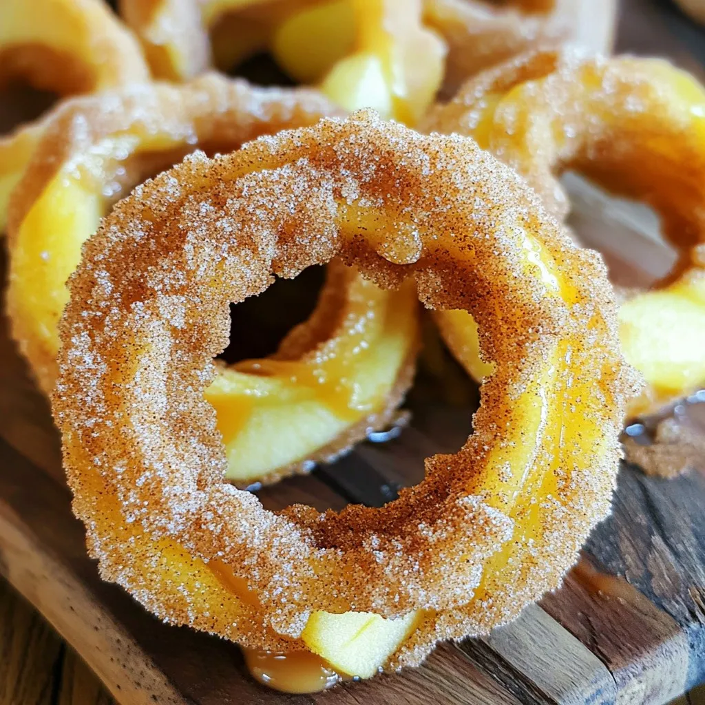 - Apples: I recommend using Honeycrisp or Fuji. They are sweet and crisp. - Dry Ingredients: - 1/2 cup all-purpose flour - 1/4 cup granulated sugar - 1 tablespoon ground cinnamon - 1/2 teaspoon baking powder - 1/4 teaspoon salt - Wet Ingredients: - 1 large egg - 1/4 cup milk (dairy or non-dairy) - Optional Toppings: - Caramel sauce for drizzling Gather these ingredients before you start. Using the right apples makes a big difference. Honeycrisp and Fuji apples bring great sweetness and crunch to your rings. The dry ingredients mix well to give a sweet and spicy crust. The egg and milk help the coating stick. Add caramel sauce if you want to make it even sweeter. It pairs perfectly with the warm apple rings. Enjoy the fun of creating this easy and tasty treat! Preheating the Air Fryer Start by preheating your air fryer. Set it to 350°F (175°C). This will take about 5 minutes. Preheating helps cook the apple rings evenly. Preparing the Apple Rings While the air fryer heats, grab your apples. I suggest using Honeycrisp or Fuji for their sweet taste. Carefully remove the core and slice the apples into rings. Aim for rings about 1/4 inch thick. Keep the skin on for extra flavor and texture. Mixing Dry Ingredients In a medium bowl, mix the dry ingredients. Combine 1/2 cup all-purpose flour, 1/4 cup granulated sugar, 1 tablespoon ground cinnamon, 1/2 teaspoon baking powder, and 1/4 teaspoon salt. Stir until blended well. This mix gives the apple rings their yummy flavor. Whisking Wet Ingredients In another bowl, whisk together 1 large egg and 1/4 cup milk. You can use dairy or a non-dairy option. Make sure the mixture is smooth and well combined. This will help the coating stick to the apple rings. Dipping Apple Rings Take each apple ring and dip it into the egg mixture. Let any extra egg drip off. Then coat the ring in the flour mix. Make sure it is fully covered. This step adds a crunchy layer. Arranging in the Air Fryer Place the coated apple rings in a single layer in the air fryer basket. Don't overcrowd them. Lightly spray with cooking spray, or drizzle a bit of oil. This helps them get crispy. Cooking Time and Temperature Air fry the apple rings for 8-10 minutes. Flip them halfway through to cook evenly. Wait for that golden-brown color. They should be crispy when done. When finished, carefully remove them and let them cool slightly. Enjoy these warm, tasty apple rings! - Use of Cooking Spray vs. Oil Using cooking spray helps create a light, even layer on the apple rings. You can also use a small drizzle of oil for more flavor. Both options will help the rings crisp up nicely. - Importance of Flipping the Rings Flipping the apple rings halfway through cooking ensures they cook evenly. This step helps both sides get that perfect golden-brown color. - Storing Leftovers Store any leftover apple rings in an airtight container. They will stay fresh for about two days. Keep them at room temperature for the best taste. - Reheating Instructions To reheat, pop them back in the air fryer for a few minutes at 350°F. This will help restore their crispiness. - Drizzling with Caramel Sauce A drizzle of warm caramel sauce makes these apple rings even more delightful. The sweet sauce pairs perfectly with the cinnamon-sugar flavor. - Pairing with Ice Cream or Whipped Cream Serve your warm apple rings with a scoop of vanilla ice cream or a dollop of whipped cream. This adds a creamy contrast to the crispy texture. {{image_4}} You can easily change up the flavor of your apple rings. - Adding Nutmeg or Allspice: A dash of nutmeg or allspice can give your apple rings a warm twist. Just add about 1/4 teaspoon to your flour mix. This small change can add depth to the flavor. - Using Different Types of Apples: While Honeycrisp or Fuji are sweet, you can try tart apples like Granny Smith. Their tangy taste pairs well with cinnamon sugar. Experimenting with apple types can lead to fun taste surprises. If you need a gluten-free option, I have some simple swaps. - Suggestions for Gluten-Free Flour: Use a gluten-free flour blend. Almond flour or coconut flour also works well. These options keep the coating crispy and tasty. - Adjustments for a Gluten-Free Coating: When using gluten-free flour, you might need to adjust the amount of liquid. Start with less milk and add more if needed. This helps keep the batter thick enough to coat the apples. You can easily make this recipe dairy-free too. - Substituting Non-Dairy Milk: Swap regular milk for almond, soy, or oat milk. These non-dairy options have different flavors but work great in this recipe. - Replacing Egg with Egg Substitute: Use flaxseed meal or applesauce as an egg substitute. For each egg, mix 1 tablespoon of flaxseed meal with 2.5 tablespoons of water. Let it sit for a few minutes to thicken before using. This keeps the rings moist and delicious. Using an air fryer to make cinnamon sugar apple rings offers many benefits. Reduced Oil Usage Air fryers need less oil than traditional frying. You can use just a light spray or drizzle. This cuts down on fat and keeps the dish lighter. Lower Caloric Content With less oil, the calories drop too. You still enjoy that crunchy taste without the extra calories. This makes air-fried apple rings a better choice for snacks or desserts. Air fryers cook food faster. They heat up quickly and cook evenly. You can make these apple rings in about 20 minutes. This saves you time in the kitchen and lets you enjoy your treat sooner. Air fryers give a great crispiness. You get that fried taste without the heavy oil. The apple rings turn golden brown and stay juicy inside. This method brings out the natural sweetness of the apples. You’ll love the balance of flavors in every bite. Yes, you can prepare the apple rings ahead. Slice and coat them, then store in the fridge for up to 24 hours. This helps save time when you are ready to cook. Just remember to cook them fresh for the best taste and texture. Honeycrisp or Fuji apples work best. They are sweet and hold their shape well. Their crunch adds a nice texture to the apple rings. You can also try Granny Smith for a tart twist. The apple rings are done when they turn golden brown and crispy. Check them at 8 minutes, then flip and cook for another 2 minutes. They should feel firm yet tender when you bite into them. It’s best to use fresh apples for this recipe. Frozen apples can become mushy when cooked. If using frozen apples, let them thaw and drain excess moisture. But be aware, the texture may not be the same. These apple rings are great on their own. You can serve them with caramel sauce for dipping. They also pair well with ice cream or whipped cream. Enjoy them warm for the best flavor! In this article, we explored how to make delicious air fryer cinnamon sugar apple rings. We discussed key ingredients like Honeycrisp or Fuji apples, both wet and dry elements, and optional toppings. I provided step-by-step instructions for preparing, coating, and cooking the rings. You also learned tips for the perfect crisp and creative variations, like gluten-free or dairy-free options. Using an air fryer makes this treat healthier and quicker to prepare. Enjoy these sweet rings as a fun snack or dessert!