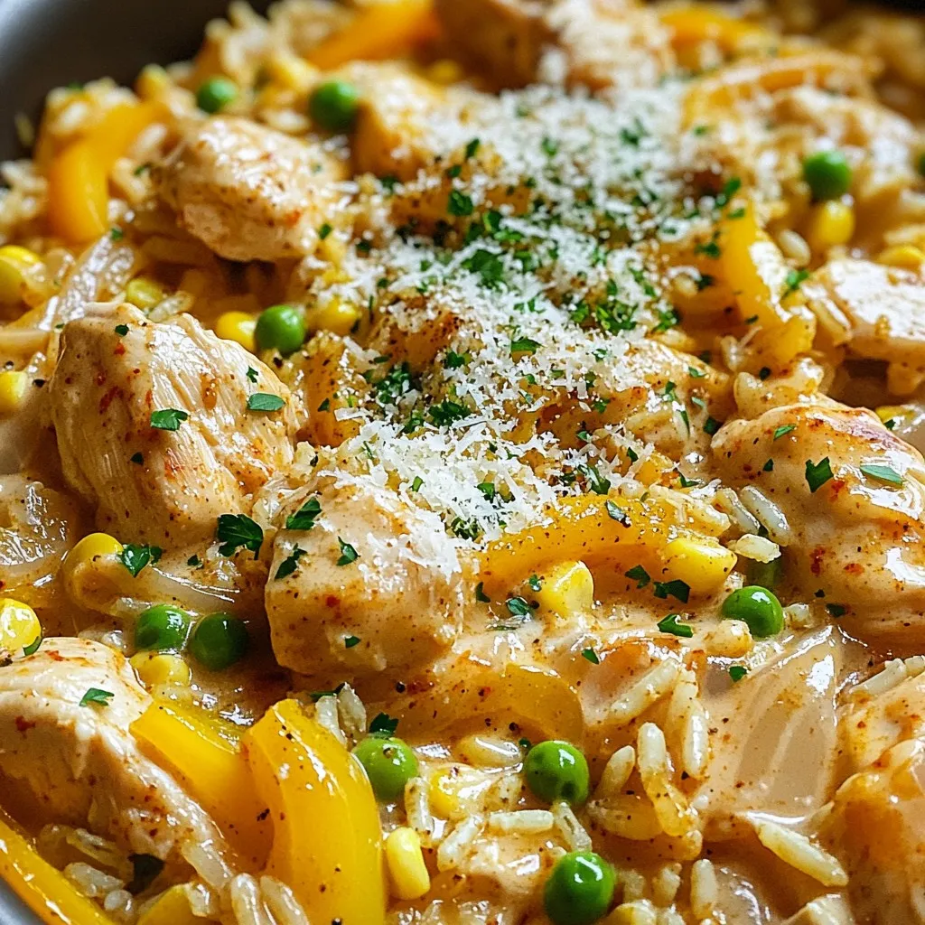 - 1 lb boneless chicken breast, diced - 2 tablespoons Cajun seasoning - 1 tablespoon extra-virgin olive oil - 1 medium onion, chopped - 2 cloves garlic, minced - 1 bell pepper, diced - 1 cup long-grain white rice, rinsed - 4 cups low-sodium chicken broth - 1 cup heavy cream - 1 cup frozen peas - 1 cup sweet corn - 1/2 cup grated Parmesan cheese - Salt and black pepper to taste - Fresh parsley for garnish I use boneless chicken breast because it cooks fast and stays tender. Cajun seasoning gives it a spicy kick. The onion and bell pepper add sweetness and crunch. Rice absorbs the broth, making it creamy. Heavy cream adds richness. Peas and corn give color and sweetness. Parmesan cheese makes it extra tasty. You can add more spices for depth. Try smoked paprika or cayenne pepper for heat. Fresh herbs like thyme or oregano boost flavor too. If you want a tangy twist, add a squeeze of lemon juice at the end. Each adds a unique taste and elevates the dish. Garnish your dish with fresh parsley for color. A sprinkle of more Parmesan adds a nice touch. Serve with crusty bread to soak up the creamy sauce. Pairing with a side salad gives a fresh contrast. These extras make the meal more enjoyable and satisfying. Start by heating two tablespoons of olive oil in a large pot over medium-high heat. Dice one pound of boneless chicken breast into bite-sized pieces. Sprinkle two tablespoons of Cajun seasoning on the chicken. This adds a great kick! Once the oil is hot, add the seasoned chicken to the pot. Cook for about five to seven minutes. Stir occasionally until the chicken is browned and no longer pink. Then, transfer the cooked chicken to a plate and set it aside. In the same pot, add one finely chopped medium onion and one diced bell pepper. You can choose red for sweetness or green for a fresh crunch. Sauté the vegetables for three to four minutes. Stir often until they become soft and fragrant. Next, add two cloves of minced garlic and cook for another minute. The garlic will make your kitchen smell amazing! Now, it’s time to add one cup of rinsed long-grain white rice. Stir it consistently for about two minutes. This toasting step boosts the rice's flavor. Carefully pour in four cups of low-sodium chicken broth. Bring it to a gentle simmer. Once simmering, cover the pot and reduce the heat to low. Let it cook for about fifteen minutes, or until the rice absorbs the broth and becomes tender. After the rice is cooked, stir in one cup of heavy cream, one cup of frozen peas, one cup of corn, and the cooked chicken. Allow everything to simmer together for an additional three to five minutes. Finally, remove the pot from heat and stir in half a cup of grated Parmesan cheese. Season with salt and black pepper to taste. Garnish with chopped fresh parsley before serving. Enjoy your creamy Cajun chicken and rice! To get the best Cajun flavor, use fresh Cajun seasoning. You can make it at home by mixing paprika, cayenne, garlic powder, onion powder, and oregano. This blend adds warmth and depth. Don't skip on seasoning the chicken well. This step makes a big difference. Also, let the chicken sit for a few minutes after seasoning. This helps the flavors soak in. For a rich and creamy dish, use heavy cream. This ingredient adds a smooth texture. If you like a lighter version, use half-and-half instead. To keep it creamy, stir the mixture gently when you add the cream. This way, it blends well without breaking apart. Adding Parmesan cheese at the end also enhances creaminess. Make sure it melts completely for that luscious feel. To avoid soggy rice, rinse it well before cooking. This removes excess starch. When you add the broth, measure it carefully. Too much broth can make the dish watery. If you notice it’s too wet, cook it uncovered for a few minutes. This allows some liquid to evaporate. Always keep an eye on the rice while it cooks. You want it tender but not mushy. {{image_4}} You can easily swap chicken for shrimp or tofu. If using shrimp, add them when you add the cream. Cook until they turn pink. For tofu, use firm tofu and sauté it until golden before adding it to the pot. Both options keep the dish tasty. To make this dish vegan, replace chicken with chickpeas or extra vegetables. Use coconut cream instead of heavy cream. For gluten-free, choose gluten-free rice and check your broth. These changes keep the dish delicious while meeting your needs. Boost nutrition by adding more veggies. Try spinach, carrots, or zucchini. Add them when you cook the onion and bell pepper. This keeps the dish bright and colorful. Plus, it makes it healthier without losing flavor. To store your creamy Cajun chicken and rice, first let it cool. Place the dish in an airtight container. This keeps the flavors fresh and prevents drying. Store it in the fridge. It stays good for about three days. For best taste, eat it sooner rather than later. When reheating, use a skillet or pot. Add a splash of chicken broth or cream. This helps keep the dish creamy. Heat it over low to medium heat. Stir often to prevent sticking. Avoid high heat, as this can make it dry. You want it hot and creamy again! You can freeze this dish if you want to keep it longer. Use a freezer-safe container. Make sure to leave some space for expansion. It keeps well for up to three months in the freezer. To reheat, thaw it in the fridge overnight first. Then, follow the reheating instructions to enjoy it again. You can use half-and-half or coconut milk as substitutes for heavy cream. Both options will keep your dish creamy. If you want a lighter choice, use Greek yogurt. Mix it in at the end for a tangy twist. Yes, you can prepare this dish a day ahead. Cook it fully, cool it down, and store it in the fridge. When ready to eat, just reheat it on low heat. Add a splash of broth or cream to bring back the creaminess. To make this dish milder for kids, reduce the Cajun seasoning. Start with just a teaspoon, then taste as you go. You can also add a bit of sugar to balance the heat. Serve it with a side of yogurt for dipping, if they prefer. This article covers all you need for One-Pot Creamy Cajun Chicken and Rice. We explored key ingredients and flavor boosters. Step-by-step, I shared how to prepare the chicken, sauté the veggies, and cook the rice. Tips for perfect flavor and creaminess help make your dish shine. Variations let you customize for any diet or taste. Lastly, I provided storage info to keep leftovers fresh. Enjoy this dish and make it your own!