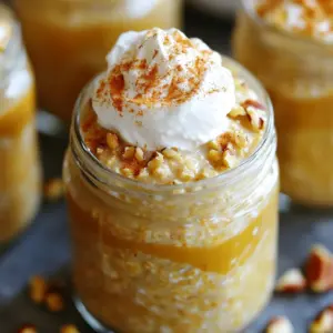To make these tasty oats, you need the following ingredients: - 1 cup rolled oats - 1 cup milk of choice (almond, oat, soy, or regular) - 1/2 cup canned pumpkin puree - 1 tablespoon maple syrup (or honey for sweetness) - 1 teaspoon pumpkin pie spice - 1/2 teaspoon vanilla extract - 1 tablespoon chia seeds - A pinch of salt These ingredients come together to create a creamy and flavorful dish. You can easily modify this recipe to fit your needs: - Dairy-Free: Use almond, oat, or soy milk. - Gluten-Free: Ensure you use certified gluten-free oats. - Low Sugar: Replace maple syrup with a sugar-free sweetener. These swaps keep the taste while meeting your diet. Add some flair to your oats with these fun toppings: - Whipped cream for a rich texture - Crushed nuts for a crunchy bite - An extra sprinkle of pumpkin pie spice for more flavor These toppings make your oats even more delightful! Start by taking a mixing bowl. Add 1 cup of rolled oats to it. Next, pour in 1 cup of your favorite milk. It can be almond, oat, soy, or regular. Then, add 1/2 cup of canned pumpkin puree. This gives your oats that wonderful pumpkin flavor. Now, we need to sweeten it up! Add 1 tablespoon of maple syrup or honey. This will make your oats tasty. After that, sprinkle in 1 teaspoon of pumpkin pie spice. This spice mix makes it feel like fall. Don’t forget to add 1/2 teaspoon of vanilla extract for extra flavor. Finally, toss in 1 tablespoon of chia seeds and a pinch of salt. The chia seeds help with the texture. Mix all these ingredients well until you have a creamy texture. Now, it’s time to divide the mixture. Spoon the mix into jars or containers. Make sure each jar gets an even amount. This way, every serving is just right. Seal the jars tightly with lids. Put the jars in the refrigerator overnight. If you’re in a hurry, let them soak for at least 4 hours. This soaking helps the oats absorb the milk and soften. The next morning, take the jars from the fridge. Open one and stir the oats again. If they seem too thick, add a splash of milk. Stir until you get your desired texture. You can serve your oats cold or warm them up in the microwave. For a fun touch, add whipped cream on top. You can also sprinkle some crushed nuts for crunch. A little extra pumpkin pie spice on top gives it that autumn vibe. Enjoy your delicious pumpkin spice latte overnight oats! To get the best texture, use rolled oats. They soak well and stay chewy. Mix your ingredients well to ensure every oat gets flavored. If your oats are too thick the next day, add a little milk. Stir it up until it feels just right. Maple syrup adds a nice sweetness, but honey works too. For a twist, try adding a bit of brown sugar or agave syrup. You can also boost flavor with vanilla extract or a dash of nutmeg. If you love extra spice, add more pumpkin pie spice. Make these overnight oats the night before for a quick breakfast. You can prepare them in jars for easy grab-and-go meals. Store them in the fridge for up to three days. This way, you always have a tasty and healthy meal ready. {{image_4}} You can easily make pumpkin spice latte overnight oats dairy-free. Simply swap regular milk for almond, oat, or soy milk. These choices work well and keep the oats creamy. If you want to make it vegan, use maple syrup instead of honey for sweetness. This way, you still get that tasty flavor without any animal products. Feel free to get creative with flavors! You can add a scoop of peanut butter or almond butter for a nutty twist. Want more sweetness? Try adding mashed banana or a drizzle of agave syrup. You can also mix in some chocolate chips or cocoa powder for a chocolatey version. Each of these changes can make your oats unique and exciting. When the holidays come around, you can change the recipe to fit the season. Try adding cranberries or apples for a festive touch. You can also sprinkle some nutmeg or cinnamon on top for extra warmth. For a winter version, mix in peppermint extract for a refreshing flavor. These seasonal twists bring a new vibe to your overnight oats while keeping them delicious. To keep your pumpkin spice latte overnight oats fresh, store them in airtight jars. Make sure the lids fit tightly. This prevents air from getting in and keeps your oats creamy. Place the jars in the fridge right after you make them. They will stay good for up to 5 days. You can freeze these oats if you want to save them for later. Simply scoop the oats into freezer-safe containers. Leave some space at the top for expansion. Seal the containers tightly. When you want to eat them, take a jar out of the freezer. Place it in the fridge overnight to thaw. If you're in a hurry, you can also thaw them in the microwave. These oats last for about 5 days in the fridge. If you notice any mold or an off smell, throw them away. If the oats look dry or have separated, they may be past their prime. Fresh oats should smell sweet and have a smooth texture. Always check before you dig in! Yes, you can use quick oats. They cook faster and soak up liquid quickly. This change will make your oats softer and creamier. Just remember they may not have the same chewy texture as rolled oats. If you like a smoother consistency, go for it! To lower the sugar, reduce or skip the maple syrup. You can also use unsweetened milk. Adding spices like cinnamon or nutmeg can enhance flavor without added sugar. Try using ripe bananas or applesauce as natural sweeteners. They add sweetness and nutrition too! Chia seeds are not necessary, but they add great benefits. They help thicken the oats and boost nutrition. Chia seeds are rich in fiber and omega-3s. If you don't have them, you can skip them or replace with ground flaxseed. This article covered making pumpkin spice latte overnight oats. We explored key ingredients, steps, tips, and variations. You can customize this dish for your diet and taste. Remember to store it correctly to keep it fresh. Whether you choose to make it vegan or add your favorite toppings, you have many options. Enjoy this tasty treat any time of year! Now, it’s time for you to get cooking and enjoy your delicious creation.