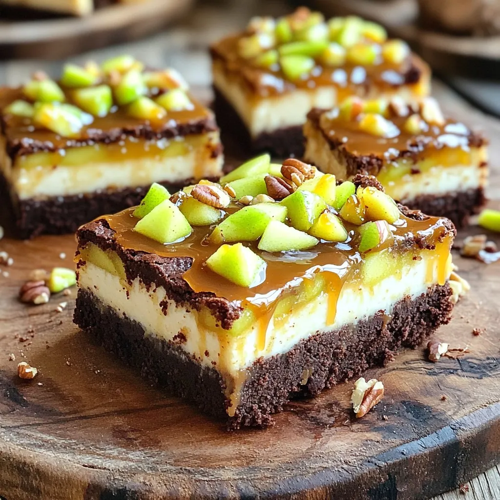 - 1 cup unsalted butter, melted - 1 cup granulated sugar - 2 large eggs - 1 teaspoon vanilla extract - 1 cup all-purpose flour - 1/3 cup unsweetened cocoa powder - 1/4 teaspoon salt - 1/4 teaspoon baking powder To make the brownie layer, you need melted butter. This is key for a fudgy texture. You’ll mix the butter with sugar until it feels creamy. Then, add eggs one by one. Each egg adds moisture and helps bind the mix. Don't forget vanilla for flavor! Sift the dry ingredients together. This helps avoid lumps. Finally, fold the dry mix into the wet mix gently. - 16 oz cream cheese, softened at room temperature - 1/2 cup granulated sugar - 1 large egg - 1 teaspoon vanilla extract For the cheesecake layer, you want your cream cheese soft. This makes it easy to blend. Cream the cheese with sugar until it’s smooth. Then add an egg and vanilla. Mix until it is well combined. This will create a rich and creamy layer that pairs well with the brownies. - 2 cups apples, peeled, cored, and diced (preferably Granny Smith for a tart flavor) - 1/4 cup granulated sugar - 1 teaspoon ground cinnamon - 1 tablespoon lemon juice - 1/2 cup caramel sauce (store-bought or homemade) For the topping, choose tart apples for a nice balance. Mix the diced apples with sugar, cinnamon, and lemon juice. This brightens the flavors and helps keep the apples fresh. Finally, drizzle caramel over the apples. This gives a sweet touch. The mix of flavors in this topping makes the bars special. Start by preheating your oven to 350°F (175°C). Grease a 9x13 inch baking pan with cooking spray or line it with parchment paper. This helps the bars come out easily later. In a large bowl, whisk together 1 cup of melted butter and 1 cup of granulated sugar. Beat in 2 large eggs, one at a time. Stir in 1 teaspoon of vanilla extract. In another bowl, sift together 1 cup of all-purpose flour, 1/3 cup of unsweetened cocoa powder, 1/4 teaspoon of salt, and 1/4 teaspoon of baking powder. Slowly add the dry mix to the wet ingredients. Stir gently until just combined. Pour this brownie batter into the prepared pan. Spread it out evenly. In a medium bowl, beat 16 oz of softened cream cheese with 1/2 cup of granulated sugar. Use an electric mixer for a smooth consistency. Add 1 large egg and 1 teaspoon of vanilla extract. Mix until everything is blended well. Gently pour this cheesecake mix over the brownie layer. Spread it evenly with a spatula. In a separate bowl, toss together 2 cups of diced apples, 1/4 cup of granulated sugar, 1 teaspoon of ground cinnamon, and 1 tablespoon of lemon juice. Mix until all the apple pieces get coated. Carefully spoon this apple mixture over the cheesecake layer. Make sure it is evenly spread. Drizzle 1/2 cup of caramel sauce over the apple layer. Let it flow naturally over the apples. For a fun look, use a knife or toothpick to swirl the caramel lightly into the apples. Bake in the preheated oven for 40-45 minutes. Check that the edges are set. Insert a toothpick in the center; it should come out clean. Once baked, remove the pan from the oven. Allow the bars to cool in the pan on a wire rack. After the bars cool, move the pan to the fridge. Chill for at least 2 hours to let the layers set. When ready to serve, cut into squares or bars. Enjoy your delicious treat! To get soft and fudgy brownies, use melted butter. This adds moisture. Mix the butter and sugar well. Add eggs one at a time, mixing after each. Don't overmix the flour; just stir until combined. This helps keep the brownies chewy and rich. If you forgot to take out the cream cheese early, don’t worry! Cut it into small cubes. Place it in a microwave-safe bowl. Heat it in the microwave for about 15 seconds. Check it and stir. Repeat until it’s soft but not melted. This makes blending easy. For the topping, I recommend using Granny Smith apples. They have a nice tartness that balances the sweet cheesecake and caramel. Their firm texture holds up well when baked. If you want a sweeter option, try Honeycrisp or Fuji apples. Both add a lovely flavor. To make your caramel drizzle look great, use a squeeze bottle. This gives you control over the amount. If the caramel is too thick, warm it slightly in the microwave. Drizzle it over the apples, letting it flow naturally. You can swirl it with a toothpick for extra flair. {{image_4}} You can make this recipe fit your needs. If you're dairy-free, swap cream cheese for a plant-based option. Use coconut cream or a nut cheese. For gluten-free bars, use almond or oat flour instead of all-purpose flour. You can also use a sugar substitute, like stevia or monk fruit, for a low-sugar version. Want to mix it up? Add chocolate chips to the brownie layer for extra richness. You can also stir in some chopped nuts like pecans or walnuts for a nice crunch. If you love spices, add a pinch of nutmeg to the apple topping for warmth and depth. Get creative with your toppings! Instead of caramel, try a drizzle of chocolate sauce. You can also use a sprinkle of crumbled graham crackers for a nice texture contrast. Fresh whipped cream on top adds a creamy touch. For a fruity twist, add some berries or sliced bananas next to the apples. To keep your caramel apple cheesecake brownie bars fresh, store them in an airtight container. This helps maintain their soft texture and rich flavor. Place a piece of parchment paper between layers if you stack them. This prevents sticking. Keep the container in the refrigerator. The bars will stay good for up to five days. If you want to enjoy these bars later, freezing is a great option. First, cut the bars into squares. Wrap each square tightly in plastic wrap. Then place them inside a freezer-safe bag or container. These bars can last up to three months in the freezer. When you're ready to eat, let them thaw in the fridge overnight. To enjoy these bars warm, take them out of the fridge. Heat them in the microwave for about 10-15 seconds. Check to see if they are warm enough. You can also reheat them in the oven. Preheat your oven to 350°F (175°C) and warm them for about 5-10 minutes. This keeps the cheesecake layer creamy and delicious. If you need a cream cheese substitute, try Greek yogurt. It gives a nice tang and creaminess. You can also use mascarpone cheese for a rich flavor. For a dairy-free option, consider using cashew cream. Simply blend soaked cashews with a bit of lemon juice. This will mimic the creamy texture of cream cheese. Check the edges of the bars. They should look set and slightly pull away from the pan. Insert a toothpick into the center. If it comes out clean or with just a few crumbs, the bars are ready. Don’t overbake, as they will continue to cook while cooling. Yes, you can make these bars a day or two ahead. Just store them in the fridge after they cool. This helps the flavors meld together. When you are ready to serve, cut them into squares. You can even warm them slightly for a fresh-out-of-the-oven taste. I love to serve these bars chilled, drizzled with extra caramel sauce. A sprinkle of chopped nuts adds a nice crunch. You can also add a dollop of whipped cream on top. Present them on a wooden platter for a rustic look. It's a treat that will impress your guests! This article has covered how to make delicious caramel apple cheesecake brownie bars. You learned about the key ingredients, step-by-step instructions, and helpful tips. I shared ways to customize the bars and how to store leftovers. You now have the tools to create this tasty treat at home. Get creative and enjoy every bite!