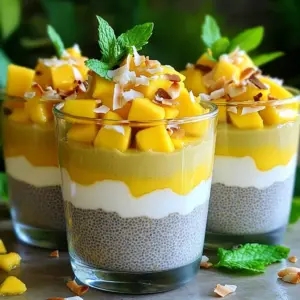To make Mango Coconut Chia Pudding, you need simple yet tasty ingredients: - 1 cup coconut milk (canned or from a carton) - 1/4 cup chia seeds - 2 tablespoons maple syrup (or honey) - 1 teaspoon pure vanilla extract - 1 ripe mango, peeled and diced - A pinch of salt - Toasted coconut flakes for garnish - Fresh mint leaves for decoration Coconut milk gives this pudding a rich creaminess. Chia seeds add great texture and nutrition. The ripe mango brings a burst of sweetness and color. For sweetness, you can use maple syrup or honey. Maple syrup is vegan and has a unique flavor. Honey is sweeter and adds a floral note. You can choose based on your taste or dietary needs. Both options work well in this recipe. They help balance the creamy coconut and fresh mango. Remember, the right sweetener can make your pudding shine! Garnishes make your pudding look fancy. Here are a few ideas: - Toasted coconut flakes add crunch and flavor. - Fresh mint leaves bring a pop of color and freshness. - Extra mango pieces on top create a vibrant look. When you serve it in clear glasses, your pudding becomes a stunning dessert. These small touches make a big difference! Start by gathering your ingredients. In a big bowl, pour in 1 cup of coconut milk. This will give your pudding a creamy base. Next, add in 1/4 cup of chia seeds. These tiny seeds are packed with nutrients. Then, mix in 2 tablespoons of maple syrup or honey for sweetness. Add 1 teaspoon of pure vanilla extract for a lovely flavor. Finally, sprinkle a pinch of salt to enhance the taste. Use a whisk to blend everything well until it’s smooth. After mixing, let the bowl sit for about 10 minutes. This allows the chia seeds to soak up the liquid. After 10 minutes, whisk the mixture again. This helps to spread the seeds evenly and stops clumping. Now, cover the bowl with plastic wrap. You can also use jars for easy serving. Place the bowl or jars in the fridge for at least 2-4 hours. If you can, leave it overnight. This waiting time is crucial for the pudding to thicken properly. When your pudding is ready, take it out of the fridge. Gently stir the pudding to make it creamy. Then, spoon it into cups or bowls. To make it pretty, add diced mango on top. You can also sprinkle toasted coconut flakes for crunch. Finally, finish with fresh mint leaves for a pop of color. This makes your dish look as great as it tastes! Enjoy your Mango Coconut Chia Pudding! To make your mango coconut chia pudding just right, focus on the chia seeds. They need time to swell. When you mix the seeds with coconut milk, let it sit first. After 10 minutes, whisk it again. This helps spread the seeds evenly. It prevents clumps and gives a smooth feel. For an even creamier pudding, let it chill overnight. The longer it sits, the thicker it gets. This recipe is great for many diets. If you want a vegan option, use maple syrup. For a low-carb choice, try a sugar-free sweetener. You can also swap the coconut milk for almond or cashew milk if you like. This keeps the pudding creamy while fitting your needs. Add fruits or nuts for extra flavors and textures, too! You can use fresh or frozen mango for your pudding. Fresh mango gives a bright, juicy taste. Make sure it’s ripe for the best flavor. If you use frozen mango, thaw it first. This helps it blend well. Both options taste great, so choose what you have. Fresh mango may add more color, while frozen might be easier to find. {{image_4}} You can easily change the flavor of your Mango Coconut Chia Pudding. Adding pineapple or passion fruit gives it a fun twist. Pineapple adds sweetness and a hint of tartness. This bright fruit also mixes well with mango. For passion fruit, scoop out the pulp and mix it in. It brings a tangy kick that makes each bite exciting. If you want to switch up the base, try different non-dairy milks. Almond milk or oat milk work well in this recipe. They add their unique flavor and keep the pudding creamy. For a nut-free option, use rice milk. Each alternative gives a new taste and texture, making this pudding your own. You can enhance the pudding even more with spices and extracts. A pinch of cinnamon or nutmeg adds warmth. You can also try cardamom for a unique twist. If you want a sweeter flavor, add more vanilla extract. These small changes can make your pudding special and keep it fresh every time you make it. To keep your mango coconut chia pudding fresh, store it in the fridge. Use airtight containers for the best results. If you have jars, those work great too. Just make sure the lids fit tightly. This helps to keep the pudding creamy and tasty. Refrigeration is the best option for chia pudding. It lasts well in the fridge for about four to five days. Freezing is another option, but it may change the texture. If you freeze it, keep in mind that it may become grainy when thawed. I recommend enjoying it fresh for the best taste. When stored properly, your mango coconut chia pudding can last: - In the fridge: 4 to 5 days. - In the freezer: Up to 1 month. Be sure to check for any signs of spoilage. If it smells off or has an unusual texture, it's best to toss it. Mango Coconut Chia Pudding lasts for about 4 to 5 days in the fridge. Store it in an airtight container to keep it fresh. After a few days, the texture may change. It can become a bit thicker as the chia seeds absorb more liquid. If you notice any odd smell or color, it’s best to toss it. Yes, you can prepare chia pudding in advance. It’s great for meal prep! Make it the night before or even a few days ahead. Just remember to let it chill in the fridge for at least 2 to 4 hours. This allows the pudding to thicken and reach the perfect texture. You can easily grab it for breakfast or a snack. Chia seeds are tiny powerhouses of nutrition. They are rich in fiber, which helps with digestion. They also provide omega-3 fatty acids, which are good for heart health. Chia seeds are high in protein, making them a great addition for those looking to boost their intake. They can absorb liquid and expand, helping you feel full longer. Plus, they are gluten-free and easy to add to many dishes! Mango Coconut Chia Pudding is simple, tasty, and fun to make. You learned about key ingredients, like chia seeds and coconut milk, plus sweeteners like honey and maple syrup. I shared tips for perfect texture and how to use fresh or frozen mango. You can store leftovers easily and enjoy variations like adding pineapple. This dessert is not just good; it’s healthy too. With your creativity, you can impress yourself and others. Try this recipe and enjoy every tasty bite!