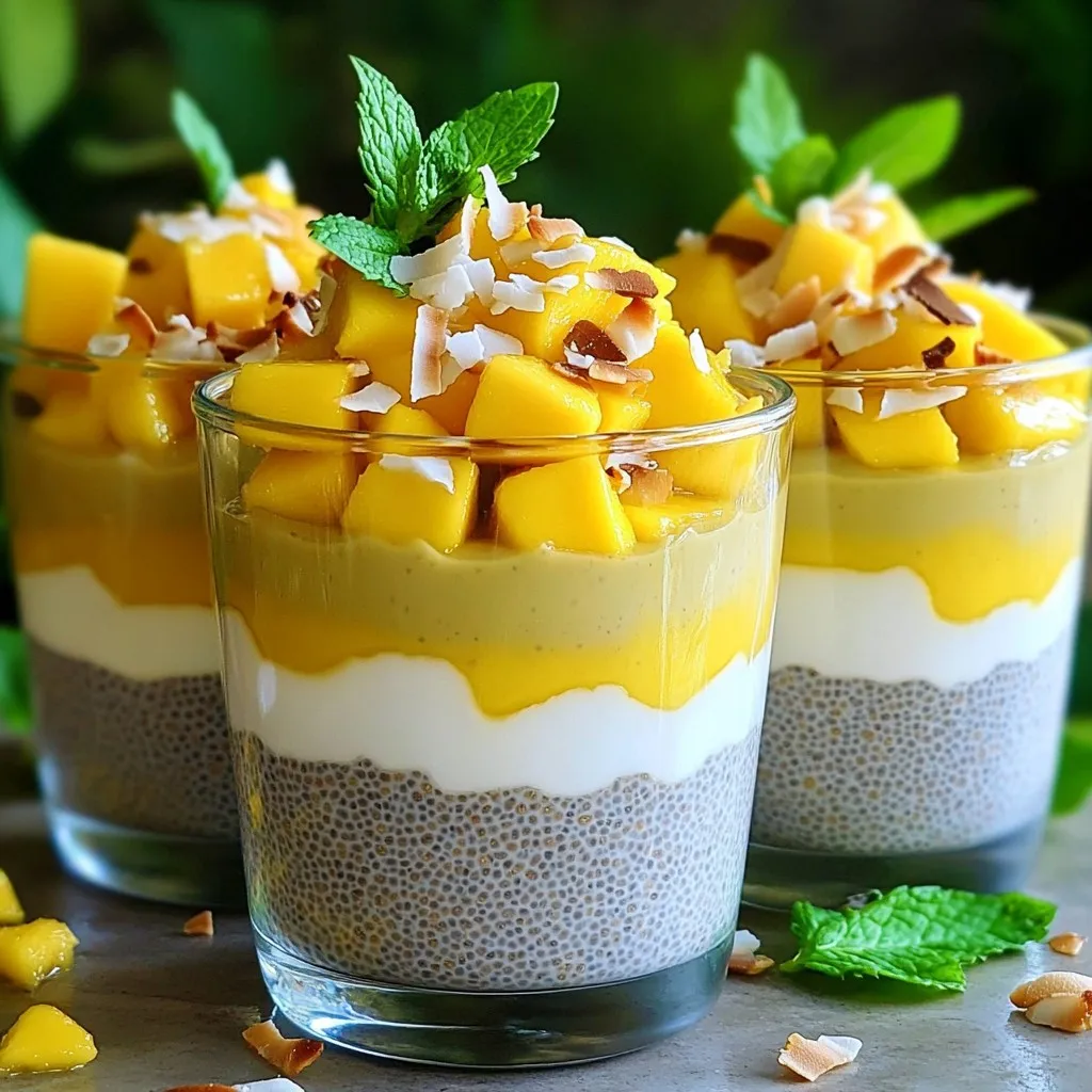 To make Mango Coconut Chia Pudding, you need simple yet tasty ingredients: - 1 cup coconut milk (canned or from a carton) - 1/4 cup chia seeds - 2 tablespoons maple syrup (or honey) - 1 teaspoon pure vanilla extract - 1 ripe mango, peeled and diced - A pinch of salt - Toasted coconut flakes for garnish - Fresh mint leaves for decoration Coconut milk gives this pudding a rich creaminess. Chia seeds add great texture and nutrition. The ripe mango brings a burst of sweetness and color. For sweetness, you can use maple syrup or honey. Maple syrup is vegan and has a unique flavor. Honey is sweeter and adds a floral note. You can choose based on your taste or dietary needs. Both options work well in this recipe. They help balance the creamy coconut and fresh mango. Remember, the right sweetener can make your pudding shine! Garnishes make your pudding look fancy. Here are a few ideas: - Toasted coconut flakes add crunch and flavor. - Fresh mint leaves bring a pop of color and freshness. - Extra mango pieces on top create a vibrant look. When you serve it in clear glasses, your pudding becomes a stunning dessert. These small touches make a big difference! Start by gathering your ingredients. In a big bowl, pour in 1 cup of coconut milk. This will give your pudding a creamy base. Next, add in 1/4 cup of chia seeds. These tiny seeds are packed with nutrients. Then, mix in 2 tablespoons of maple syrup or honey for sweetness. Add 1 teaspoon of pure vanilla extract for a lovely flavor. Finally, sprinkle a pinch of salt to enhance the taste. Use a whisk to blend everything well until it’s smooth. After mixing, let the bowl sit for about 10 minutes. This allows the chia seeds to soak up the liquid. After 10 minutes, whisk the mixture again. This helps to spread the seeds evenly and stops clumping. Now, cover the bowl with plastic wrap. You can also use jars for easy serving. Place the bowl or jars in the fridge for at least 2-4 hours. If you can, leave it overnight. This waiting time is crucial for the pudding to thicken properly. When your pudding is ready, take it out of the fridge. Gently stir the pudding to make it creamy. Then, spoon it into cups or bowls. To make it pretty, add diced mango on top. You can also sprinkle toasted coconut flakes for crunch. Finally, finish with fresh mint leaves for a pop of color. This makes your dish look as great as it tastes! Enjoy your Mango Coconut Chia Pudding! To make your mango coconut chia pudding just right, focus on the chia seeds. They need time to swell. When you mix the seeds with coconut milk, let it sit first. After 10 minutes, whisk it again. This helps spread the seeds evenly. It prevents clumps and gives a smooth feel. For an even creamier pudding, let it chill overnight. The longer it sits, the thicker it gets. This recipe is great for many diets. If you want a vegan option, use maple syrup. For a low-carb choice, try a sugar-free sweetener. You can also swap the coconut milk for almond or cashew milk if you like. This keeps the pudding creamy while fitting your needs. Add fruits or nuts for extra flavors and textures, too! You can use fresh or frozen mango for your pudding. Fresh mango gives a bright, juicy taste. Make sure it’s ripe for the best flavor. If you use frozen mango, thaw it first. This helps it blend well. Both options taste great, so choose what you have. Fresh mango may add more color, while frozen might be easier to find. {{image_4}} You can easily change the flavor of your Mango Coconut Chia Pudding. Adding pineapple or passion fruit gives it a fun twist. Pineapple adds sweetness and a hint of tartness. This bright fruit also mixes well with mango. For passion fruit, scoop out the pulp and mix it in. It brings a tangy kick that makes each bite exciting. If you want to switch up the base, try different non-dairy milks. Almond milk or oat milk work well in this recipe. They add their unique flavor and keep the pudding creamy. For a nut-free option, use rice milk. Each alternative gives a new taste and texture, making this pudding your own. You can enhance the pudding even more with spices and extracts. A pinch of cinnamon or nutmeg adds warmth. You can also try cardamom for a unique twist. If you want a sweeter flavor, add more vanilla extract. These small changes can make your pudding special and keep it fresh every time you make it. To keep your mango coconut chia pudding fresh, store it in the fridge. Use airtight containers for the best results. If you have jars, those work great too. Just make sure the lids fit tightly. This helps to keep the pudding creamy and tasty. Refrigeration is the best option for chia pudding. It lasts well in the fridge for about four to five days. Freezing is another option, but it may change the texture. If you freeze it, keep in mind that it may become grainy when thawed. I recommend enjoying it fresh for the best taste. When stored properly, your mango coconut chia pudding can last: - In the fridge: 4 to 5 days. - In the freezer: Up to 1 month. Be sure to check for any signs of spoilage. If it smells off or has an unusual texture, it's best to toss it. Mango Coconut Chia Pudding lasts for about 4 to 5 days in the fridge. Store it in an airtight container to keep it fresh. After a few days, the texture may change. It can become a bit thicker as the chia seeds absorb more liquid. If you notice any odd smell or color, it’s best to toss it. Yes, you can prepare chia pudding in advance. It’s great for meal prep! Make it the night before or even a few days ahead. Just remember to let it chill in the fridge for at least 2 to 4 hours. This allows the pudding to thicken and reach the perfect texture. You can easily grab it for breakfast or a snack. Chia seeds are tiny powerhouses of nutrition. They are rich in fiber, which helps with digestion. They also provide omega-3 fatty acids, which are good for heart health. Chia seeds are high in protein, making them a great addition for those looking to boost their intake. They can absorb liquid and expand, helping you feel full longer. Plus, they are gluten-free and easy to add to many dishes! Mango Coconut Chia Pudding is simple, tasty, and fun to make. You learned about key ingredients, like chia seeds and coconut milk, plus sweeteners like honey and maple syrup. I shared tips for perfect texture and how to use fresh or frozen mango. You can store leftovers easily and enjoy variations like adding pineapple. This dessert is not just good; it’s healthy too. With your creativity, you can impress yourself and others. Try this recipe and enjoy every tasty bite!