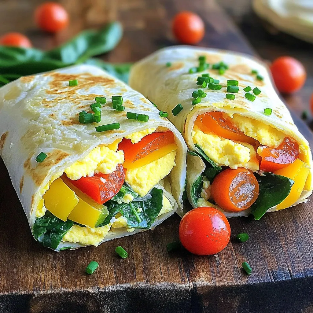 - 1 cup liquid egg whites - 1/4 cup bell peppers, finely chopped - 1/4 cup fresh spinach, chopped - 1/4 cup cherry tomatoes, halved - 1/4 teaspoon garlic powder - 2 whole wheat tortillas (8-inch diameter) - 1/4 cup shredded low-fat cheese (optional) - Salt and black pepper, to taste - Fresh herbs (like chives or parsley) I love using liquid egg whites for this recipe. They are quick and easy. You can also use whole eggs, but egg whites keep it lighter. Bell peppers add color and crunch. I often pick red or yellow for their sweetness. Fresh spinach gives a healthy touch. It’s mild and blends well with the eggs. Cherry tomatoes are a must for a burst of flavor. They add sweetness when warmed. Garlic powder brings depth to the dish. You can also use fresh minced garlic for more punch. Whole wheat tortillas are my go-to for wrapping. They are filling and healthy. Shredded low-fat cheese is optional. I like adding it for creaminess. Feta or cheddar works great here. For seasoning, a pinch of salt and black pepper enhance all the flavors. Fresh herbs add a nice finish. They give a pop of color and taste to your wraps. Start by whisking 1 cup of liquid egg whites in a bowl. Add garlic powder, salt, and pepper. Whisk until the mixture is frothy. This step is key for fluffy wraps. Next, heat a non-stick skillet over medium heat. Add 1/4 cup chopped bell peppers and 1/4 cup chopped spinach. Sauté for 2-3 minutes. The veggies should soften and smell good. This means they are ready for the egg mixture. Pour the frothy egg whites into the skillet with veggies. Cook for 3-4 minutes while gently stirring. This keeps the egg whites fluffy. Add the halved cherry tomatoes during the last minute. Let them warm through for extra flavor. While the egg cooks, warm 2 whole wheat tortillas. You can heat them in a skillet for about 20-30 seconds on each side. Alternatively, wrap them in a damp paper towel and microwave for 15 seconds. This makes them soft and easy to roll. Once the egg mixture is done, divide it between the two warm tortillas. If you like, sprinkle some shredded low-fat cheese on top. Roll each tortilla tightly, tucking in the sides as you go. Finally, slice each wrap in half diagonally. Garnish with fresh herbs for a lovely touch. To make your Minute Egg White Breakfast Wraps pop, try different herbs and spices. Fresh chives or parsley add a nice green touch. You can also use oregano or basil for a classic Italian twist. If you want a kick, add a pinch of cayenne pepper or smoked paprika. Cheese is another easy way to change the flavor. Low-fat cheddar gives a sharp taste, while feta offers a tangy punch. You can mix and match to find your favorite combination. Busy mornings need quick methods. Whisk the egg whites and seasonings the night before. Store them in the fridge for easy use in the morning. You can chop the veggies ahead of time too. Keep them in a container for quick access. If you warm the tortillas in a skillet, do it while cooking the veggies. This saves time and keeps everything hot. Rolling and cutting wraps can be tricky. Start rolling from one side, tucking in the ends as you go. This helps keep the filling inside. Use a sharp knife to cut each wrap in half. Diagonal cuts show off the colorful filling. For a neat look, place the wrap seam-side down on the plate. Garnish with fresh herbs to make your meal pop. A little extra care goes a long way in presentation! {{image_4}} You can easily change the veggies in your wraps. Try adding mushrooms, zucchini, or kale. These swaps give you a new flavor and texture. If you have dietary needs, you can use tofu or chickpea flour instead of egg whites. Both options are great for plant-based diets. Want to spice things up? Make a Mexican twist! Add salsa or fresh avocado for a creamy touch. You can also sprinkle in some jalapeños for heat. For a Mediterranean vibe, add olives or crumbled feta cheese. These options add rich flavors and a new flair to your wraps. These wraps are not just for breakfast. You can serve them for lunch or dinner too. Pair them with a side salad or fresh fruit for a balanced meal. They also work great with yogurt or a light soup. Get creative and enjoy them any time of the day! To keep your wraps fresh, place them in an airtight container. Refrigerate them within two hours of cooking. This helps keep them from drying out. If you want to reheat, use a skillet over low heat. This method keeps the wrap soft and prevents it from becoming tough. You can freeze these wraps for later meals. First, let them cool completely. Then, wrap each one in plastic wrap. After that, store them in a freezer bag or container. Make sure to label the bag with the date. When you are ready to eat, defrost them in the fridge overnight. For best results, reheat in a skillet or microwave until hot. Stored wraps last about 3 to 4 days in the fridge. If frozen, they can last for up to 3 months. Check for signs of spoilage, like an off smell or mold. If anything seems off, it's best to toss them. Enjoy your wraps while they're still fresh! It takes about 10 minutes to prep and 15 minutes to cook. So, in just 25 minutes, you can enjoy a warm and tasty breakfast. This quick time makes it easy to fit into a busy morning routine. Yes, you can use whole eggs if you prefer. Whole eggs add more flavor and richness. However, keep in mind that they also add more fat and calories. Adjust the number of eggs to your taste. For this recipe, use about 3 whole eggs to replace the 1 cup of liquid egg whites. You can add many tasty toppings to make your wrap special. Here are some ideas: - Avocado slices for creaminess - Salsa for a spicy kick - Fresh herbs like cilantro or basil for added flavor - Hot sauce for heat - Greek yogurt for creaminess and tang These toppings can brighten your breakfast and add extra nutrition. Yes, these wraps are great for meal prep! You can make a batch ahead of time and store them. Here are some tips: - Cook multiple wraps at once and let them cool. - Wrap each one in foil or parchment paper. - Store them in the fridge for up to 3 days or freeze them for a month. - To reheat, microwave for about 1-2 minutes or bake at 350°F until warm. This way, you can have a quick breakfast ready whenever you want! This blog post guided you through making Minute Egg White Breakfast Wraps. We covered key ingredients like liquid egg whites, bell peppers, and spinach. You learned step-by-step instructions for cooking, assembling, and perfecting your wraps. I shared tips to enhance flavor and options for variations. In closing, these wraps suit any meal and can fit your busy life. Enjoy experimenting with different flavors and ingredients to make them your own!