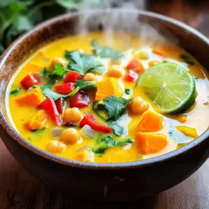 - 1 tablespoon coconut oil - 1 medium onion, finely diced - 3 cloves garlic, finely minced - 1 tablespoon fresh ginger, grated - 2 tablespoons red curry paste - 1 can (400 ml) creamy coconut milk - 3 cups vegetable broth - 2 cans (15 oz each) chickpeas, drained and rinsed - 1 medium sweet potato, peeled and diced - 1 red bell pepper, diced - 1 cup fresh spinach leaves - 1 tablespoon soy sauce or tamari - Salt and pepper to taste - Fresh cilantro for garnish - Lime wedges for serving The ingredients in this coconut curry chickpea soup make it special. Each one adds a unique taste. First, the coconut oil brings a rich flavor. It helps to sauté the onion, garlic, and ginger. This mix creates a fragrant base. The red curry paste adds heat and depth. Next, creamy coconut milk and vegetable broth bring smoothness. They make the soup hearty. Chickpeas add protein, while sweet potatoes give sweetness. Red bell pepper and spinach add color and nutrition. Seasoning is key. Soy sauce or tamari enhances the taste. Don’t forget salt and pepper to balance flavors. Fresh cilantro and lime wedges are great for garnishing. They add a fresh and zesty finish. This soup is not just tasty; it's also colorful and inviting. Enjoy making it! 1. In a large pot, heat 1 tablespoon of coconut oil over medium heat. 2. Add 1 medium onion, finely diced. Sauté for 5-7 minutes until soft. 3. Next, add 3 cloves of minced garlic and 1 tablespoon of grated ginger. Cook for 1-2 minutes. 4. Mix in 2 tablespoons of red curry paste. Stir well and cook for 1 minute. 1. Pour in 1 can (400 ml) of coconut milk and 3 cups of vegetable broth. Stir to combine. 2. Add 2 cans (15 oz each) of drained chickpeas and 1 medium sweet potato, diced. Stir well. 3. Let the soup simmer for 15-20 minutes until the sweet potatoes are tender. 1. Stir in 1 diced red bell pepper and 1 cup of fresh spinach leaves. Cook for 5 minutes. 2. Add 1 tablespoon of soy sauce or tamari. Season with salt and pepper to taste. 3. Serve in bowls, garnished with fresh cilantro and lime wedges. Enjoy! To boost the taste of your Coconut Curry Chickpea Soup, try these spice adjustments: - Add a pinch of cayenne for heat. - Stir in a teaspoon of turmeric for warmth and color. - Use fresh lime juice to brighten flavors. If you need substitutions, consider these options: - Use green curry paste instead of red for a different taste. - Swap sweet potato for butternut squash if you prefer. - Replace spinach with kale for a heartier texture. For an Instant Pot version, follow these steps: 1. Sauté onion, garlic, and ginger using the sauté mode. 2. Add curry paste and cook for a minute. 3. Pour in coconut milk and broth, followed by chickpeas and sweet potato. 4. Cook on high pressure for 8 minutes. 5. Let the pressure release naturally for 10 minutes. For a slow cooker adaptation: 1. Sauté onion, garlic, and ginger in a pan first. 2. Transfer to the slow cooker with rest of the ingredients. 3. Cook on low for 6-8 hours or high for 4 hours. To serve your soup, ladle it into bowls. - Garnish with fresh cilantro for a pop of color. - Add a wedge of lime for a zesty kick. - For a hearty meal, serve over fluffy rice or with crusty bread. Be creative with garnishes! You might add toasted coconut flakes or a swirl of coconut milk. This adds beauty and extra flavor to your dish. {{image_4}} You can easily make this soup vegan and gluten-free. The main ingredients are already plant-based. Use gluten-free soy sauce or tamari for seasoning. This way, you keep all the flavors without gluten. If you want more protein, try adding tofu or tempeh. You can sauté them in coconut oil until crispy. This will add a nice texture to your soup. You can customize the spice levels to your taste. If you like it spicy, add more red curry paste. For milder flavor, use less. You can also add chili flakes for extra heat. Feel free to mix in different vegetables. Carrots, zucchini, or snap peas work well. These will add color and nutrients. Just chop them small so they cook evenly. This soup pairs great with crusty bread or naan. You can also serve it over steamed rice for a hearty meal. For meal prep, store it in airtight containers. It keeps well in the fridge for a few days. You can reheat it quickly on the stove or in the microwave. Enjoy it for lunch or dinner! You can keep Coconut Curry Chickpea Soup in the fridge for 3 to 5 days. Make sure to store it in a sealed container. When you're ready to enjoy it again, reheat it on the stove. Just warm it over low heat, stirring often. You can also use a microwave; heat it in short bursts, stirring in between. To freeze the soup, let it cool completely first. Pour it into freezer-safe containers, leaving some space for expansion. It will last for up to 3 months in the freezer. When you want to eat it, take it out and thaw it overnight in the fridge. To reheat, use the stove or microwave. If using the stove, warm it on low heat, stirring until hot. To add heat, you can use more red curry paste. Start with a teaspoon more, then taste. You can also add cayenne pepper for extra kick. Fresh chili peppers are great too. Slice them and stir them in while cooking. Yes, you can use lentils instead of chickpeas. They will cook faster and absorb flavors well. White beans or black beans are also good choices. Just make sure to adjust cooking time based on what you use. Yes! You can add more coconut milk to enhance the creaminess. Blending part of the soup will also help. Use an immersion blender for a smooth texture. You can also mix in some cashew cream if you want. This soup goes well with crusty bread or naan. You can serve it over fluffy steamed rice too. A fresh salad on the side adds a nice crunch. Lime wedges for squeezing can brighten the flavors. Preparing this soup takes about 10 minutes. Cooking time is about 25 minutes. So, you can enjoy your meal in about 35 minutes total! It's a quick and tasty option for busy days. This blog post explored the delicious Coconut Curry Chickpea Soup. You learned about its key ingredients, including coconut oil, chickpeas, and sweet potatoes. We discussed easy steps to prepare the base and build the soup. I shared helpful tips for flavor and cooking methods. Plus, you found variations for dietary needs and upgrades. This soup is not just tasty; it’s also simple to make. Enjoying healthy meals at home is rewarding. Try this recipe and share your results with friends!