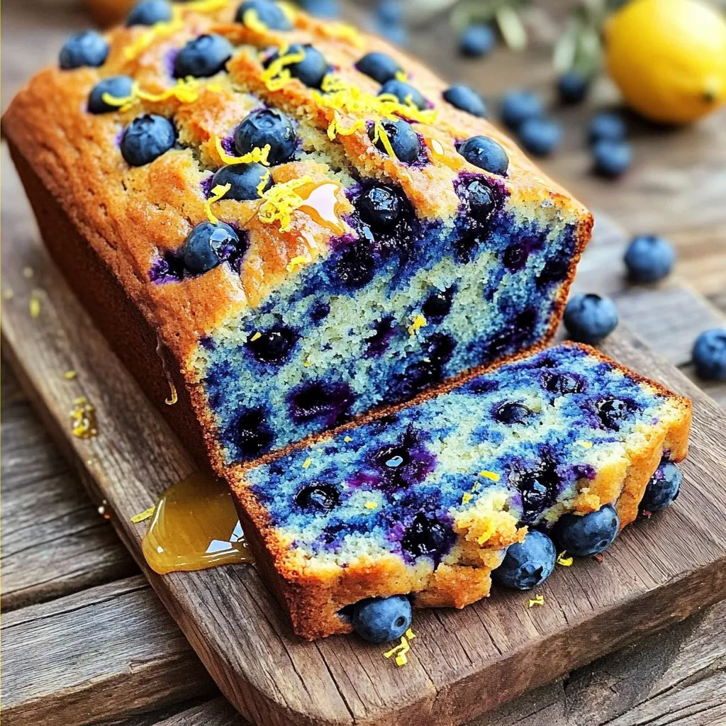- 1 ½ cups all-purpose flour - 1 tsp baking powder - ½ tsp baking soda - ¼ tsp salt - ½ cup granulated sugar - 1 cup Greek yogurt - 2 large eggs - Zest of 1 lemon - 2 tbsp freshly squeezed lemon juice - 1 tsp vanilla extract - 1 cup fresh blueberries - 2 tbsp melted coconut oil or unsalted butter In this recipe, I use a mix of simple ingredients. The dry ingredients create the base. All-purpose flour gives the bread structure. Baking powder and baking soda help the bread rise, while salt adds flavor. The wet ingredients bring moisture and taste. Greek yogurt makes the bread soft and adds protein. The eggs help bind everything together. Lemon zest and juice give a bright, fresh flavor. Vanilla adds warmth and depth to the mix. For the special touch, I add fresh blueberries. They burst with sweetness and flavor. Using fresh blueberries is key. They keep the bread light and fluffy. Finally, I use melted coconut oil or butter for richness. Each ingredient plays a role, creating a perfect balance. Enjoy gathering these simple items to start your baking journey! - Preheat the oven to 350°F (175°C). - Prepare a 9x5-inch loaf pan by greasing it lightly with cooking spray or butter. You can also line it with parchment paper for easy removal later. - In a medium bowl, whisk together 1 ½ cups all-purpose flour, 1 tsp baking powder, ½ tsp baking soda, and ¼ tsp salt. Set this bowl aside. - In a large bowl, combine ½ cup granulated sugar, 1 cup Greek yogurt, and 2 large eggs. Add the zest of 1 lemon, 2 tbsp freshly squeezed lemon juice, and 1 tsp vanilla extract. Whisk these until smooth and creamy. - Gradually add the dry mix to the wet ingredients. Stir gently until just combined. Be careful not to overmix; this keeps the bread light. - Next, fold in 1 cup of fresh blueberries and 2 tbsp of melted coconut oil or unsalted butter. Make sure to distribute the blueberries evenly without breaking them. - Pour the batter into your prepared loaf pan. Use a spatula to smooth the top for an even bake. - Place the loaf pan in the oven and bake for 50 to 65 minutes. To check if it is done, insert a toothpick into the center. It should come out clean or with a few moist crumbs. - After baking, let the bread cool in the pan for about 10 minutes. Then, transfer it to a wire rack to cool completely. To get the best texture in your bread, avoid overmixing the batter. When you mix too much, the bread can turn out dense. You want to stir until just combined, then stop. This keeps the bread light and fluffy. Also, make sure to distribute the blueberries evenly. Fold them in gently to avoid breaking them. This way, each bite will have sweet blueberry goodness. For a rustic look, slice the bread carefully. A serrated knife works best for this. Arrange the slices on a wooden board for a nice touch. You can sprinkle some extra lemon zest on top to add color and flavor. Drizzy honey glaze over the slices gives a sweet finish. This not only makes the bread look appealing but also adds a delicious twist. One big mistake is using frozen blueberries. They can make the bread soggy and change its texture. Always choose fresh blueberries for the best results. Another mistake is not checking your baking temperature. If your oven runs hot or cold, it can affect the bake time. Always use an oven thermometer to ensure it is accurate. This helps your bread bake evenly and perfectly. {{image_4}} You can make this bread even better by adding spices. A pinch of cinnamon or nutmeg gives it a warm twist. You might also try different citrus. Orange or lime zest adds a nice flavor boost that pairs well with blueberries. Feel free to swap out yogurt types. If you are dairy-free, use non-dairy yogurt. It works just as well! For sweetness, you can substitute granulated sugar with honey or maple syrup. Both will add a unique flavor. If you need a gluten-free option, use a gluten-free flour blend. It’s easy to find at most stores. For a vegan alternative, replace the eggs with flax eggs. Use one tablespoon of flaxseed meal mixed with three tablespoons of water for each egg. This keeps the bread moist and delicious. After you bake the Greek yogurt blueberry lemon bread, let it cool completely. Store it in an airtight container. This keeps the bread moist and fresh. You can also wrap it in plastic wrap. Place it in the fridge for up to a week. If you want to enjoy it cold, take it straight from the fridge. For long-term storage, freezing is a great option. Slice the bread before freezing. Wrap each slice in plastic wrap and place them in a freezer bag. This way, you can take out just what you need. To reheat, simply toast a slice or warm it in the microwave for about 20 seconds. Enjoy it warm for the best taste! Greek yogurt blueberry lemon bread stays fresh for about a week in the fridge. If frozen, it can last up to three months. Just remember, the sooner you eat it, the better it tastes. Always check for any signs of spoilage before eating. Enjoy your delicious bread at its best! To check if your bread is done, use a toothpick. Insert it into the center of the bread. If it comes out clean or with a few moist crumbs, the bread is ready. If there’s wet batter on the toothpick, bake it a bit longer. I usually check after 50 minutes. Oven times can vary, so keep an eye on it! You can use frozen blueberries, but they come with pros and cons. Frozen blueberries can make your batter wetter, which may affect the texture. They also may break apart more than fresh ones. Fresh blueberries give the best texture and flavor. If using frozen, do not thaw them first. This helps keep the batter from turning blue. This bread is great on its own. However, you can serve it with butter or cream cheese. A light honey glaze adds a nice touch. You can also pair it with fresh fruit or a dollop of yogurt. For a fun twist, serve it with a cup of tea or coffee. Enjoying it warm makes it even better! In this post, we explored the key ingredients needed to make Greek Yogurt Blueberry Lemon Bread and detailed step-by-step instructions for baking. I shared tips for achieving the perfect texture, avoiding common mistakes, and suggested tasty variations. Remember, the key is to avoid overmixing and to ensure even blueberry distribution. Baking can be fun, and with these easy steps, you can create a homemade treat. Enjoy your baking journey and experiment with flavors!