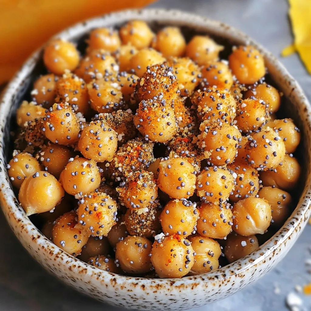 To make Air Fryer Everything Bagel Chickpeas, you need: - 1 can (15 oz) chickpeas, drained and rinsed - 1 tablespoon olive oil - 2 tablespoons everything bagel seasoning - 1/2 teaspoon garlic powder - 1/2 teaspoon onion powder - Salt to taste You can add your twist by using: - A dash of cayenne for heat - Nutritional yeast for a cheesy flavor - Fresh herbs like parsley or dill for freshness - A squeeze of lemon for brightness For this recipe, you'll need: - An air fryer (I recommend the Philips Airfryer or Ninja Foodi) - A medium mixing bowl - A clean kitchen cloth or paper towels - A spatula for tossing the chickpeas Using the right equipment will help you create that perfect crunch. Air fryers vary, so consider your model’s cooking times and adjust if needed. First, set your air fryer to 400°F (200°C). Let it heat for about 5 minutes. This step is key. A hot air fryer cooks the chickpeas evenly and crisply. Open the can of chickpeas and drain the liquid. Rinse them well under cold water. This removes any canning liquid. Next, dry the chickpeas using a clean kitchen towel or paper towels. Patting them dry is crucial. It helps them get crispy during cooking. In a medium bowl, place the dried chickpeas. Pour in 1 tablespoon of olive oil. Then, add 2 tablespoons of everything bagel seasoning. Next, sprinkle in 1/2 teaspoon of garlic powder and 1/2 teaspoon of onion powder. Add salt to taste. Toss gently until all chickpeas are coated. Each bite should be full of flavor. Now, arrange the seasoned chickpeas in a single layer in the air fryer basket. Do not overcrowd them. This allows hot air to circulate and helps them crisp. Cook for 15 to 20 minutes. Halfway through, shake the basket. This promotes even cooking. Watch them closely at the end to prevent burning. When they turn golden brown, they are ready. Carefully take the basket out and let the chickpeas cool for a few minutes. Enjoy your crunchy snack! To get that perfect crunch, start with dry chickpeas. Rinse them well, then dry them using a kitchen towel. Moisture is the enemy here. If they are wet, they won’t crisp up. Spread them in a single layer in the air fryer. Avoid stacking them; this will help air circulate and cook them evenly. I recommend setting your air fryer to 400°F (200°C). This temperature is ideal for cooking chickpeas. Preheat it for about 5 minutes before adding the chickpeas. Cook them for 15 to 20 minutes. Shake the basket halfway through to ensure they cook evenly. Keep an eye on them toward the end to avoid burning. One common mistake is overcrowding the air fryer basket. If you add too many chickpeas, they won't cook well. Another mistake is not drying the chickpeas properly. Excess moisture can lead to soggy snacks. Lastly, don't skip the seasoning! It adds great flavor and enhances the eating experience. {{image_4}} You can switch up the flavor of your Air Fryer Everything Bagel Chickpeas easily. Try using taco seasoning for a zesty twist. A sprinkle of smoked paprika gives a nice smoky flavor. For a sweeter touch, add cinnamon and sugar to your chickpeas. Just remember to adjust the oil and salt accordingly. If you don't have an air fryer, you can still enjoy these crunchy chickpeas. Preheat your oven to 400°F (200°C). Spread the seasoned chickpeas in a single layer on a baking sheet. Bake for 25 to 30 minutes, stirring every ten minutes. This method works well, but keep an eye on them to avoid burning. Air Fryer Everything Bagel Chickpeas make a great snack on their own. You can also use them as a crunchy topping on salads or soups. They pair nicely with hummus or yogurt dips. For a fun twist, toss them into a grain bowl with quinoa and veggies. To keep your Air Fryer Everything Bagel Chickpeas fresh, store them in an airtight container. Wait for them to cool before sealing. This helps maintain their crunch. If you leave them out, they may get soft. You can keep them at room temperature for a day, but fridge storage is better for longer freshness. To reheat chickpeas, use your air fryer again. Preheat it to 400°F (200°C). Place the chickpeas in the basket and cook for about 5 minutes. This will help them regain their crunch. You can also use an oven if needed. Just spread them on a baking sheet and heat at the same temperature. In the fridge, your chickpeas will last for about 3 to 5 days. If you want to store them longer, freezing is a great option. They can stay fresh in the freezer for up to 3 months. Just remember to thaw them before reheating. Enjoy your crunchy snack anytime! Yes, you can use dried chickpeas. First, soak them overnight. Then, cook them until soft. This takes longer than using canned chickpeas. After cooking, follow the same steps for drying and seasoning. Dried chickpeas can taste fresher. To reduce saltiness, skip the added salt in the recipe. The everything bagel seasoning has some salt. If you need more control, use low-sodium seasoning. Taste the chickpeas after cooking to see if they need more flavor. Absolutely! Get creative with spices. You can try paprika for a smoky flavor or cayenne for heat. Herbs like dill or parsley can add freshness. Mix and match to find your favorite taste. Just be mindful of the amounts to keep balance. These chickpeas are great on their own. You can also use them as a salad topping. They add crunch to rice bowls or soups. Try them with dips like hummus or tzatziki. Serve them at parties for a fun snack! In this post, we covered how to make Air Fryer Everything Bagel Chickpeas. You learned about the key ingredients, optional add-ins, and the right gear for cooking. We detailed the step-by-step method and shared tips for a perfect crunch. Variations and storage tips helped you explore different flavors and ensure freshness. Enjoy experimenting with variations. These chickpeas are tasty and versatile, perfect for snacks or meals.