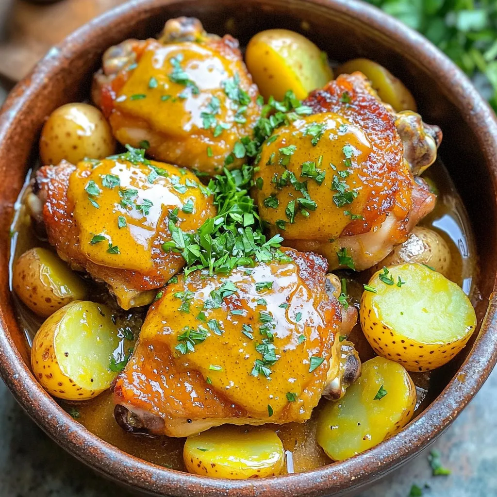 - 4 boneless, skinless chicken thighs - 2 tablespoons Dijon mustard - 2 tablespoons honey - 1 tablespoon extra virgin olive oil - 4 cups baby potatoes - 1 teaspoon garlic powder - 1 teaspoon onion powder - 1 teaspoon dried thyme - 1 cup low-sodium chicken broth - Salt and freshly ground black pepper - Fresh parsley, finely chopped To make Slow Cooker Honey Mustard Chicken and Potatoes, gather these fresh ingredients. The chicken thighs form the main part of this dish. They cook up tender and juicy, soaking in the flavors. The Dijon mustard and honey create a sweet and tangy sauce. This sauce is key to the dish's taste. Next, baby potatoes add heartiness. Their creamy texture contrasts well with the chicken. I always use baby potatoes as they cook evenly in the slow cooker. For seasonings, garlic powder, onion powder, and dried thyme add depth. They enhance the dish without overpowering it. The low-sodium chicken broth ensures moisture and flavor. It helps the chicken stay tender while cooking. Finally, fresh parsley adds a pop of color and freshness when serving. This simple garnish makes the dish look inviting and bright. Make sure to measure each ingredient carefully. This balance of flavors creates a delightful meal for you and your family. Start by grabbing a medium mixing bowl. In it, whisk together these ingredients: - 2 tablespoons Dijon mustard - 2 tablespoons honey - 1 tablespoon extra virgin olive oil - 1 teaspoon garlic powder - 1 teaspoon onion powder - 1 teaspoon dried thyme - Salt and pepper to taste Mix until the sauce is smooth and well combined. This mixture adds a sweet and tangy taste to your dish. Next, arrange the chicken thighs in the bottom of the slow cooker. Make sure they lay flat and are not overlapping. Pour half of the honey mustard mixture over the chicken. This step coats the chicken nicely. Now, take the halved baby potatoes and place them on top of the chicken. Spread them out evenly. Pour the rest of the honey mustard sauce over the potatoes. This ensures every bite is packed with flavor. To help the dish cook well, drizzle the chicken broth around the edges of the slow cooker. This keeps the chicken juicy and the potatoes tender. Set your slow cooker to low for 6-8 hours or high for 3-4 hours. The chicken is done when it is tender and reaches an internal temperature of 165°F. You can easily pierce the potatoes with a fork, too. Enjoy the wonderful aroma while it cooks! To make sure your chicken is just right, check its internal temperature. It should reach 165°F. This ensures it is safe to eat and not dry. After cooking, taste the dish and adjust the seasoning before serving. A bit more salt or pepper can bring out the flavors. Layering is key for even cooking. Start by placing the chicken thighs at the bottom of the slow cooker. This allows them to soak up all the flavors. Next, add the halved baby potatoes on top of the chicken. Finish by pouring the remaining honey mustard mixture over the potatoes. This setup lets everything cook together nicely. When it's time to serve, use vibrant bowls. This makes your dish look inviting. Serve the chicken and potatoes straight from the slow cooker. Drizzle some sauce from the pot over the top. Finally, sprinkle fresh parsley for a pop of color. This simple touch makes your meal look gourmet. {{image_4}} You can swap out chicken thighs for chicken breasts. Breasts will cook faster but stay moist with the sauce. You can also try using turkey thighs for a lean option. For vegetables, consider adding carrots or green beans. They add color and nutrition and cook well in the slow cooker. To boost flavor, add spices like paprika or cayenne pepper. Paprika gives a sweet and smoky taste, while cayenne adds heat. You can also use whole grain mustard for a tangy twist. Honey mustard blends well, but experimenting with flavors can make the dish unique. If you want a low-carb meal, replace potatoes with cauliflower. Cauliflower cooks nicely and absorbs the sauce flavor. For gluten-free diets, ensure the mustard is gluten-free. Most mustards are safe, but always check the label. These swaps keep the meal tasty and healthy for everyone. Store your leftovers in airtight containers. This keeps the food fresh and safe. You can enjoy your meal for up to three days in the fridge. To freeze leftovers, first let them cool completely. Then, place them in freezer-safe bags or containers. Be sure to remove as much air as possible. Your Honey Mustard Chicken and Potatoes can last up to three months in the freezer. When you're ready to eat, thaw overnight in the fridge. For reheating, you can use the microwave or oven. If using the microwave, heat on medium power for about 2-4 minutes. Stir halfway to ensure even heating. If using the oven, preheat to 350°F. Place the chicken and potatoes in an oven-safe dish, cover with foil, and heat for about 15-20 minutes. Always check that the food is hot throughout before serving. Yes, you can use frozen chicken thighs. Just keep in mind that cooking time may change. If you start with frozen chicken, increase the cooking time by 1 to 2 hours on low. On high, add about 30 minutes to 1 hour. Always check that the chicken reaches 165°F inside. To check if the chicken is done, use a meat thermometer. The safe internal temperature is 165°F. You can also cut into the chicken. If the meat is no longer pink and juices run clear, it is ready. The potatoes should be soft and easily pierced with a fork. You can pair this dish with many sides. Consider these options: - Steamed green beans - Roasted carrots - A fresh garden salad - Quinoa or rice These sides add color and balance to your meal. Enjoy! This blog covered a tasty recipe for honey mustard chicken and potatoes. You learned about the main ingredients, cooking steps, and helpful tips. We also explored flavor variations and storage methods. As you make this dish, remember to enjoy the cooking process. With a few tweaks, you can make it your own. This meal is not just easy; it’s also delicious and versatile. Happy cooking!