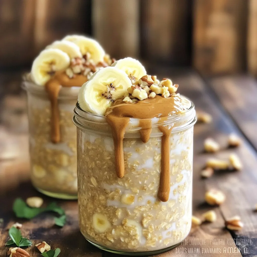 * 1 cup rolled oats * 2 cups almond milk (or your preferred milk) * 1 ripe banana, mashed until smooth * 2 tablespoons peanut butter (choose between smooth or crunchy) * 1 tablespoon chia seeds * 1 tablespoon honey or maple syrup, to taste (optional) * 1/2 teaspoon vanilla extract * A pinch of salt * Sliced banana and chopped nuts (e.g., walnuts, almonds) for topping You can switch up the milk based on your tastes. Almond milk is a popular choice, but any milk works. Try oat milk for a creamier texture or coconut milk for a tropical twist. If you want to skip dairy, use nut or soy milk. For sweeteners, honey adds nice flavor, but maple syrup is a great vegan option. If you want to skip the sweetener, that’s fine too; the banana adds natural sweetness. You can also swap the peanut butter for almond or cashew butter if you prefer. This recipe gives you a good mix of carbs, protein, and healthy fats. One serving has about: * Calories: 350-400 (varies with milk and sweetener) * Protein: 10-12 grams * Fiber: 8-10 grams * Sugar: 8-12 grams (mostly from the banana and sweetener) Peanut butter adds healthy fats and protein, while oats provide fiber. Chia seeds add omega-3s and extra fiber. This meal will keep you full and energized, making it an ideal breakfast choice. To make Peanut Butter Banana Overnight Oats, start by gathering your ingredients. You need 1 cup of rolled oats and 2 cups of almond milk. Next, mash 1 ripe banana in a bowl until it's smooth. This gives your oats a sweet taste. In a medium bowl, mix the oats with the almond milk. Stir in the mashed banana well, so the banana spreads throughout. Add 2 tablespoons of peanut butter, either smooth or crunchy. Then, toss in 1 tablespoon of chia seeds. If you like it sweet, add 1 tablespoon of honey or maple syrup. Don’t forget 1/2 teaspoon of vanilla extract and a pinch of salt. Mix everything until it's well combined. When you mix, use a sturdy spoon or spatula. This helps break up any clumps. Make sure the peanut butter mixes in well for a creamy texture. If you want a more even blend, try using a whisk. It can help mix the banana and peanut butter better. Taste the mixture, and adjust sweetness if needed. You can always add more honey or syrup if you like it sweeter. Once mixed, divide the oat mixture into two jars or airtight containers. This keeps them fresh and easy to grab. Seal each jar tightly with a lid. Make sure there’s no air inside the jars. Place the jars in the fridge. Let them sit overnight or for at least 4-5 hours. This soaking time makes the oats soft and creamy. When you're ready to eat, stir the mixture again. If it’s too thick, add a splash of almond milk to make it smoother. Enjoy! To make great overnight oats, start with rolled oats. They soak up liquid well. Avoid quick oats, as they turn mushy. Use a jar or container with a tight lid. This keeps your oats fresh. Always mix the ingredients well. It helps distribute flavors evenly. Let the oats sit overnight for the best texture. This allows the oats to absorb the milk fully. Sweetness is personal. If you like it sweet, add honey or maple syrup. Start with one tablespoon. You can always add more later. For a creamier mix, use more milk. If it’s too thick, splash in extra almond milk. Taste your oats before serving. This helps you find the right balance. Serving can be fun! Use the jars for a rustic look. Top with fresh banana slices and chopped nuts. This adds color and crunch. For extra flair, drizzle more peanut butter on top. A sprinkle of chia seeds can also enhance the look. Make it appealing, and enjoy every bite! {{image_4}} You can make your peanut butter banana overnight oats even better. Try adding chocolate chips for a sweet twist. Dark chocolate pairs well with banana and peanut butter. You can also mix in fresh berries, like strawberries or blueberries. They add color and a fruity burst to each bite. If you want a tropical vibe, add some shredded coconut. Each flavor change can create a new breakfast favorite. Making this recipe fit your diet is easy. To make it vegan, use maple syrup instead of honey. You can also switch almond milk for oat or coconut milk if preferred. For gluten-free oats, simply check that your oats are certified gluten-free. These swaps keep the taste good while meeting your dietary needs. Toppings can elevate your oats from good to great. Add sliced almonds or walnuts for crunch. Chia seeds also boost nutrition and texture. If you want more sweetness, drizzle extra honey or maple syrup on top. Fresh fruit like raspberries or kiwi can add brightness. Mixing different toppings keeps each bowl exciting and fun! Store any leftover peanut butter banana overnight oats in airtight containers. This keeps the oats fresh and tasty. You can use jars or plastic containers. Make sure to seal them well. Place them in the refrigerator right after you prepare them. This helps maintain the creamy texture. Peanut butter banana overnight oats last about 3 to 5 days in the fridge. They stay safe to eat during this time. After that, the oats may become too mushy or lose flavor. To enjoy them at their best, eat them within this time frame. Always check for any signs of spoilage, like an off smell or strange texture. To make meal prep easier, prepare multiple servings at once. You can double or triple the recipe. Divide the mixture into jars for quick breakfasts. Feel free to switch up the toppings each day. This keeps your meals fun and varied. Also, remember to label your jars with dates. This will help you keep track of freshness. Yes, you can skip chia seeds. They add texture and some nutrition, but they are not essential. If you leave them out, your oats will still be tasty and creamy. You might want to add a bit more peanut butter or a few extra nuts for added texture. You can store your overnight oats in the fridge for up to five days. Just make sure to keep them in a sealed jar or container. This makes them great for meal prep! Each day, the flavors will blend, making your oats even better. Yes, feel free to swap out peanut butter for your favorite nut butter. Almond butter or cashew butter both work well too. Choose a nut butter that you love. Each will give the oats a unique flavor and texture. You learned how to make Peanut Butter Banana Overnight Oats easily. We covered the ingredients, steps, tips, and variations to help you enjoy this dish. Remember, you can switch ingredients to fit your taste. Storing leftovers is simple, and meal prep can save time. I encourage you to try different flavors and toppings. Get creative! This dish is not only tasty but also good for you. Enjoy your journey with overnight oats!