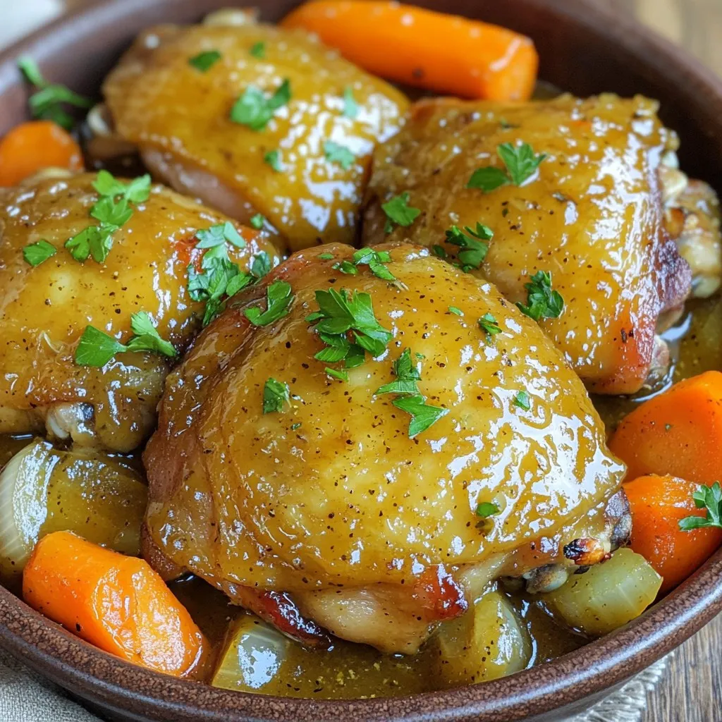 - Chicken and Vegetable Components - 4 boneless, skinless chicken thighs - 4 large carrots, peeled and cut into 1-inch pieces - 1 large onion, sliced into rings - 3 cloves garlic, finely minced - Sauce Ingredients - 1/2 cup pure maple syrup - 1/4 cup Dijon mustard - 1 tablespoon apple cider vinegar - 1 teaspoon dried thyme - 1 teaspoon salt - 1/2 teaspoon freshly ground black pepper - Optional Ingredients for Extra Flavor - 1/4 teaspoon cayenne pepper (for an extra kick) - Fresh parsley, chopped (for garnish) This list includes all the key items you need to create this delicious dish. The chicken and vegetables form a hearty base. The sauce, made with maple syrup and Dijon mustard, brings a sweet and tangy flavor. You can add cayenne pepper if you like heat. Fresh parsley adds color and a pop of freshness. Gather these ingredients before you start cooking for a smooth and fun experience. Mixing the Ingredients Start by taking a medium bowl. Add 1/2 cup of pure maple syrup. Next, add 1/4 cup of Dijon mustard. Then, pour in 1 tablespoon of apple cider vinegar. Now sprinkle in 1 teaspoon of dried thyme, 1 teaspoon of salt, and 1/2 teaspoon of freshly ground black pepper. If you like some heat, add 1/4 teaspoon of cayenne pepper. Whisk all these ingredients together until they blend well. Ensuring a Smooth Consistency Make sure your sauce is smooth. This means whisking until there are no lumps. A smooth sauce covers the chicken better. It helps to keep the chicken moist and tasty. Creating the Vegetable Bed Grab your slow cooker. Start by layering the sliced onion on the bottom. Then, add the carrot pieces. This veggie bed gives flavor to the chicken. It also helps to keep the chicken from sticking to the pot. Placement of Chicken Thighs Now, place 4 boneless, skinless chicken thighs on top of the veggies. Make sure each thigh fits well among the carrots and onions. This placement helps the chicken soak up all the good flavors. Setting the Slow Cooker Put the lid on your slow cooker. Set it to low for 6 to 8 hours. If you're in a hurry, set it to high for 3 to 4 hours. Cook until the chicken reaches an internal temperature of 165°F (75°C). Importance of Stirring Before Serving About 30 minutes before serving, gently stir the mix in the slow cooker. This step helps to blend the flavors better. It also lets the veggies soak in the sauce more fully. Low vs. High Settings Using the low setting cooks the chicken for 6-8 hours. This makes the meat very tender. If you're short on time, use the high setting for 3-4 hours. Both methods yield great results, but low gives a richer flavor. Achieving Perfect Chicken Tenderness To get tender chicken, avoid lifting the lid too often. Every time you open it, heat escapes. Trust the slow cooker. When the chicken reaches 165°F (75°C), it’s done. Best Sides to Accompany the Dish This dish pairs well with steamed rice or crusty bread. Both soak up the tasty sauce. You might also enjoy a side of green beans or a fresh salad. Each adds color and crunch. Presentation Ideas for a Beautiful Serving For a pretty display, serve on a large platter. Add a sprinkle of chopped parsley on top. This adds a pop of color. Use a ladle to drizzle extra sauce over the chicken and carrots for added flavor. Modifications for a Spicier Dish If you like heat, add more cayenne pepper. Start with a full teaspoon for a big kick. You can also try adding diced jalapeños or crushed red pepper flakes for more spice. Suggestions for Additional Herbs For added flavor, consider using rosemary or oregano. You can mix these with the thyme in the sauce. Fresh herbs can also brighten the dish. Just add them right before serving for the best taste. {{image_4}} Alternatives for Chicken Thighs You can swap chicken thighs for chicken breasts. Breasts cook faster. If you prefer, try turkey thighs for a different flavor. Different Vegetables to Use Feel free to mix in other veggies. Potatoes or sweet potatoes work well. Green beans or bell peppers add nice color and texture. Gluten-Free Options This dish is already gluten-free. Just ensure your Dijon mustard is gluten-free. Most brands are safe, but check the label to be sure. Making it Dairy-Free This recipe does not call for dairy, making it easy to keep dairy-free. Enjoy it guilt-free if you have lactose issues. Instant Pot Adaptation You can make this in an Instant Pot! Use the sauté function to brown the chicken first. Add the sauce and veggies, then cook on high for 10 minutes. Oven-Baking Method For oven-baking, preheat to 375°F (190°C). Place chicken and veggies in a baking dish. Pour sauce over everything and cover with foil. Bake for 45-55 minutes until the chicken is done. To store your Slow Cooker Maple Dijon Chicken and Carrots, let it cool first. Place leftovers in an airtight container. This keeps the dish fresh and safe. You can store it in the fridge for up to three days. If you want to enjoy it later, freezing is a great option. For best results, freeze the chicken and carrots after they cool. Use freezer-safe bags or containers. Remove as much air as possible to avoid freezer burn. This dish can last up to three months in the freezer. When you are ready to eat, thaw it overnight in the fridge. Reheat it on low heat in a skillet or the microwave. For best quality, add a splash of water or broth to keep it moist. Enjoy every bit of this tasty meal! Yes, you can use chicken breasts. However, cooking times change. Chicken thighs cook well in the slow cooker because they stay moist. If you use breasts, cook them for 4-6 hours on low or 2-3 hours on high. Check the internal temperature. It should reach 165°F (75°C) for safety. Here are some tasty side dishes to serve: - Steamed rice - Mashed potatoes - Crusty bread - Roasted vegetables - Green salad These sides complement the chicken's sweet and tangy sauce. They also help balance the meal. To add heat, try these suggestions: - Add 1 teaspoon of red pepper flakes. - Use more cayenne pepper than the recipe calls for. - Mix in some diced jalapeños or serrano peppers. These additions will give your dish a nice kick! Adjust the spice level to your taste. This blog post covered all you need for a tasty Slow Cooker Maple Dijon Chicken. We explored the key ingredients, from chicken to vegetables and sauces. I shared step-by-step instructions for making it smooth and flavorful. You learned tips for perfect cooking and serving, plus variations to fit your needs. Remember, you can customize recipes, adjust cooking methods, and store leftovers safely. This dish offers great taste and is easy to prepare. Enjoy making it your own!